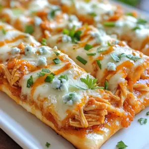The ingredients for Buffalo Chicken Flatbread are simple yet full of flavor. Here&rsquo;s what you need: - 1 cup cooked chicken, shredded - &frac12; cup spicy buffalo sauce - 1 large flatbread, store-bought or homemade - 1 cup shredded mozzarella cheese - &frac14; cup blue cheese crumbles (optional) - 1 tablespoon extra virgin olive oil - 2 green onions, sliced - 1 tablespoon fresh parsley, chopped - Salt and black pepper to taste Using cooked chicken makes this dish quick. You can grab it from a rotisserie chicken or cook it yourself. The buffalo sauce gives it that signature kick. Adjust it to your taste for heat. Flatbread is a great base. You can use store-bought for speed or make your own for fun. Shredded mozzarella brings gooeyness, and blue cheese adds bold flavor, but it&rsquo;s optional. Brushing the flatbread with olive oil adds richness and crispness. Slicing green onions and parsley gives a fresh touch. Finally, don&rsquo;t forget salt and pepper to enhance all the flavors. With these ingredients, you will create a tasty meal that&rsquo;s easy to make and great to share! {{ingredient_image_2}} Set your oven to 400&deg;F (200&deg;C). Preheating is key for even baking. It helps the flatbread turn golden and crispy. In a bowl, mix 1 cup of shredded chicken with &frac12; cup of buffalo sauce. Stir until the chicken is well coated. If you like it spicy, add more sauce. For less heat, use less. Take your flatbread and brush one side with 1 tablespoon of olive oil. This adds flavor and helps with crispiness. Spread the buffalo chicken mixture evenly over the oiled side. Place the flatbread on a baking sheet. Bake it for 15-20 minutes. Look for melted cheese and golden edges to know it&rsquo;s done. After baking, let the flatbread cool for a few minutes. This makes slicing easier. Top with sliced green onions and chopped parsley for color. Cut into pieces and serve! You can easily adjust the heat of your buffalo chicken flatbread. Start with &frac12; cup of buffalo sauce. If you want more spice, add a little more sauce. If you prefer less heat, use less. You can mix in a little honey to balance the spice. This will give you a sweet and spicy flavor. Adding toppings can take your flatbread to the next level. Here are some ideas: - Avocado slices: Creamy and smooth. - Cherry tomatoes: Fresh and juicy. - Jalape&ntilde;os: For an extra kick. - Cilantro or basil: Bright herbs for a fresh taste. Feel free to mix and match these toppings to create your perfect flatbread. Pair your buffalo chicken flatbread with some tasty sides. Here are a few ideas: - Celery sticks: Crunchy and refreshing. - Carrot sticks: Sweet and healthy. - Ranch or blue cheese dip: Perfect for dipping. - A light salad: To balance the richness of the flatbread. These sides will enhance your meal and add variety to your plate. Pro Tips Adjust the Heat: If you prefer a milder flavor, consider mixing the buffalo sauce with a bit of ranch dressing to tone down the spice while still keeping the essence of buffalo chicken. Make it Crispy: For an extra crispy flatbread, bake it for a few minutes before adding the toppings. This helps create a solid base that won't get soggy. Experiment with Cheeses: While mozzarella is a classic choice, try adding other cheeses like cheddar or pepper jack for a unique flavor twist! Fresh Ingredients Matter: Use fresh herbs and toppings for garnish. They not only enhance the flavor but also add a pop of color to your dish. {{image_4}} To make a vegetarian buffalo flatbread, swap out the chicken for plant-based options. You can use shredded jackfruit or a mix of roasted cauliflower and chickpeas. Both options bring great texture and flavor. Toss these ingredients with buffalo sauce just like you would with chicken. This gives you that spicy kick without the meat. While mozzarella is a classic choice, you can try different cheeses. Cheddar adds a sharp flavor that pairs well with buffalo sauce. Feta cheese offers a tangy twist and complements the spicy notes. Feel free to mix and match cheeses to find your perfect combination. The choice of cheese can change the whole dish! Seasonal toppings can elevate your flatbread. In spring, add fresh asparagus or peas for a crisp bite. In summer, try sliced tomatoes or roasted zucchini. Fall brings pumpkin or butternut squash, adding sweetness. In winter, top with saut&eacute;ed kale or Brussels sprouts for a hearty meal. These toppings not only add flavor but also color and nutrition. To keep your buffalo chicken flatbread fresh, let it cool first. Wrap it in plastic wrap or place it in an airtight container. This helps prevent it from drying out. Store it in the fridge for the best results. Make sure to use it within three days for the best flavor. When you&rsquo;re ready to eat your leftovers, reheat them carefully. The best way is to use the oven. Preheat your oven to 350&deg;F (175&deg;C). Place the flatbread on a baking sheet and heat it for about 10 minutes. This keeps the crust crispy and the cheese melty. You can also use a skillet on medium heat. Just heat it for a few minutes on each side. Buffalo chicken flatbread stays good in the fridge for up to three days. If you want to keep it longer, consider freezing it. Wrap it tightly in foil and place it in a freezer bag. It can last up to three months in the freezer. When you&rsquo;re ready to eat, thaw it in the fridge overnight before reheating. Yes, you can use frozen flatbread for this recipe. Store-bought frozen flatbreads are quick and easy. They save time and still taste good. Just follow the package instructions for baking. You may need to adjust the baking time a bit. Look for flatbreads that are plain or seasoned. If you want a different flavor, try using BBQ sauce or hot sauce. You can mix hot sauce with ranch dressing for a creamy twist. Other options include sriracha or teriyaki sauce. Each choice gives a unique taste to your flatbread. Yes, this recipe works great for meal prep. You can make it ahead of time and store it. Just prepare the flatbread and toppings, but don&rsquo;t bake it yet. Store the unbaked flatbread in the fridge for up to 2 days. When ready to eat, just bake it until hot. Making your own buffalo sauce is easy! Just mix &frac12; cup of hot sauce with &frac14; cup of melted butter. Stir in a teaspoon of garlic powder and a pinch of salt. Adjust the heat by adding more hot sauce if you like it spicier. This gives you a fresh, homemade flavor. Yes, you can make this dish gluten-free. Look for gluten-free flatbread at the store. You can also use gluten-free tortillas as a base. Just check the labels to ensure they are gluten-free. This way, everyone can enjoy the buffalo chicken flatbread! You learned how to make buffalo chicken flatbread, from mixing the filling to baking it. Don't forget the tips for adjusting spice and adding toppings. You can even switch to vegetarian options or different cheeses. Store leftovers properly to enjoy later. With this recipe, your meals can be tasty and fun. Enjoy creating unique flavors that fit your taste. This dish is perfect for gatherings or a quick dinner at home. Get cooking today and share your tasty creation!