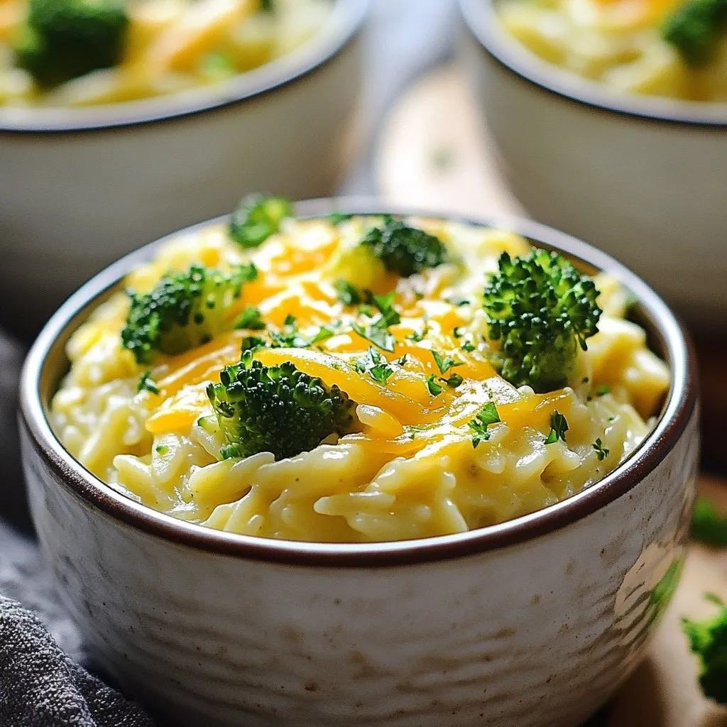 To make this easy dish, you need: - 1 cup orzo pasta - 2 cups vegetable broth - 1 cup broccoli florets, fresh or frozen - 1 cup shredded sharp cheddar cheese, preferably aged - 1 small onion, diced finely - 2 cloves garlic, minced - 1 tablespoon extra virgin olive oil - 1 teaspoon Dijon mustard - Salt and freshly ground black pepper, to taste - 1/4 cup heavy cream (or a plant-based alternative for a lighter option) These ingredients work together to create a creamy and flavorful meal. The orzo pasta is the star, soaking up all the delicious flavors. The broccoli adds a nice crunch and bright color. You can enhance the taste of your orzo with: - A pinch of red pepper flakes for an added kick This adds a subtle heat, making the dish even more interesting. Adjust the amount based on your spice preference. If you have special dietary needs, consider these swaps: - Use gluten-free orzo for a gluten-free option. - Swap heavy cream for a plant-based cream to make it dairy-free. - Choose nutritional yeast instead of cheese for a vegan twist. These substitutions keep the dish tasty while meeting your dietary needs. Enjoy customizing this recipe to fit your lifestyle! {{ingredient_image_2}} Start by heating olive oil in a large pot over medium heat. Once hot, add the diced onion. Cook it for about 3-4 minutes. The onion should turn soft and clear. Next, add the minced garlic. Stir it for one minute until it smells good, but don’t let it brown. Add the orzo pasta to the pot. Toast it lightly for 2 minutes. Stir often to get even toasting. This step makes the orzo taste better. Now, pour in the vegetable broth. Turn up the heat to bring it to a boil. Once it boils, lower the heat to a gentle simmer. Add the broccoli florets and cover the pot. Cook for 8-10 minutes. Stir occasionally until the orzo is tender and has soaked up most of the broth. When the orzo is just right, mix in the shredded cheddar cheese. Add the Dijon mustard and heavy cream. Stir until the cheese melts and everything blends into a creamy sauce. Taste it! You can add salt, black pepper, and even red pepper flakes if you like some heat. If it’s too thick, pour in a little more broth or cream to adjust. Let it sit for 2 minutes off the heat. This helps the dish thicken a bit more. Serve warm, and enjoy your meal! Toasting orzo is simple and fun. Heat your pot on medium. Add olive oil, then the orzo. Stir it often for about two minutes. You want a light golden color. This step adds nice flavor to the dish. It brings out the nutty taste in the orzo. Don’t rush this step; it makes a big difference. Good seasoning can change everything. Start with salt and pepper. Add them at different stages. When you add the broth, toss in some salt. This helps the orzo soak up the flavor. After mixing in cheese, taste it again. If it needs more, add a pinch. For a little heat, consider a pinch of red pepper flakes. They give a nice kick. Creaminess is key in this dish. Use heavy cream for the best texture. Stir it in after the orzo is cooked. It will help the cheese melt better. If you want a lighter dish, try a plant-based cream. If it feels too thick, add a bit of broth. This keeps your orzo smooth and easy to eat. Pro Tips Use Fresh Broccoli: Fresh broccoli florets will provide a better texture and flavor compared to frozen. If using frozen, make sure they are thawed and drained well before adding them to the dish. Cheese Variations: Experiment with different types of cheese such as gouda or fontina for a unique twist. A mix of cheeses can create a more complex flavor profile. Make it Vegan: For a vegan version, use plant-based cheese and cream, and ensure the vegetable broth is free from animal products. This keeps the dish creamy without dairy. Leftover Magic: This dish reheats wonderfully, making it an excellent option for meal prep. Store leftovers in an airtight container in the fridge for up to 3 days. {{image_4}} You can add chicken or tofu for extra protein. If you like chicken, use cooked, diced pieces. You can stir them in during the last few minutes of cooking. If you prefer tofu, use firm tofu. Dice it and sauté it with the onion. This gives a nice texture and flavor to the dish. For a vegetarian option, just skip the chicken. The recipe is already vegetarian with cheese and cream. To make it vegan, use plant-based cheese and a non-dairy cream. You can also use vegetable broth. This keeps the dish creamy and delicious without dairy. You can make this dish more exciting with herbs and spices. Fresh herbs like basil or thyme work well. Add them at the end for a fresh taste. For a bit of heat, try red pepper flakes or chili powder. You can also add garlic powder or onion powder for more flavor. Experimenting with these can change the whole dish! To keep your One-Pot Broccoli Cheddar Orzo fresh, let it cool first. Then, place it in an airtight container. It will last in the fridge for about 3 to 5 days. Make sure to label the container with the date. This step helps you track how long it has been stored. When you are ready to enjoy leftovers, reheat gently. You can use a microwave or a pot on the stove. If using a microwave, heat in 30-second intervals. Stir between each interval to ensure even warming. On the stove, add a splash of vegetable broth or cream. This helps restore the creamy texture. You can freeze One-Pot Broccoli Cheddar Orzo, but it may change texture. To freeze, let it cool and store it in freezer-safe containers. It will keep well for about 2 to 3 months. When ready to eat, thaw it in the fridge overnight. Reheat it gently, adding a bit of liquid to help with creaminess. Yes, you can make this dish ahead of time. Prepare it fully, let it cool, and store it in the fridge. It stays fresh for about three days. When you are ready to eat, just reheat it on the stove. Add a splash of broth or cream to keep it creamy. To make One-Pot Broccoli Cheddar Orzo gluten-free, swap the orzo with gluten-free pasta. You can find orzo made from rice or quinoa. Check the vegetable broth label to ensure it's gluten-free. This way, you still enjoy the same creamy taste without gluten. This dish pairs well with simple sides. Here are some ideas: - A light salad with lemon vinaigrette - Garlic bread for a crunchy side - Steamed vegetables for added nutrition - Grilled chicken or shrimp for extra protein These sides enhance the meal and add variety to your dinner. In this post, we explored the tasty world of One-Pot Broccoli Cheddar Orzo. We covered key ingredients, how to cook them, and fun variations. You can add protein or change flavors to suit your needs. Remember to store leftovers right for the best taste later. This dish is simple and flexible, making it perfect for everyone. Enjoy making this comforting meal whenever you want!