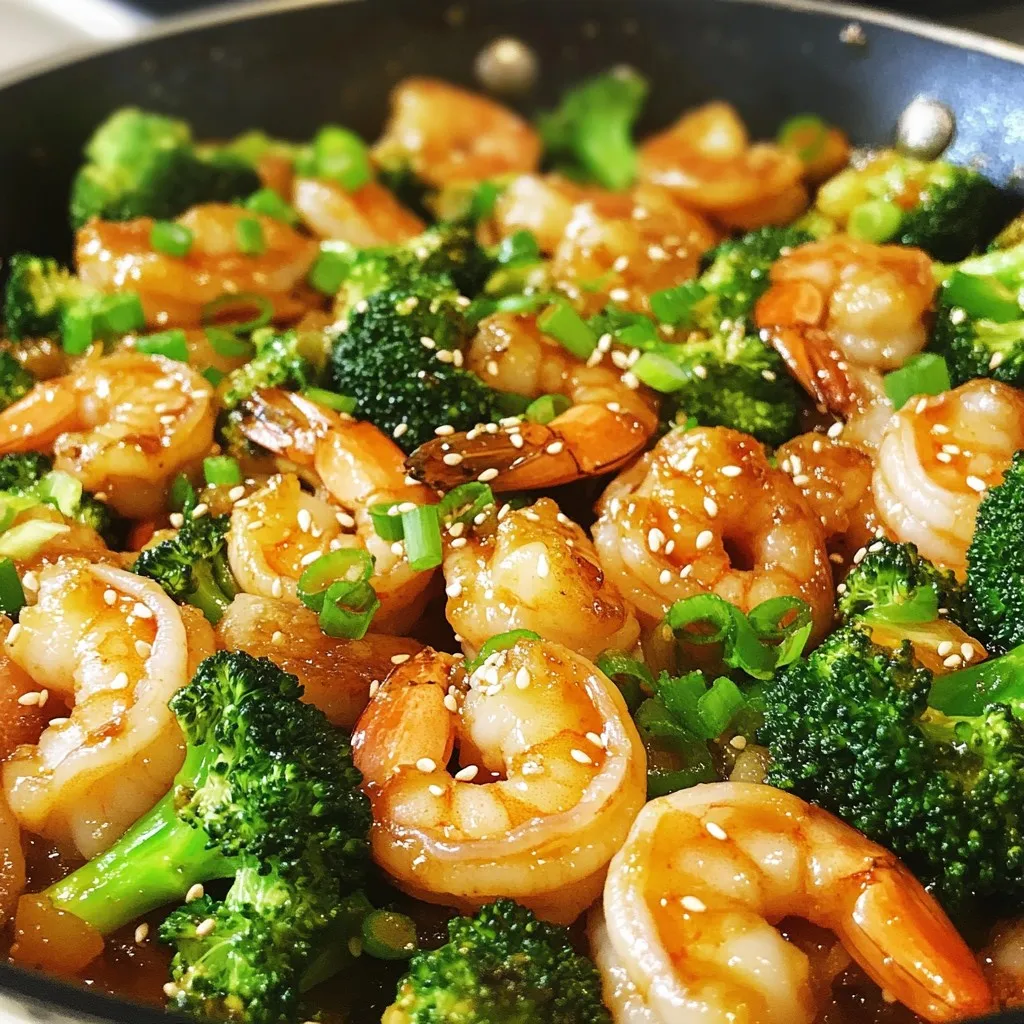 - 1 pound large shrimp, peeled and deveined - 2 cups fresh broccoli florets - 1 tablespoon olive oil - 3 cloves garlic, finely minced - 1 teaspoon fresh ginger, grated - 1/4 cup low-sodium chicken broth - 2 tablespoons soy sauce or tamari - 1 teaspoon sesame oil - Salt and freshly ground pepper to taste - 1/2 teaspoon red pepper flakes (optional for an extra kick) - 2 green onions, finely chopped - Toasted sesame seeds I love using fresh ingredients for this dish. The shrimp adds a sweet flavor, while the broccoli gives a nice crunch. For the main ingredients, I always choose large shrimp. They cook faster and taste great. Fresh broccoli keeps its bright color and crispness when cooked right. Olive oil is my go-to for sautéing. It brings a nice richness to the dish. I add garlic and ginger for a punch of flavor. When it comes to flavorings, low-sodium chicken broth adds depth without too much salt. Soy sauce or tamari gives it a savory taste. Sesame oil adds a nutty twist. I suggest using salt and pepper to season as you like. The red pepper flakes can give it a little heat, if that's your thing! For garnishing, green onions add a pop of color and freshness. Toasted sesame seeds provide a delightful crunch. They really enhance the dish! This combination of ingredients creates a balanced and tasty meal. Enjoy making it! {{ingredient_image_2}} First, heat 1 tablespoon of olive oil in a large skillet over medium heat. Once the oil is hot, add 3 cloves of finely minced garlic and 1 teaspoon of grated ginger. Stir them often for about 1 to 2 minutes. You want the garlic to be fragrant and lightly golden, but not burnt. Next, add 2 cups of fresh broccoli florets to the skillet. Pour in 1/4 cup of low-sodium chicken broth. Cover the skillet with a lid and let the broccoli steam for 3 to 4 minutes. This will make the broccoli bright green and tender-crisp. After steaming the broccoli, push it to one side of the skillet. Now, add 1 pound of peeled and deveined shrimp to the empty side. Season the shrimp with salt, freshly ground pepper, and 1/2 teaspoon of red pepper flakes for an extra kick. Cook the shrimp for about 2 to 3 minutes. They will turn pink and opaque when done. Finally, drizzle 2 tablespoons of soy sauce and 1 teaspoon of sesame oil over both the shrimp and broccoli. Stir everything together and heat it through for an additional 2 minutes. This will blend all the flavors nicely. Serve it warm. For a finishing touch, add chopped green onions and toasted sesame seeds on top. - Use fresh shrimp for the best taste. Fresh shrimp adds a sweet, briny flavor to the dish. - Avoid overcooking broccoli. This keeps it bright green and crisp. Cook it just until tender. - Serve the dish in a colorful bowl. This makes it look more appetizing. - Add lemon wedges around the bowl for a fresh touch. The lemon brightens the flavors and adds a zing. - Try adding more spices like paprika or cumin. These spices can give your dish a new twist. - You can swap soy sauce for coconut aminos for a different taste. This makes it a great gluten-free option. Pro Tips Choose Fresh Shrimp: Opt for large, fresh shrimp for the best flavor and texture. If using frozen, ensure they are completely thawed before cooking. Perfectly Cooked Broccoli: To maintain the vibrant color and crunch of broccoli, avoid overcooking. Steam just until tender-crisp for optimal results. Adjust Seasoning: Feel free to adjust the amount of soy sauce and red pepper flakes to suit your taste preferences. A touch of lime juice can also elevate the dish. Presentation Matters: For an eye-catching presentation, serve in a colorful bowl and garnish with additional green onions and sesame seeds just before serving. {{image_4}} You can swap out broccoli for other low-carb veggies. Try zucchini, bell peppers, or asparagus. These options add different textures and flavors. Seasonal veggies like green beans or cauliflower also work great. Using what's in season can boost the taste. If you want to change the protein, chicken or tofu are good choices. For seafood lovers, scallops or fish can fit well too. Just remember, different proteins need different cooking times. Chicken needs more time, about 5-6 minutes. Tofu cooks quickly, taking about 3-4 minutes. Check for doneness to ensure safe eating. You can play with sauces to make this dish even better. Try teriyaki sauce for a sweet twist or sriracha for heat. Mixing in lemon juice adds a fresh zing. If you watch your sodium, use low-sodium soy sauce. Sugar-free options exist too, keeping your meal healthy and tasty. To keep your Low Carb Shrimp & Broccoli Skillet fresh, use an airtight container. Glass containers work well, but plastic ones are fine too. Store it in the fridge for up to three days. After that, the shrimp may lose its texture. When reheating, use a skillet for the best flavor. Heat the skillet on medium-low heat. Add a splash of chicken broth to keep it moist. Stir gently to avoid overcooking the shrimp. This keeps both the shrimp and broccoli crisp. You can also microwave it, but be careful not to overheat. If you want to store it longer, freezing is a good choice. Place the dish in a freezer-safe container. It can last up to three months in the freezer. To defrost, move it to the fridge overnight. Reheat in a skillet with a bit of broth or water to bring back moisture. This dish is low in carbs, making it great for many diets. Each serving has around 6 grams of carbs. Most carbs come from the broccoli. Broccoli is high in fiber and low in sugar. This keeps the carb count low while still being healthy. Yes, you can use frozen shrimp. Just make sure to thaw them first. Place the shrimp in cold water for about 15 minutes. Drain and pat them dry before cooking. This helps the shrimp cook evenly. Frozen shrimp are often just as tasty as fresh ones. Yes, this recipe can be gluten-free. Use tamari instead of soy sauce. Tamari has the same flavor but no gluten. Always check labels to ensure your broth and sauces are gluten-free. This way, everyone can enjoy the dish without worry. To add heat, use more red pepper flakes. You can also add fresh chili peppers or hot sauce. Start with a small amount, then taste. You can always add more if you like it spicy. Adjust it to your liking for the perfect kick! In this blog post, we explored how to make a tasty Low Carb Shrimp and Broccoli Skillet. We covered essential ingredients, step-by-step cooking instructions, and smart tips for enhancing flavor. Whether you're looking for variations or ways to store leftovers, this dish is versatile and easy. Simple, healthy meals can fit into any lifestyle. I hope you enjoy making this dish as much as I do. It’s quick, delicious, and full of flavor!