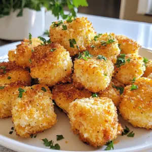 To make these tasty bites, you need some key items: - 1 lb boneless, skinless chicken breast, cut into bite-sized pieces - 1/2 cup all-purpose flour - 1/2 cup freshly grated Parmesan cheese - 2 large eggs, beaten until frothy - 1/4 cup Panko breadcrumbs for extra crunch - 3 tablespoons extra virgin olive oil These ingredients create a perfect base for flavor and texture. The chicken is juicy, and the Panko adds a great crunch. Seasonings make the dish pop! Here are the must-have spices: - 1 teaspoon garlic powder - 1 teaspoon onion powder - 1 teaspoon smoked paprika - Salt and freshly ground black pepper, to taste These spices enhance the chicken's flavor. Garlic powder adds depth, while smoked paprika gives it a warm touch. Adjust the salt and pepper to your taste. Adding garnishes and sauces can elevate your dish. Here are some fun ideas: - 2 tablespoons fresh parsley, finely chopped (for garnish) - Marinara sauce for dipping - Garlic aioli for a creamy touch - Lemon wedges for a fresh zing Garnishes like parsley add color and freshness. Dipping sauces bring a new level of flavor. Try different combinations to find your favorite! {{ingredient_image_2}} Start by gathering all your ingredients. You need 1 pound of boneless, skinless chicken breast. Cut it into small, bite-sized pieces. This helps them cook evenly. Next, measure out your flour, Parmesan cheese, garlic powder, onion powder, smoked paprika, salt, and black pepper. Place each in separate bowls for easy access. You will also need two large eggs. Beat them until they are fluffy. Finally, get your Panko breadcrumbs ready. They add a great crunch to the bites. Now, it&rsquo;s time to coat the chicken. First, take your chicken pieces and dredge them in the seasoned flour. Make sure to shake off any extra flour. This step adds a nice base for the next layers. Next, dip the floured chicken into the beaten eggs. Ensure each piece is fully coated, but let any excess egg drip off. Finally, roll the chicken in the breadcrumb-Parmesan mixture. Press gently to help the crumbs stick well. Each bite should be coated evenly for the best flavor. Preheat your oven to 400&deg;F (200&deg;C). Line a baking sheet with parchment paper for easy cleanup. Arrange your coated chicken bites on the sheet. Make sure to space them apart to allow for even cooking. Drizzle olive oil over the chicken bites for flavor and crunch. Bake them in the oven for 15 to 20 minutes. They should turn golden brown and be fully cooked. Once done, take them out and place them on a serving platter. Garnish with fresh parsley for a pop of color. Enjoy your crispy, flavorful treat! To get that perfect crisp on your Garlic Parmesan Chicken Bites, follow these steps: - Use Panko breadcrumbs. They add extra crunch. - Make sure to coat each chicken piece well. Press the crumbs tightly. - Drizzle olive oil evenly. This helps with browning and flavor. - Space the chicken bites on the baking sheet. This prevents steaming. Bake at 400&deg;F for 15 to 20 minutes. Keep an eye on them for that golden finish. Want to boost flavor? Here are some great ideas: - Add herbs like thyme or oregano to the flour mix. - Swap smoked paprika for regular paprika for a milder taste. - Use grated Parmesan cheese mixed with Romano for a sharper bite. - Try different dipping sauces like spicy mayo or ranch. This adds more fun! You can also use chicken thighs for juicier bites. Presentation matters! Here&rsquo;s how to serve your chicken bites: - Place them on a nice platter. - Garnish with chopped parsley for color. - Serve with lemon wedges for a fresh touch. - Pair with easy dipping sauces like marinara or garlic aioli. This makes your dish look great and taste even better! Pro Tips Use Fresh Ingredients: Fresh chicken and high-quality Parmesan cheese will enhance the flavor of your chicken bites significantly. Always opt for freshly grated cheese for the best taste. Adjust the Seasoning: Feel free to modify the seasonings in the flour mixture to suit your taste. Adding herbs like oregano or thyme can bring a unique twist to the flavor profile. Crispier Texture: For an extra crispy texture, consider double coating the chicken. After the first coating of breadcrumbs, dip it back into the egg and then into the breadcrumbs again before baking. Serving Suggestions: Pair these chicken bites with a dipping sauce like ranch or buffalo sauce for added flavor. Adding a squeeze of fresh lemon juice just before serving can brighten up the dish. {{image_4}} Want to add some heat? Just mix in some cayenne pepper or red pepper flakes. Use about 1/2 teaspoon for a mild kick. If you love spice, go for 1 teaspoon. This gives the chicken bites a nice balance of heat and flavor. You can still follow the same steps to coat the chicken. The result? A crispy, zesty treat that packs a punch. The air fryer makes cooking easier and healthier. It uses hot air to give your chicken bites that crunch without too much oil. Just follow the same prep steps. Place the coated chicken in the air fryer in a single layer. Cook at 400&deg;F for about 10 to 12 minutes. Flip halfway through for even cooking. You will still get that golden-brown look and delicious taste, but with less fat. You can easily make this dish vegetarian. Just swap chicken for cauliflower. Cut the cauliflower into bite-sized pieces. Follow the same coating steps. The flour and Panko mix will still give you that perfect crunch. Bake or air fry the cauliflower until golden. This option is great for veggie lovers. Serve with your favorite dipping sauce, and enjoy a tasty twist on a classic! To keep Garlic Parmesan Chicken Bites fresh, store them in an airtight container. Let them cool completely before sealing. This will stop any steam from making them soggy. Keep the container in the fridge for up to four days. If you want to enjoy them later, consider freezing. To reheat your chicken bites, the oven works best. Preheat your oven to 375&deg;F (190&deg;C). Place the bites on a baking sheet lined with parchment paper. Heat for about 10 to 15 minutes. This will help them stay crispy and warm. You can also use an air fryer for a quicker option. Just heat them at 350&deg;F (175&deg;C) for about 5 to 7 minutes. Freezing Garlic Parmesan Chicken Bites is simple. After cooking, let them cool. Then, place them in a single layer in a freezer-safe bag. Remove as much air as possible before sealing. You can also freeze them before baking. Just coat the chicken, then freeze. When ready to bake, add a few extra minutes to the cooking time. Enjoy your tasty bites anytime! Yes, you can use chicken thighs. They add more flavor and stay juicy. Thighs are darker and richer in taste. Just cut them into bite-sized pieces like the breasts. You can serve these bites with various sides. Here are some tasty ideas: - Marinara sauce for dipping - Garlic aioli for a creamy touch - Lemon wedges for a zesty kick - A fresh garden salad for crunch - Steamed veggies for a healthy balance Bake the chicken for 15 to 20 minutes. Ensure they reach an internal temp of 165&deg;F. This will make them safe to eat and perfectly cooked. Keep an eye on the color; they should be golden brown. In this post, we explored how to make delicious Garlic Parmesan Chicken Bites. We covered the key ingredients, step-by-step instructions, and tips for perfecting your dish. You learned about tasty variations and how to store leftovers. Remember, cooking should be fun. Experiment with flavors and enjoy every bite. With these tips, you can impress everyone at your next meal. Make these bites your new go-to recipe!