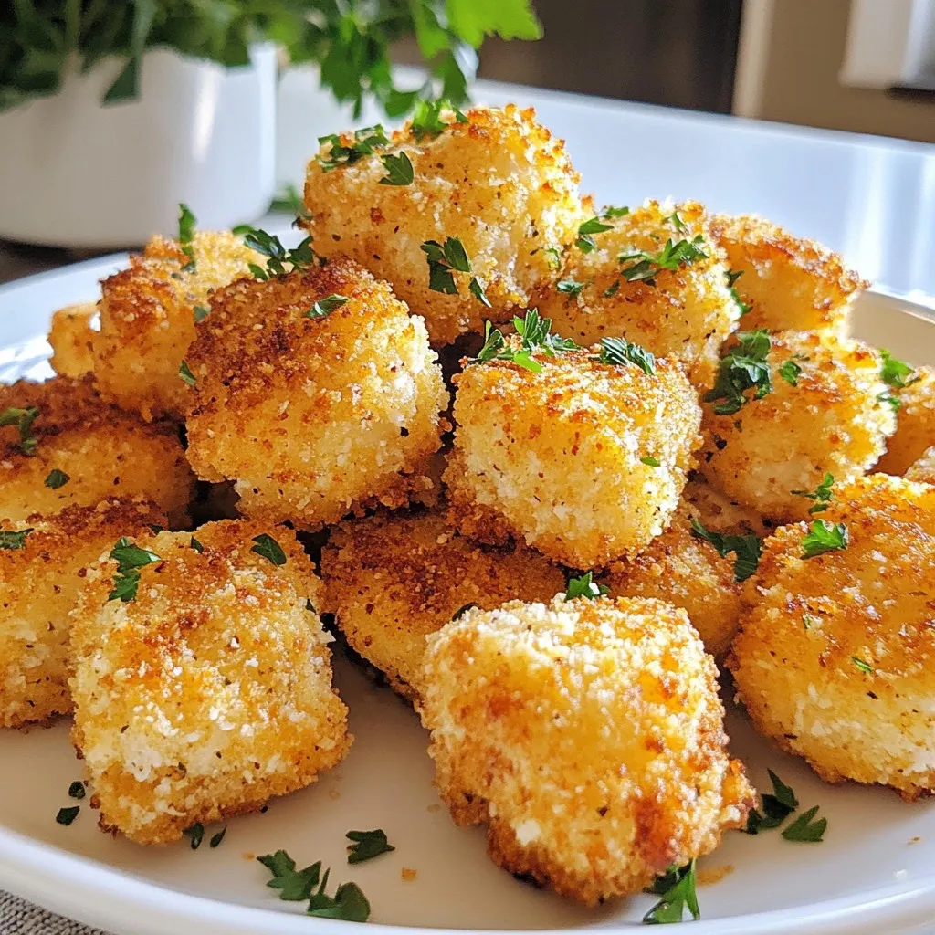 To make these tasty bites, you need some key items: - 1 lb boneless, skinless chicken breast, cut into bite-sized pieces - 1/2 cup all-purpose flour - 1/2 cup freshly grated Parmesan cheese - 2 large eggs, beaten until frothy - 1/4 cup Panko breadcrumbs for extra crunch - 3 tablespoons extra virgin olive oil These ingredients create a perfect base for flavor and texture. The chicken is juicy, and the Panko adds a great crunch. Seasonings make the dish pop! Here are the must-have spices: - 1 teaspoon garlic powder - 1 teaspoon onion powder - 1 teaspoon smoked paprika - Salt and freshly ground black pepper, to taste These spices enhance the chicken's flavor. Garlic powder adds depth, while smoked paprika gives it a warm touch. Adjust the salt and pepper to your taste. Adding garnishes and sauces can elevate your dish. Here are some fun ideas: - 2 tablespoons fresh parsley, finely chopped (for garnish) - Marinara sauce for dipping - Garlic aioli for a creamy touch - Lemon wedges for a fresh zing Garnishes like parsley add color and freshness. Dipping sauces bring a new level of flavor. Try different combinations to find your favorite! {{ingredient_image_2}} Start by gathering all your ingredients. You need 1 pound of boneless, skinless chicken breast. Cut it into small, bite-sized pieces. This helps them cook evenly. Next, measure out your flour, Parmesan cheese, garlic powder, onion powder, smoked paprika, salt, and black pepper. Place each in separate bowls for easy access. You will also need two large eggs. Beat them until they are fluffy. Finally, get your Panko breadcrumbs ready. They add a great crunch to the bites. Now, it’s time to coat the chicken. First, take your chicken pieces and dredge them in the seasoned flour. Make sure to shake off any extra flour. This step adds a nice base for the next layers. Next, dip the floured chicken into the beaten eggs. Ensure each piece is fully coated, but let any excess egg drip off. Finally, roll the chicken in the breadcrumb-Parmesan mixture. Press gently to help the crumbs stick well. Each bite should be coated evenly for the best flavor. Preheat your oven to 400°F (200°C). Line a baking sheet with parchment paper for easy cleanup. Arrange your coated chicken bites on the sheet. Make sure to space them apart to allow for even cooking. Drizzle olive oil over the chicken bites for flavor and crunch. Bake them in the oven for 15 to 20 minutes. They should turn golden brown and be fully cooked. Once done, take them out and place them on a serving platter. Garnish with fresh parsley for a pop of color. Enjoy your crispy, flavorful treat! To get that perfect crisp on your Garlic Parmesan Chicken Bites, follow these steps: - Use Panko breadcrumbs. They add extra crunch. - Make sure to coat each chicken piece well. Press the crumbs tightly. - Drizzle olive oil evenly. This helps with browning and flavor. - Space the chicken bites on the baking sheet. This prevents steaming. Bake at 400°F for 15 to 20 minutes. Keep an eye on them for that golden finish. Want to boost flavor? Here are some great ideas: - Add herbs like thyme or oregano to the flour mix. - Swap smoked paprika for regular paprika for a milder taste. - Use grated Parmesan cheese mixed with Romano for a sharper bite. - Try different dipping sauces like spicy mayo or ranch. This adds more fun! You can also use chicken thighs for juicier bites. Presentation matters! Here’s how to serve your chicken bites: - Place them on a nice platter. - Garnish with chopped parsley for color. - Serve with lemon wedges for a fresh touch. - Pair with easy dipping sauces like marinara or garlic aioli. This makes your dish look great and taste even better! Pro Tips Use Fresh Ingredients: Fresh chicken and high-quality Parmesan cheese will enhance the flavor of your chicken bites significantly. Always opt for freshly grated cheese for the best taste. Adjust the Seasoning: Feel free to modify the seasonings in the flour mixture to suit your taste. Adding herbs like oregano or thyme can bring a unique twist to the flavor profile. Crispier Texture: For an extra crispy texture, consider double coating the chicken. After the first coating of breadcrumbs, dip it back into the egg and then into the breadcrumbs again before baking. Serving Suggestions: Pair these chicken bites with a dipping sauce like ranch or buffalo sauce for added flavor. Adding a squeeze of fresh lemon juice just before serving can brighten up the dish. {{image_4}} Want to add some heat? Just mix in some cayenne pepper or red pepper flakes. Use about 1/2 teaspoon for a mild kick. If you love spice, go for 1 teaspoon. This gives the chicken bites a nice balance of heat and flavor. You can still follow the same steps to coat the chicken. The result? A crispy, zesty treat that packs a punch. The air fryer makes cooking easier and healthier. It uses hot air to give your chicken bites that crunch without too much oil. Just follow the same prep steps. Place the coated chicken in the air fryer in a single layer. Cook at 400°F for about 10 to 12 minutes. Flip halfway through for even cooking. You will still get that golden-brown look and delicious taste, but with less fat. You can easily make this dish vegetarian. Just swap chicken for cauliflower. Cut the cauliflower into bite-sized pieces. Follow the same coating steps. The flour and Panko mix will still give you that perfect crunch. Bake or air fry the cauliflower until golden. This option is great for veggie lovers. Serve with your favorite dipping sauce, and enjoy a tasty twist on a classic! To keep Garlic Parmesan Chicken Bites fresh, store them in an airtight container. Let them cool completely before sealing. This will stop any steam from making them soggy. Keep the container in the fridge for up to four days. If you want to enjoy them later, consider freezing. To reheat your chicken bites, the oven works best. Preheat your oven to 375°F (190°C). Place the bites on a baking sheet lined with parchment paper. Heat for about 10 to 15 minutes. This will help them stay crispy and warm. You can also use an air fryer for a quicker option. Just heat them at 350°F (175°C) for about 5 to 7 minutes. Freezing Garlic Parmesan Chicken Bites is simple. After cooking, let them cool. Then, place them in a single layer in a freezer-safe bag. Remove as much air as possible before sealing. You can also freeze them before baking. Just coat the chicken, then freeze. When ready to bake, add a few extra minutes to the cooking time. Enjoy your tasty bites anytime! Yes, you can use chicken thighs. They add more flavor and stay juicy. Thighs are darker and richer in taste. Just cut them into bite-sized pieces like the breasts. You can serve these bites with various sides. Here are some tasty ideas: - Marinara sauce for dipping - Garlic aioli for a creamy touch - Lemon wedges for a zesty kick - A fresh garden salad for crunch - Steamed veggies for a healthy balance Bake the chicken for 15 to 20 minutes. Ensure they reach an internal temp of 165°F. This will make them safe to eat and perfectly cooked. Keep an eye on the color; they should be golden brown. In this post, we explored how to make delicious Garlic Parmesan Chicken Bites. We covered the key ingredients, step-by-step instructions, and tips for perfecting your dish. You learned about tasty variations and how to store leftovers. Remember, cooking should be fun. Experiment with flavors and enjoy every bite. With these tips, you can impress everyone at your next meal. Make these bites your new go-to recipe!