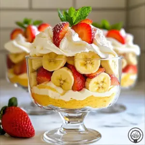 - 2 cups fresh strawberries, hulled and sliced - 2 ripe bananas, peeled and sliced - 1 cup vanilla pudding mix - 2 cups whole milk - 1 teaspoon pure vanilla extract - 1 cup heavy whipping cream - 2 tablespoons powdered sugar - 1 cup crushed graham crackers - Fresh mint leaves for garnish The ingredients you need for Strawberry Banana Pudding Dream are simple and fresh. First, the fresh produce includes strawberries and bananas, which give a sweet and fruity flavor. You want to use ripe fruits for the best taste. For the pudding base, you&rsquo;ll need vanilla pudding mix, whole milk, and a splash of vanilla extract. This mix creates a creamy and smooth texture that pairs perfectly with the fruit. Next, for the whipped cream topping, have heavy whipping cream and powdered sugar on hand. Whipping the cream adds lightness. It also gives a sweet touch to the dessert. Finally, the crunchy element is the crushed graham crackers. They add a nice texture and a bit of crunch. You can use fresh mint leaves to garnish. They add color and a refreshing taste. These ingredients come together to make a light and dreamy dessert. You can feel good about serving this to your family and friends. {{ingredient_image_2}} - Combine 1 cup vanilla pudding mix, 2 cups whole milk, and 1 teaspoon vanilla extract in a bowl. - Whisk until the mixture is smooth. Let it rest for 5 minutes. This step helps the pudding thicken well. - In a separate bowl, pour 1 cup heavy cream and 2 tablespoons powdered sugar. - Whip the cream until stiff peaks form. This means it holds shape well. - Fold half of the whipped cream into the pudding mixture. Use a spatula to be gentle. - In a clear dish, start with a layer of 1 cup crushed graham crackers. - Spoon a layer of the pudding mixture on top. - Add a layer of sliced strawberries and bananas. Make sure to spread them evenly. - Repeat the layers until you use all the ingredients. Finish with a layer of whipped cream on top. - Cover the dish with plastic wrap. Refrigerate for at least 2 hours. This helps the flavors blend. - Before serving, garnish with fresh mint leaves and some fruit slices on top. This adds color and freshness to your dessert. To make smooth pudding, whisk the mixture well. Use a strong, steady motion. This helps break up any lumps. After mixing, let the pudding sit for about five minutes. Resting helps it thicken just right. You want it creamy but not too runny. Whipped cream is ready when stiff peaks form. You can check this by lifting the whisk. If peaks hold their shape, you&rsquo;re good to go! When folding the whipped cream into the pudding, use a spatula. Gently lift and turn the mixture. This keeps the cream light and fluffy. For even layering, start with crushed graham crackers. Press them down lightly in your dish. Next, spoon in the pudding, followed by fruit. Make sure to distribute strawberries and bananas evenly. Using clear dishes shows off those lovely layers. It makes the dessert look tasty and fun! Pro Tips Use Fresh Ingredients: Always opt for the freshest strawberries and bananas to enhance the flavor of your pudding. Fresh fruit not only tastes better but also adds a vibrant color to your dish. Chill Before Serving: Allow the pudding to chill for at least 2 hours. This resting period is crucial for the flavors to meld and the texture to set, ensuring a delightful eating experience. Layering Technique: When layering, ensure that each fruit layer is evenly distributed to create a beautiful presentation. This will make each scoop visually appealing and enjoyable. Customize Your Toppings: Feel free to get creative with toppings! Consider adding crushed nuts or chocolate shavings for added texture and flavor contrast to your pudding. {{image_4}} You can easily change the flavor of your pudding. Try adding chocolate pudding mix for a fun twist. It pairs well with the fruits. You can also use different extracts, like almond or coconut. This adds depth to the taste. Just remember to keep the balance right. If you want to switch up the fruits, go for it! Use other berries like blueberries or raspberries. They add color and taste. You can also try tropical fruits like mango or kiwi. These fruits give a fresh vibe and a bit of zing. You can make this dessert healthier too. Use low-fat pudding and cream options if you prefer. This keeps the flavor while cutting calories. If you want a vegan version, swap the dairy with plant-based milk and cream. Almond or coconut milk works well here. Just ensure your pudding mix is dairy-free. Store your Strawberry Banana Pudding Dream in the fridge. It lasts about 3 days. Cover the dish tightly with plastic wrap. This helps keep it fresh and prevents odors from seeping in. Yes, you can freeze Strawberry Banana Pudding Dream! To freeze, place it in an airtight container. Make sure to leave some space at the top. This allows for expansion. When you're ready to enjoy it again, thaw it in the fridge overnight. Avoid refreezing, as it may change the texture. Yes, you can make this dessert ahead of time. I recommend preparing it up to one day before serving. This gives the dessert time to chill and the flavors to blend well. Just cover it tightly with plastic wrap to keep it fresh. You can use instant pudding mix if you like. The main difference is that instant pudding sets quickly. It might not be as creamy as cooked pudding, but it will still taste great. Just follow the package instructions for mixing with milk. If you want a different base, try using vanilla wafers or crushed cookies. You can even use oat biscuits or shortbread. Each option adds its own flavor to the layers, so pick what you like best! Yes, you can make a non-dairy version! Use almond milk or coconut milk for the pudding. For the whipped cream, try coconut cream whipped until fluffy. These swaps keep the dessert tasty and light without dairy. This dessert combines fresh fruit, creamy pudding, and whipped cream. You layer strawberries, bananas, and crushed graham crackers for a tasty treat. Remember, you can customize flavors and fruits to suit your taste. Follow the tips for perfect texture and presentation. Store it well for later enjoyment. Making this dessert brings joy and sweetness to any occasion. Enjoy the fun of creating and sharing this delicious dish!