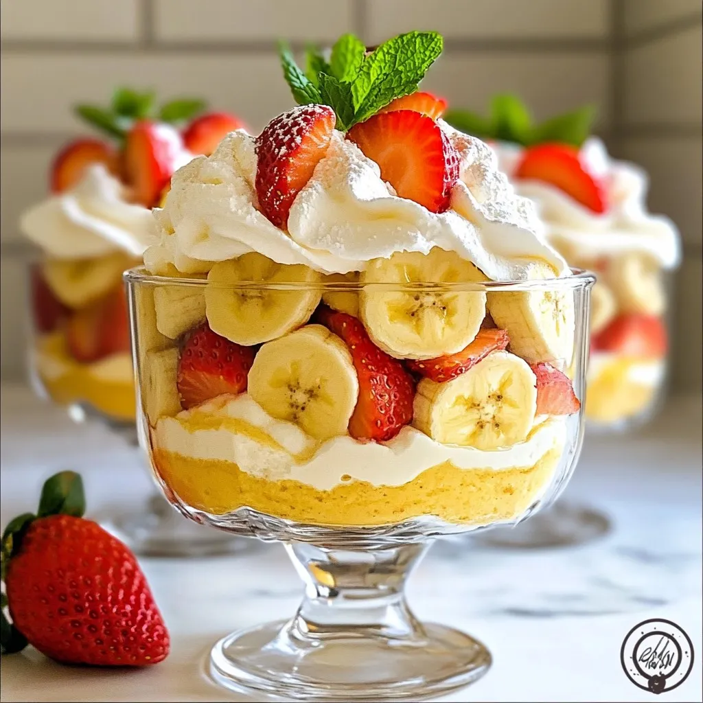 - 2 cups fresh strawberries, hulled and sliced - 2 ripe bananas, peeled and sliced - 1 cup vanilla pudding mix - 2 cups whole milk - 1 teaspoon pure vanilla extract - 1 cup heavy whipping cream - 2 tablespoons powdered sugar - 1 cup crushed graham crackers - Fresh mint leaves for garnish The ingredients you need for Strawberry Banana Pudding Dream are simple and fresh. First, the fresh produce includes strawberries and bananas, which give a sweet and fruity flavor. You want to use ripe fruits for the best taste. For the pudding base, you’ll need vanilla pudding mix, whole milk, and a splash of vanilla extract. This mix creates a creamy and smooth texture that pairs perfectly with the fruit. Next, for the whipped cream topping, have heavy whipping cream and powdered sugar on hand. Whipping the cream adds lightness. It also gives a sweet touch to the dessert. Finally, the crunchy element is the crushed graham crackers. They add a nice texture and a bit of crunch. You can use fresh mint leaves to garnish. They add color and a refreshing taste. These ingredients come together to make a light and dreamy dessert. You can feel good about serving this to your family and friends. {{ingredient_image_2}} - Combine 1 cup vanilla pudding mix, 2 cups whole milk, and 1 teaspoon vanilla extract in a bowl. - Whisk until the mixture is smooth. Let it rest for 5 minutes. This step helps the pudding thicken well. - In a separate bowl, pour 1 cup heavy cream and 2 tablespoons powdered sugar. - Whip the cream until stiff peaks form. This means it holds shape well. - Fold half of the whipped cream into the pudding mixture. Use a spatula to be gentle. - In a clear dish, start with a layer of 1 cup crushed graham crackers. - Spoon a layer of the pudding mixture on top. - Add a layer of sliced strawberries and bananas. Make sure to spread them evenly. - Repeat the layers until you use all the ingredients. Finish with a layer of whipped cream on top. - Cover the dish with plastic wrap. Refrigerate for at least 2 hours. This helps the flavors blend. - Before serving, garnish with fresh mint leaves and some fruit slices on top. This adds color and freshness to your dessert. To make smooth pudding, whisk the mixture well. Use a strong, steady motion. This helps break up any lumps. After mixing, let the pudding sit for about five minutes. Resting helps it thicken just right. You want it creamy but not too runny. Whipped cream is ready when stiff peaks form. You can check this by lifting the whisk. If peaks hold their shape, you’re good to go! When folding the whipped cream into the pudding, use a spatula. Gently lift and turn the mixture. This keeps the cream light and fluffy. For even layering, start with crushed graham crackers. Press them down lightly in your dish. Next, spoon in the pudding, followed by fruit. Make sure to distribute strawberries and bananas evenly. Using clear dishes shows off those lovely layers. It makes the dessert look tasty and fun! Pro Tips Use Fresh Ingredients: Always opt for the freshest strawberries and bananas to enhance the flavor of your pudding. Fresh fruit not only tastes better but also adds a vibrant color to your dish. Chill Before Serving: Allow the pudding to chill for at least 2 hours. This resting period is crucial for the flavors to meld and the texture to set, ensuring a delightful eating experience. Layering Technique: When layering, ensure that each fruit layer is evenly distributed to create a beautiful presentation. This will make each scoop visually appealing and enjoyable. Customize Your Toppings: Feel free to get creative with toppings! Consider adding crushed nuts or chocolate shavings for added texture and flavor contrast to your pudding. {{image_4}} You can easily change the flavor of your pudding. Try adding chocolate pudding mix for a fun twist. It pairs well with the fruits. You can also use different extracts, like almond or coconut. This adds depth to the taste. Just remember to keep the balance right. If you want to switch up the fruits, go for it! Use other berries like blueberries or raspberries. They add color and taste. You can also try tropical fruits like mango or kiwi. These fruits give a fresh vibe and a bit of zing. You can make this dessert healthier too. Use low-fat pudding and cream options if you prefer. This keeps the flavor while cutting calories. If you want a vegan version, swap the dairy with plant-based milk and cream. Almond or coconut milk works well here. Just ensure your pudding mix is dairy-free. Store your Strawberry Banana Pudding Dream in the fridge. It lasts about 3 days. Cover the dish tightly with plastic wrap. This helps keep it fresh and prevents odors from seeping in. Yes, you can freeze Strawberry Banana Pudding Dream! To freeze, place it in an airtight container. Make sure to leave some space at the top. This allows for expansion. When you're ready to enjoy it again, thaw it in the fridge overnight. Avoid refreezing, as it may change the texture. Yes, you can make this dessert ahead of time. I recommend preparing it up to one day before serving. This gives the dessert time to chill and the flavors to blend well. Just cover it tightly with plastic wrap to keep it fresh. You can use instant pudding mix if you like. The main difference is that instant pudding sets quickly. It might not be as creamy as cooked pudding, but it will still taste great. Just follow the package instructions for mixing with milk. If you want a different base, try using vanilla wafers or crushed cookies. You can even use oat biscuits or shortbread. Each option adds its own flavor to the layers, so pick what you like best! Yes, you can make a non-dairy version! Use almond milk or coconut milk for the pudding. For the whipped cream, try coconut cream whipped until fluffy. These swaps keep the dessert tasty and light without dairy. This dessert combines fresh fruit, creamy pudding, and whipped cream. You layer strawberries, bananas, and crushed graham crackers for a tasty treat. Remember, you can customize flavors and fruits to suit your taste. Follow the tips for perfect texture and presentation. Store it well for later enjoyment. Making this dessert brings joy and sweetness to any occasion. Enjoy the fun of creating and sharing this delicious dish!