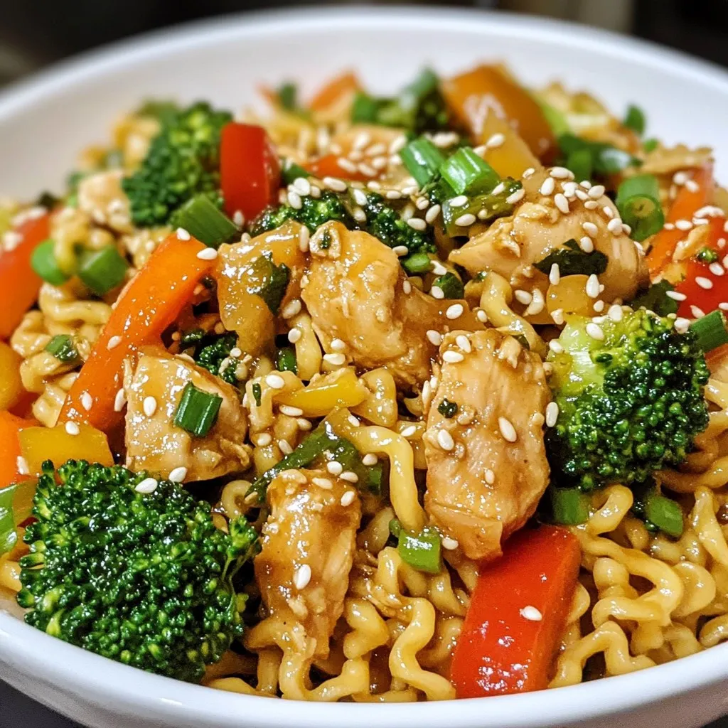To make Minute Chicken Ramen Stir Fry, you need some simple ingredients. These items work together to create a tasty meal. Here is what you will need: - Instant ramen noodles - 200g chicken breast, thinly sliced - 1 tablespoon soy sauce - 1 tablespoon oyster sauce - 1 teaspoon sesame oil - 1 carrot, julienned - 1 bell pepper, sliced (any color you prefer) - 1 cup broccoli florets - 2 green onions, finely chopped - 2 tablespoons vegetable oil (divided) - 2 cloves garlic, minced - Sesame seeds for garnish Each ingredient adds flavor and color to the dish. The chicken gives protein, while the veggies add crunch. Soy and oyster sauce bring umami depth. Garlic boosts the taste, and sesame seeds add a nice finish. This mix makes for a well-balanced meal that is both quick and satisfying. {{ingredient_image_2}} - Boil a pot of water. - Add the instant ramen noodles. - Cook them for 3-4 minutes until tender. - Drain the noodles and set them aside. - Heat 1 tablespoon of vegetable oil in a large skillet over medium-high heat. - Add the thinly sliced chicken breast. - Stir-fry the chicken for 5-6 minutes until golden brown. - Add 2 cloves of minced garlic and stir-fry for one more minute. - Toss in the julienned carrot, sliced bell pepper, and broccoli florets. - Stir-fry the vegetables for 3-4 minutes. They should stay crisp. - Pour in 1 tablespoon of soy sauce, 1 tablespoon of oyster sauce, and 1 teaspoon of sesame oil. - Mix well for 1-2 minutes to coat everything in sauce. - Gently fold in the drained ramen noodles with the chicken and veggies. - Mix carefully to coat the noodles with sauce. - Cook for another minute to warm everything through. - Remove from heat and garnish with chopped green onions and sesame seeds before serving. To boost the taste of your Minute Chicken Ramen Stir Fry, try adding some extra seasonings. Here are a few ideas: - Chili oil: Add a splash for heat. - Ginger: Grate some fresh ginger for warmth. - Lime juice: A squeeze adds brightness. For the best vegetable texture, cut them into even sizes. This helps them cook evenly. Stir-fry quickly over high heat to keep them crisp. Serve your stir fry in shallow bowls. This makes the dish look nice and inviting. You can also layer the ingredients for a colorful display. For garnishing, sprinkle sesame seeds and chopped green onions on top. This adds flavor and a nice crunch. A good skillet or wok is key for this dish. Use a non-stick skillet for easy cooking. A wok works well too, as it heats quickly. Gather these kitchen tools for efficient prep: - Cutting board: For chopping veggies and chicken. - Sharp knife: For clean cuts. - Tongs or spatula: For easy stirring and serving. Pro Tips Use Fresh Ingredients: Using fresh vegetables and high-quality chicken elevates the flavor and nutritional value of your stir-fry. Customize Your Veggies: Feel free to swap in your favorite vegetables like snap peas or mushrooms to add variety to the dish. Control the Heat: If you prefer a spicier dish, add some sliced chili peppers or a splash of sriracha when stir-frying. Leftover Friendly: This stir-fry is perfect for using up leftover proteins or vegetables—get creative with what you have! {{image_4}} You can switch up the protein in this dish. Shrimp works well if you want seafood. Just cook it for 3-4 minutes until pink. Tofu is a great choice for a vegetarian option. Use firm tofu and sauté it until golden. You can also try pork or beef. Just slice the meat thinly for even cooking. Feel free to mix in seasonal veggies. Zucchini, snap peas, or bell peppers are great in spring. In the fall, try adding squash or kale. Frozen vegetables can save time and are often just as good as fresh. Just remember to thaw and drain them first. Experiment with different sauces for a new flavor. You can use teriyaki or hoisin sauce for something sweet. Want some heat? Add chili paste or sriracha to make it spicy. To give it a tangy flavor, a splash of vinegar works well. Just be careful not to overdo it! To store leftovers, let the Minute Chicken Ramen Stir Fry cool to room temperature. Place it in an airtight container. This helps keep it fresh. Store it in the fridge for up to three days. For the best results, use glass containers. They don't stain or hold odors. Make sure to choose containers that seal tightly. This will keep the flavors inside and moisture out. When reheating the stir fry, use a skillet over medium heat. Add a splash of water or broth to keep it moist. Stir often to ensure even heating. This prevents the noodles from sticking together. To maintain texture and flavor, avoid using a microwave if possible. Microwaves can make the noodles mushy. If you must use one, heat in short bursts. Stir between each burst to ensure even warming. Enjoy your meal as if it were freshly made! Yes, you can easily make this dish vegetarian. Here are some options for protein substitutes: - Tofu: Use firm or extra-firm tofu. Press it to remove excess water, then cut it into cubes. Stir-fry until golden. - Tempeh: This is a great option for a nutty flavor. Slice it thinly and stir-fry it for a few minutes. - Seitan: This protein option has a meat-like texture. Cut it into strips and cook until warm. These substitutes will keep your stir fry hearty and flavorful. The total time for this meal is about 20 minutes. Here’s the breakdown: - Prep time: 10 minutes to slice the chicken and veggies. - Cook time: 10 minutes to stir-fry everything until done. This quick meal is perfect for busy days. Yes, you can freeze this stir fry. Here are some guidelines for freezing and thawing: - Cool the stir fry completely before freezing. - Store it in an airtight container or freezer bag. - It will last up to three months in the freezer. To thaw, place it in the fridge overnight. Reheat in a skillet or microwave until warm. This blog post walks you through a simple and tasty stir-fried ramen dish. We covered key ingredients like noodles, chicken, and fresh vegetables. You learned easy steps to cook and combine all the flavors. Plus, we shared tips to enhance taste and make your dish look great. Remember, you can swap proteins or veggies based on your preference. Enjoy experimenting with this recipe, and don't hesitate to get creative! With the right techniques, you will make a dish that you and others will love.