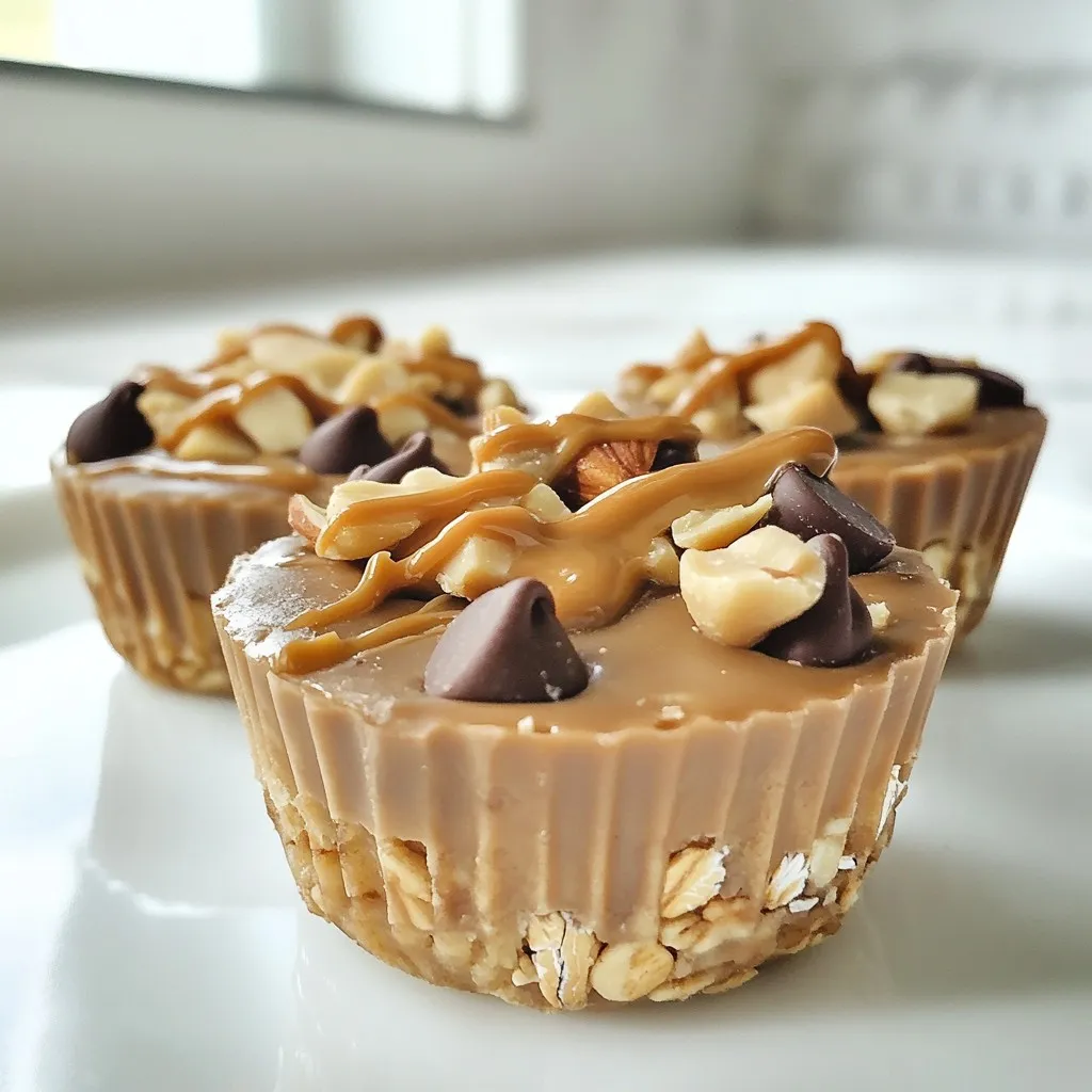 To make these peanut butter oat cups, you need: - 1 cup rolled oats - 1/2 cup natural creamy peanut butter - 1/3 cup honey or maple syrup - 1/4 cup mini chocolate chips - 1/4 cup chopped nuts - 1/2 teaspoon vanilla extract - A pinch of salt These ingredients come together to create a tasty treat that is easy to make. You can swap some ingredients if you want to change the flavor or make it fit your diet: - Use almond butter instead of peanut butter for a nut-free taste. - Choose agave syrup or brown sugar if you want a different sweetener. - For a nut-free option, skip the chopped nuts or use seeds like sunflower seeds. - Dark chocolate chips can replace milk chocolate chips for a richer taste. These swaps let you personalize your oat cups to suit your taste. These oat cups are not just tasty, but they also pack some good nutrients: - Calories: About 150 per cup - Protein: 5 grams - Fat: 8 grams - Carbohydrates: 15 grams - Fiber: 2 grams - Sugar: 5 grams This treat offers a balance of carbs, protein, and healthy fats. They make a great snack or quick breakfast option. Enjoy every bite knowing you are treating yourself well! {{ingredient_image_2}} Start with a large mixing bowl. Add 1 cup of rolled oats. Next, scoop in 1/2 cup of natural creamy peanut butter. Drizzle in 1/3 cup of honey or maple syrup. Then, add 1/2 teaspoon of vanilla extract and a pinch of salt. Stir these ingredients well. You want a sticky mixture that holds together. Now, fold in 1/4 cup of mini chocolate chips. Add 1/4 cup of chopped nuts, like almonds or walnuts. Mix gently to keep some texture. Get your muffin tin ready. You can use paper liners or spray each cup with cooking spray. This helps with easy removal later. Take a tablespoon and scoop the oat mixture into each muffin cup. Press down firmly with the back of a spoon. Make sure it is compact and even. This will help the cups hold their shape. Place the muffin tin in the fridge. Let the oat cups set for at least 1 to 2 hours. This time helps them firm up nicely. After they are set, remove the cups from the tin. If you used liners, peel them off gently. Store any leftovers in an airtight container in the fridge. Enjoy their delightful taste! To get the best texture, use rolled oats. They provide a nice chew. Creamy peanut butter is key for binding. It helps hold everything together. Make sure to mix well until it’s sticky. The chocolate chips and nuts add a fun crunch. Don’t overmix after adding them. This keeps your oat cups from being too dense. These oat cups are perfect for snacks or breakfast. You can serve them plain or dress them up. Try drizzling more peanut butter on top. A sprinkle of extra chocolate chips looks great too. Serve them on a colorful platter for fun. You could even add some fresh fruit on the side. Sliced bananas or berries pair nicely with the flavors. To keep your oat cups fresh, store them in an airtight container. Place them in the fridge to extend their shelf life. They will last up to a week this way. If you want to keep them longer, consider freezing them. Simply wrap each cup in plastic wrap, then place them in a freezer bag. They can last up to three months in the freezer. Pro Tips Choose Your Sweetener: Experiment with honey, maple syrup, or agave nectar to find the perfect sweetness that suits your taste. Mix and Match Nuts: Substitute or combine different nuts like pecans or hazelnuts for a unique flavor and texture in each batch. Chocolate Choices: Use dark chocolate for a richer taste or white chocolate for a sweeter option—both will enhance your oat cups. Perfect Storage: Keep the oat cups in an airtight container in the refrigerator for up to a week to ensure they stay fresh and delicious. {{image_4}} You can swap honey or maple syrup for other sweeteners. Agave syrup works well and keeps the flavor light. You can also use date syrup for a rich taste. If you want less sugar, try stevia or monk fruit sweetener. Just adjust the amount to your taste. These swaps keep your cups sweet and tasty. If you need nut-free oat cups, just skip the peanut butter. You can use sun butter or soy nut butter instead. Both options give a creamy texture without nuts. Make sure to check labels for any allergens. This way, everyone can enjoy these treats safely. To make your oat cups even better, add spices or dried fruits. Cinnamon or nutmeg gives a warm flavor. You can also mix in raisins or dried cranberries for sweetness. For a fun twist, add mini marshmallows or shredded coconut. Experiment with your favorites to create new flavors! To keep your peanut butter oat cups fresh, use an airtight container. This method helps seal in moisture and flavor. Place the cups in a single layer. You can stack them if you use parchment paper between layers. You can freeze these oat cups, too! Wrap each cup in plastic wrap or foil. Then, place them in a freezer-safe bag. They stay fresh for about three months in the freezer. When you want one, just take it out and let it thaw in the fridge. These oat cups last about five days in the fridge. After that, they may lose their texture and flavor. Always check for any off smells or changes in texture before eating them. Yes, you can use crunchy peanut butter. It adds a fun texture. The oat cups will still hold together well. Just make sure to mix it thoroughly with the oats. The flavor will be rich and nutty, which I really enjoy. You can use agave syrup or brown rice syrup as substitutes. Both will keep the oat cups sweet. If you want a thicker texture, try using molasses. It will give a different flavor but still taste great. These oat cups can last up to one week in the fridge. Just store them in an airtight container. If you freeze them, they can last for about three months. Thaw them in the fridge overnight when you want a quick snack. In this blog post, we covered essential ingredients for tasty oat cups. We provided step-by-step instructions for making them and shared helpful tips for texture and storage. You can explore variations to suit your taste and answered common questions about substitutes and shelf life. These oat cups are fun to make and easy to adapt. Enjoy experimenting with flavors and ingredients!
