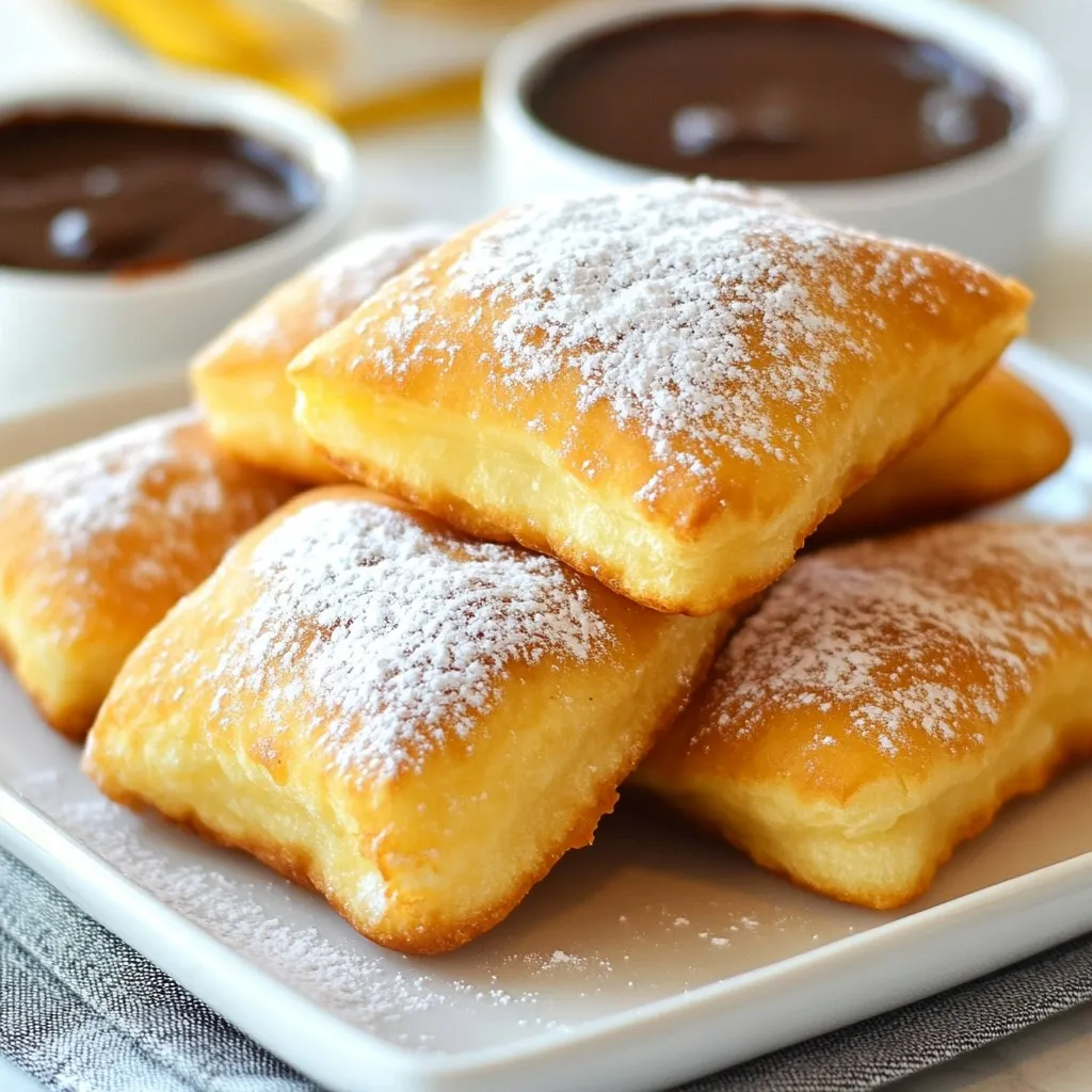 To make these delightful beignets, gather these key ingredients: - 1 cup all-purpose flour - 2 tablespoons granulated sugar - 1 teaspoon baking powder - ½ teaspoon salt - 1 large egg - ½ cup whole milk - 1 teaspoon pure vanilla extract - 2 tablespoons unsalted butter, melted and slightly cooled - Oil for frying (vegetable or canola recommended) - Powdered sugar, for a delightful dusting These ingredients form a soft and fluffy dough that puffs up beautifully when fried. Each one plays an important role in achieving the perfect texture and flavor. You can make your beignets even more special with these add-ins: - Cinnamon for a warm spice - Nutmeg for a hint of earthiness - Chocolate chips for a sweet surprise - Citrus zest for a fresh twist Feel free to experiment with these flavors. Each one can add a unique touch to your beignet recipe. To prepare your beignets, you'll need a few essential tools: - A large mixing bowl - A whisk for blending ingredients - A spatula or wooden spoon for mixing - A deep pot or heavy skillet for frying - A slotted spoon for flipping and removing beignets - A thermometer to check oil temperature Having the right equipment makes the cooking process smooth and fun. It ensures your beignets turn out just right! {{ingredient_image_2}} Start by gathering your ingredients. In a large bowl, mix the flour, sugar, baking powder, and salt. Whisk them together until they blend well. This step is key for tasty beignets. In another bowl, crack the egg and beat it lightly. Add the milk, vanilla, and melted butter. Whisk this mixture until it is smooth. Next, pour the wet mix into the dry mix. Stir gently with a spatula until just combined. It's fine to have a few lumps; this keeps your beignets light and fluffy. Now, it's time to heat the oil. Use a deep pot or heavy skillet for this step. Pour in enough oil to let the beignets float. Heat the oil over medium heat until it reaches 360°F (182°C). Use a thermometer for accuracy. This temperature is crucial for perfect frying. Too hot can burn the beignets, while too cool makes them greasy. Once the oil is ready, it's time to fry. Use a spoon or small cookie scoop to drop tablespoon-sized balls of batter into the hot oil. Fry only a few at a time to avoid crowding. This helps them cook evenly. Let them fry for 2-3 minutes on one side. They should puff up and turn golden brown. Flip them with a slotted spoon to fry the other side. When golden and cooked through, remove them carefully. Place them on a plate lined with paper towels to drain excess oil. Finally, dust them generously with powdered sugar before serving. Enjoy your delicious beignets! To get fluffy beignets, mix the batter gently. Over-mixing can make them tough. Aim for a smooth mix but keep some lumps. This keeps the beignets light. Also, check your oil temperature. If it’s too low, the beignets will soak up oil. If it’s too high, they will burn. A good range is 360°F (182°C). Use a thermometer for accuracy. One common mistake is overcrowding the pot. Fry only a few beignets at a time. This helps them cook evenly and puff up. Another mistake is not letting the oil heat properly. Always wait for the right temperature before frying. Lastly, don’t skip the dusting of powdered sugar. It adds a sweet touch that makes them special. Serve your beignets warm on a lovely plate. For a fun twist, add a drizzle of chocolate sauce or fruit sauce for dipping. Fresh berries on the side can also brighten the dish. If you want to impress, sprinkle extra powdered sugar on top. This adds a nice visual and sweet touch. Pro Tips Heat the Oil Properly: Make sure the oil is at the correct temperature (360°F/182°C) before frying. If the oil is too cool, the beignets will absorb excess oil, making them greasy. If it's too hot, they will burn on the outside before cooking through. Keep the Batter Light: Avoid overmixing the batter. A few lumps are okay; overmixing can lead to denser beignets. The goal is to keep them airy and fluffy! Don't Overcrowd the Pan: Fry only a few beignets at a time. Overcrowding can lower the oil temperature and cause the beignets to cook unevenly. Dust Just Before Serving: For the best presentation, dust the beignets with powdered sugar right before serving. This keeps the sugar from dissolving into the warm beignets and maintains that beautiful snowy finish. {{image_4}} You can add a sweet twist to your beignets. After frying, dip them in melted chocolate. Dark, milk, or white chocolate works great. Let the excess drip off before placing them on parchment paper. You can even sprinkle nuts or sea salt on top for a fun crunch. Kids and adults love this treat! For a fruity surprise, you can fill your beignets. Use a piping bag to add fruit preserves or pie filling after frying. Raspberry, strawberry, or even lemon curd are fantastic choices. This variation adds flavor and a burst of color. Make sure to dust the outside with powdered sugar for a nice finish. You can make beignets gluten-free by swapping the all-purpose flour. Use a gluten-free all-purpose blend instead. Make sure it contains xanthan gum for the best texture. The rest of the recipe stays the same. This way, everyone can enjoy these fluffy treats! To keep your beignets fresh, store them in an airtight container. Place parchment paper between layers to prevent sticking. This method helps them stay soft and tasty. Keep the container in a cool place, away from direct sunlight. If the weather is warm and humid, consider refrigerating the container for extra freshness. When you're ready to enjoy leftovers, you can quickly reheat beignets. The best way is to preheat your oven to 350°F (175°C). Place the beignets on a baking sheet and warm them for about 5-7 minutes. This method keeps them soft while restoring their delightful texture. You can also microwave them for 10-15 seconds, but they may lose that crispy exterior. If you want to save beignets for later, freezing is a good option. First, let them cool completely. Then, arrange them in a single layer on a baking sheet and freeze for about an hour. Once frozen, transfer them to a freezer-safe bag or container. Label it with the date and use within three months for the best taste. When ready to eat, thaw them in the fridge overnight and reheat as described above. Enjoy your beignets at any time! French beignets have roots in France. They date back to the 16th century. These sweet treats were often served during Carnival. The name "beignet" means "to be soaked" in French. They are warm, fluffy, and often dusted with sugar. In New Orleans, beignets became famous thanks to their unique style. They are now a staple in many cafes and bakeries. Yes, you can! While all-purpose flour is best, you can try others. For a gluten-free option, rice flour or almond flour works well. These flours can change the texture and taste, so be ready for that. If you use whole wheat flour, your beignets will have a nuttier flavor. Just remember to adjust the liquid a bit if needed. To boost flavor, you can add spices or extracts. Try cinnamon or nutmeg for a warm touch. You can also mix in citrus zest for a fresh kick. If you want a chocolate taste, add cocoa powder to the batter. Another idea is to fill them with jam or cream before frying. The options are endless! The best temperature is 360°F (182°C). This heat allows the beignets to puff and brown nicely. If the oil is too hot, they will burn. If it’s too cool, they will soak up oil and become greasy. Use a kitchen thermometer to check the temperature. Fry a small test beignet to see if it cooks perfectly before frying the rest. You learned how to make vanilla French beignets. We covered key ingredients, step-by-step cooking, and tips for great results. I shared ways to add flavors and even make gluten-free options. We also discussed storing and reheating beignets for later. Remember, practice makes perfect. Don’t rush the frying! Enjoy exploring different flavors. Beignets are versatile and fun to make. I hope this guide inspires you to create your own delicious treats. Happy frying!