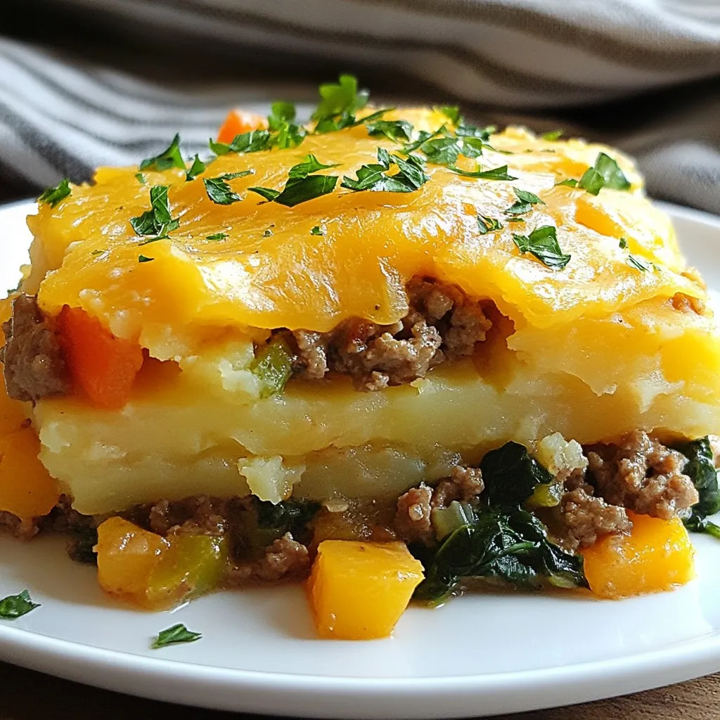 To create a tasty Hobo Ground Beef Casserole, gather these ingredients: - 1 lb ground beef - 1 medium onion, diced - 2 cloves garlic, minced - 1 cup bell peppers (mixed colors), diced - 3 cups fresh spinach, roughly chopped - 2 cups Yukon Gold potatoes, thinly sliced - 1 can (15 oz) diced tomatoes, undrained - 1 cup shredded sharp cheddar cheese - 1 tablespoon Worcestershire sauce - 1 teaspoon smoked paprika - 1 teaspoon dried oregano - Salt and freshly ground black pepper, to taste - 2 tablespoons olive oil You can swap out some of the fresh produce based on what you have. Here are some ideas: - Use frozen spinach instead of fresh. - Try other potatoes, like red or sweet potatoes. - Instead of bell peppers, you can use zucchini or mushrooms. - If you lack fresh garlic, garlic powder works too. The cheese adds a nice flavor and texture to the dish. Here are some great options: - Sharp cheddar is the classic choice. - Monterey Jack offers a milder taste. - You can use mozzarella for a stretchy texture. - Consider a blend of cheeses for extra flavor. {{ingredient_image_2}} First, gather all your ingredients. You will need: - 1 lb ground beef - 1 medium onion, diced - 2 cloves garlic, minced - 1 cup bell peppers, diced - 3 cups fresh spinach, chopped - 2 cups Yukon Gold potatoes, thinly sliced - 1 can diced tomatoes, undrained - 1 cup shredded sharp cheddar cheese - 1 tablespoon Worcestershire sauce - 1 teaspoon smoked paprika - 1 teaspoon dried oregano - Salt and pepper to taste - 2 tablespoons olive oil Next, preheat your oven to 375°F (190°C). This step helps cook the casserole evenly. In a large skillet, heat the olive oil over medium heat. Add the diced onion and minced garlic. Cook them for 3-4 minutes until the onion is soft and clear. Then, add the ground beef. Use a spatula to break it apart as it cooks. Brown the meat for about 5-7 minutes. Drain any extra fat to keep it light. Mix in the diced bell peppers and cook for another 2-3 minutes. You want them to soften a bit. Stir in the chopped spinach, undrained diced tomatoes, Worcestershire sauce, smoked paprika, and oregano. Season with salt and pepper. Cook this for 2 more minutes to let the flavors blend. Grease a 9x13-inch baking dish. Start layering with half of the sliced potatoes at the bottom. Then, spoon half of the beef and vegetable mix over the potatoes. Spread it evenly to ensure every bite is tasty. Repeat this process. Add the rest of the sliced potatoes, followed by the remaining beef mixture. Make sure to distribute everything well. Cover the dish tightly with aluminum foil. Bake it in the oven for 30 minutes. This helps the flavors meld and the potatoes cook through. After 30 minutes, carefully take off the foil. Sprinkle the shredded cheddar cheese over the top. Return the dish to the oven and bake uncovered for another 15 minutes. The cheese should melt and turn golden brown. Let the casserole rest for a few minutes before serving. This helps the layers set for easier slicing. Enjoy your meal! To stop your casserole from being greasy, drain the fat from the beef after cooking. This step is key. Use a spatula to break up the meat well. This helps it cook evenly. You can also use leaner beef if you prefer. Ground turkey is a great choice too. It gives the same flavor but with less fat. When you sauté, heat your pan first. Add olive oil before the onions. Cook the onions until they are soft. This should take about 3-4 minutes. Next, add garlic for more flavor. Stir them often to avoid burning. After the onions and garlic, add your bell peppers. Sauté them until just soft, about 2-3 minutes. This keeps them bright and tasty. Serve your hobo ground beef casserole hot from the oven. For a nice touch, add a sprinkle of fresh parsley on top. This adds color and a fresh taste. You can serve it with a side salad or some crusty bread. Sour cream on top is a great way to add creaminess. Enjoy it with family or friends for a cozy meal! Pro Tips Brown the Beef Well: Ensuring the ground beef is browned thoroughly enhances the flavor of the casserole, giving it a rich, savory base. Layering Technique: For optimal cooking, layer the potatoes and beef mixture evenly. This ensures that both the potatoes and beef cook through and meld together nicely. Cheese Variation: Experiment with different types of cheese such as Monterey Jack or Gouda for a unique flavor twist that complements the dish. Rest Before Serving: Allow the casserole to rest for a few minutes after baking. This helps the layers set, making it easier to cut and serve without falling apart. {{image_4}} You can easily turn this dish vegetarian. Replace the ground beef with plant-based meat. Options like lentils or mushrooms work great. Lentils add protein, while mushrooms give a nice texture. You can also add more beans for extra fiber. Just adjust the cooking time as needed. Cook the lentils until tender before adding them to the dish. To boost flavor, try adding different spices. A pinch of cayenne pepper adds heat. You can also mix in some fresh herbs like basil or thyme. Adding a splash of balsamic vinegar gives it a sweet tang. Other options are olives or capers for a briny bite. You can cook this casserole in several ways. Use a slow cooker for a hands-off approach. Just layer everything in and let it cook on low for 6-8 hours. If you prefer a quicker method, try using an Instant Pot. Cook for about 15 minutes, then let it release naturally. You can also bake it in a cast-iron skillet for a rustic look and feel. Each method brings out different flavors in the dish. After enjoying your hobo ground beef casserole, let it cool first. Transfer leftovers to an airtight container. Store in the fridge for up to three days. If you want to enjoy it later, freezing is a great option. To freeze the casserole, cool it completely. Cut it into individual portions for easy reheating. Wrap each portion tightly in plastic wrap or foil, then place them in a freezer-safe bag. This way, you can enjoy it for up to three months. When you're ready to eat, thaw the casserole in the fridge overnight. Preheat your oven to 350°F (175°C). Place the casserole in an oven-safe dish, cover it with foil, and heat for about 20-25 minutes. If you like, remove the foil for the last five minutes to crisp the cheese. Enjoy every bite! Yes, you can make this casserole ahead of time. Prepare it up to the baking step and cover it tightly with foil. Store it in the fridge for up to 24 hours. When ready, just bake it. You may need to add a few extra minutes to the cooking time if it's cold from the fridge. This casserole is a complete meal, but you can add sides for more variety. Here are a few ideas: - Green Salad: A fresh salad with mixed greens pairs well. - Garlic Bread: Toasted garlic bread adds a nice crunch. - Steamed Veggies: Broccoli or green beans can add color and nutrients. Ovens can vary in how they cook. If you have a convection oven, reduce the cooking time by about 10%. For older ovens, check the casserole a bit earlier than the suggested time. Use a fork to probe the potatoes. They should be tender when done. In this blog post, we covered all you need for a great hobo ground beef casserole. We discussed the key ingredients, fresh produce options, and cheese recommendations. I shared step-by-step instructions for prep and cooking, plus layering techniques. You learned tips to avoid greasy casseroles and best sautéing practices. Finally, we explored variations, storage tips, and answered common questions. You now have the tools to create a delicious meal. Enjoy experimenting in your kitchen!
