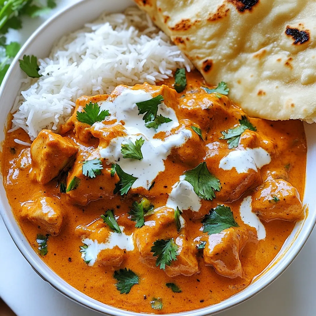 - 500g chicken breast, diced into bite-sized pieces - 1 cup plain yogurt, preferably thick - 2 tablespoons ginger-garlic paste - 1 medium onion, finely chopped - 2 teaspoons garam masala - 1 teaspoon turmeric powder - 1 teaspoon red chili powder (adjust to taste) - Salt, to taste - 3 tablespoons unsalted butter, divided - 2 ripe tomatoes, pureed until smooth - 1/2 cup heavy cream - 2 tablespoons kasuri methi (dried fenugreek leaves), crushed I love using fresh chicken breast for this dish. It stays tender and juicy. The yogurt helps marinate the chicken, making it flavorful. Ginger-garlic paste adds a nice kick. Onions give a sweet note when sautéed until golden. Spices bring warmth and depth to the dish. Garam masala is essential for that classic taste. Turmeric adds a rich color. Red chili powder can be adjusted based on how hot you like it. Salt is key to balancing all the flavors. Butter and cream create a rich, velvety sauce. They blend together beautifully and make the dish special. - Fresh coriander leaves - Lemon wedges - Basmati rice or naan Garnishes are where you can get creative. Fresh coriander leaves add color and freshness. Lemon wedges give a zesty touch that brightens the dish. Serving it with fluffy basmati rice or warm naan completes the meal. Each bite is a mix of flavors and textures that delight. {{ingredient_image_2}} First, you need to mix the chicken with yogurt and spices. In a bowl, add: - 500g chicken breast, diced into bite-sized pieces - 1 cup plain yogurt - 2 tablespoons ginger-garlic paste - 2 teaspoons garam masala - 1 teaspoon turmeric powder - 1 teaspoon red chili powder (adjust to taste) - Salt, to taste Stir the mixture well. This helps the chicken soak up all those great flavors. Cover the bowl and let it marinate in the fridge. For best results, marinate for at least 30 minutes. Overnight is even better! Now it’s time to cook! Heat a large skillet over medium heat and melt 2 tablespoons of unsalted butter. Once the butter is hot, add one finely chopped onion. Sauté it until golden brown, which takes about 5 to 7 minutes. This step builds a strong flavor base. Next, add the marinated chicken into the pan. Cook while stirring occasionally until the chicken turns golden and is cooked through. This should take about 8 to 10 minutes. Once the chicken is ready, pour in the pureed tomatoes and let it simmer for 5 to 7 minutes. Stir it from time to time. You want the oil to separate from the sauce, showing that the tomatoes are cooked well. Lower the heat and gently stir in 1/2 cup of heavy cream and the remaining tablespoon of butter. This will make the sauce rich and creamy. Then, add 2 tablespoons of crushed kasuri methi, stirring it in. This adds a lovely aroma and flavor. Now, taste the sauce. If it needs more salt, adjust as needed. Before serving, garnish with fresh coriander leaves to make it look nice. Enjoy your delicious Ultimate Butter Chicken! - For tender butter chicken, use chicken breast. Its lean meat cooks well and stays juicy. - Try marinating the chicken overnight for better flavor. If short on time, even 30 minutes works. - To achieve the perfect simmer, keep your heat low. A gentle simmer lets flavors blend without burning. - For a creamy sauce, add the heavy cream slowly. Stir it in well to keep the sauce smooth and rich. - For plating, use a deep dish. Drizzle cream on top and sprinkle coriander leaves for color. - Serve butter chicken with fluffy basmati rice or warm naan. Both soak up the sauce nicely. Pro Tips Marinate for Maximum Flavor: Allow the chicken to marinate overnight in the yogurt and spices for a richer flavor and tender texture. Use Fresh Ingredients: Whenever possible, use fresh spices and herbs to enhance the dish's aroma and overall taste. Control the Heat: Adjust the amount of red chili powder to your preferred spice level, ensuring a balance that suits your taste. Garnish Smartly: Finish with a drizzle of cream and fresh coriander for a beautiful presentation and added freshness to your dish. {{image_4}} You can easily adapt butter chicken for different diets. For a vegetarian version, swap chicken with paneer or tofu. Both options soak up flavors well and stay tender. Paneer gives a rich, milky taste, while tofu provides a mild base. If you want a dairy-free option, use coconut milk instead of cream. It adds a creamy texture and a hint of sweetness. This change keeps the dish delicious and satisfying. Adjusting the spice level is simple. If you prefer mild butter chicken, use less red chili powder. Start with half a teaspoon and taste as you go. You can always add more heat later. For extra spice, add fresh green chilies or more red chili powder. You can also try swapping spices. Instead of garam masala, use curry powder for a different flavor. Butter chicken is versatile, so why not have fun with it? Try making butter chicken tacos! Use soft tortillas and fill them with the chicken. Top with fresh cilantro and a squeeze of lime. Another idea is butter chicken burgers. Shape the chicken into patties and grill them. Serve on a bun with your favorite toppings. You can even create butter chicken-inspired dishes. Think about butter chicken pasta or pizza. The key is to keep the rich flavors while adding your twist. To keep your butter chicken fresh, place it in a clean container. Use a glass or plastic container with a tight lid. Let it cool before sealing the container. Store it in the fridge for up to four days. To reheat butter chicken, use the stove for the best flavor. Place it in a pan over low heat. Stir it well to heat evenly. If it appears thick, add a splash of water or cream. This helps restore the creamy texture. You can freeze butter chicken for future meals. First, let it cool completely. Then, transfer it to a freezer-safe container. Label it with the date. It will stay good for about three months. To thaw, place it in the fridge overnight. Reheat as mentioned above for the best taste. Butter chicken, or murgh makhani, comes from India. It has roots in Punjabi cuisine. Chefs made it to use leftover tandoori chicken. The dish mixes a creamy tomato sauce with spices. It is now popular worldwide. Butter chicken shows the blend of North Indian flavors. It represents comfort and warmth in many homes. Yes, you can make butter chicken ahead of time. It tastes even better the next day. When you let it sit, the flavors meld together. Store it in an airtight container in the fridge. Consume it within three days for best taste. Reheat it on low heat to keep it creamy. To make butter chicken spicier, increase the red chili powder. You can also add chopped green chilies. Another option is to use a spicy garam masala. Consider adding a dash of cayenne pepper for extra heat. Just remember to taste as you go to find your perfect spice level. Butter chicken pairs well with basmati rice or naan. Both soak up the rich sauce nicely. You can also serve it with roti for a lighter option. A side of cucumber raita cools the heat and adds creaminess. Fresh salad or steamed vegetables work well too. You can use frozen chicken for butter chicken. Just ensure it is fully thawed before cooking. This helps it cook evenly and safely. If you are short on time, you can cook it from frozen. Just increase the cooking time until it reaches 165°F. This blog post covered how to make delicious butter chicken. You learned about key ingredients like chicken, yogurt, and spices. We also discussed marinating and cooking steps to create a flavorful dish. I shared tips for easy prep and serving suggestions to delight your guests. Incorporate variations to suit your diet or taste. Remember, this dish can also be stored and reheated with care. Enjoy your butter chicken and impress everyone who tastes it!