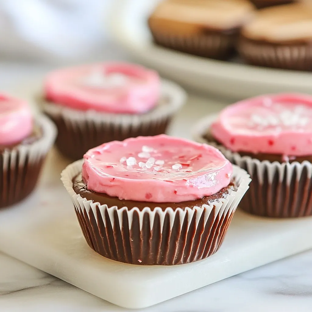 For these delightful strawberry peanut butter cups, gather the following ingredients: - 1 cup smooth peanut butter - 1 cup fresh strawberries, pureed - 1 cup dark chocolate chips - 2 tablespoons coconut oil If you want a sweeter treat, consider adding: - 1 tablespoon honey - 1 tablespoon maple syrup These sweeteners help balance the flavors. Use them according to your taste. You may skip them if your peanut butter is sweet enough. To finish your cups, you can add: - Sea salt, for garnish A sprinkle of sea salt enhances flavor. It adds a nice contrast to the sweetness. You can also garnish with whole strawberries for a pretty look. {{ingredient_image_2}} Start by lining your muffin tin with cupcake liners. This step is key! It makes it easy to remove the cups later. Make sure each cup is fully lined. This will help keep your treats intact. In a medium bowl, combine 1 cup of smooth peanut butter and honey or maple syrup, if you want it sweeter. Mix until everything is smooth and creamy. The texture should be thick but easy to spread. This will be the main filling for your cups. For the chocolate, grab a microwave-safe bowl. Add 1 cup of dark chocolate chips and 2 tablespoons of coconut oil. Heat in 30-second intervals, stirring in between. You want it to melt smoothly. If you prefer, you can use a double boiler on the stovetop. Spoon about 1 tablespoon of melted chocolate into each cupcake liner. Use the back of a spoon to spread it evenly. Place the muffin tin in the freezer for about 10 minutes. This will help the chocolate set. Once it is firm, take it out and add 1-2 tablespoons of the peanut butter mixture on top. Press it down gently to flatten it. Next, drizzle 1 tablespoon of strawberry puree over the peanut butter mix. Use a toothpick or the spoon to swirl the strawberry in. This adds a nice fruity flavor. Finally, pour more melted chocolate over everything. Aim for a smooth finish on top. Sprinkle a pinch of sea salt on each cup. This balances the sweetness and enhances the flavors. Place the muffin tin back in the freezer for 30-40 minutes until they are firm. Once set, gently pull the cups from the liners. Serve chilled or let them come to room temperature for a different texture. Enjoy your Strawberry Peanut Butter Cups! To get smooth layers in your cups, start with well-mixed ingredients. Mix the peanut butter and sweetener until creamy. When you pour chocolate, ensure it is fully melted. Use a spoon to gently spread it evenly in the muffin tin. This helps keep the layers even and nice. Remember to freeze each layer before adding the next. This step keeps them from mixing and creates clear lines. Melting chocolate can be tricky. I recommend using the microwave for ease. Place your chocolate chips and coconut oil in a bowl. Heat in 30-second bursts. Stir after each burst. This method helps avoid burning. If you prefer a double boiler, fill a pot with water and heat it. Place the bowl on top, ensuring it does not touch the water. Stir until it melts smoothly. A well-melted chocolate gives a shiny finish to your cups. To keep your cups fresh, store them in an airtight container. You can place parchment paper between layers to prevent sticking. Keep them in the fridge for up to a week. For longer storage, freeze them. Just make sure to wrap each cup in plastic wrap. When you want to eat them, let them thaw at room temperature for a few minutes. This way, they stay tasty and fresh for longer. Pro Tips Use High-Quality Chocolate: Opt for high-quality dark chocolate chips for a richer flavor and smoother melting experience. Chill Between Layers: Ensure each layer is fully chilled before adding the next to prevent mixing and maintain distinct layers. Experiment with Flavors: Feel free to add a splash of vanilla extract to the peanut butter mix for an extra layer of flavor. Storage Tips: Store the cups in an airtight container in the freezer for up to a month for a quick and delicious treat anytime. {{image_4}} You can switch up the nut butter for fun. Almond butter works great in this recipe. Cashew butter offers a creamy twist. Sunflower seed butter is perfect for nut-free options. Each choice brings its own flavor and texture. Feel free to experiment with what you love! Strawberries shine, but other fruits can steal the show! Try raspberries for a tart kick. Bananas add a sweet, creamy layer. Mango brings a tropical vibe. Just make sure the puree is smooth. This keeps the layers nice and even. Want to jazz it up? Add a splash of vanilla extract for warmth. Almond extract adds a lovely nutty touch. A bit of citrus zest can brighten the flavor. A pinch of cinnamon can bring out the sweetness. These small changes can make a big impact! To keep your strawberry peanut butter cups fresh, store them in the fridge. Use an airtight container for best results. If you stack the cups, separate layers with parchment paper to avoid sticking. This way, your treats stay intact and tasty. These cups last about a week in the fridge. For longer storage, you can freeze them. They stay good for up to two months in the freezer. Just make sure to wrap them tightly in plastic wrap before placing them in a freezer-safe bag. When you’re ready to enjoy frozen cups, take them out of the freezer. Let them thaw in the fridge for a few hours. This helps maintain their texture and flavor. If you're in a hurry, you can leave them at room temperature for about 30 minutes. Enjoy your treat when it’s soft and ready! Yes, you can use milk chocolate. Milk chocolate will give a sweeter taste. It melts well and works just like dark chocolate. However, the flavor will change. Dark chocolate is richer and adds depth. Yes, you can make these cups vegan. Use almond or cashew butter instead of peanut butter. For chocolate, choose a dairy-free version. Instead of honey, use maple syrup. This way, you keep it plant-based and tasty! Your cups are set when they feel firm to touch. After freezing, they should not be soft. Check the edges; they should hold shape well. If they seem too soft, freeze them a bit longer. Absolutely! You can make these cups a few days ahead. Store them in the fridge or freezer. If frozen, let them thaw for a bit before enjoying. This makes for a quick, yummy treat later! These cups are great on their own! You can serve them with fresh strawberries or whipped cream. Pair them with a scoop of vanilla ice cream for extra delight. They also go well with a cold glass of almond milk! You learned how to make tasty Strawberry Peanut Butter Cups. We covered ingredients, step-by-step instructions, and helpful tips. You can also explore fun variations and smart storage options. These treats are easy to customize and great for sharing. I suggest trying different flavors and nut butters. Enjoy the process and have fun in the kitchen. You can impress your friends with these delicious cups.