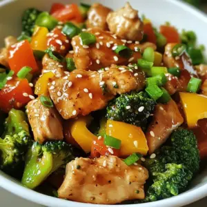 - 1 pound boneless, skinless chicken breast, thinly sliced into strips - 2 cups broccoli florets, washed - 1 bell pepper, sliced into thin strips (any color you prefer) - 3 cloves garlic, finely minced - 1-inch piece fresh ginger, grated To make this dish pop with flavor, I always use fresh ingredients. The chicken breast cooks quickly and stays juicy. Broccoli adds a nice crunch, while bell pepper brings color. Garlic and ginger give it that aromatic kick. - 3 tablespoons soy sauce (or tamari for a gluten-free option) - 2 tablespoons honey or maple syrup for sweetness - 1 tablespoon sesame oil to enhance flavor - 1 tablespoon olive oil for cooking The sauce is key to this stir fry. I mix soy sauce, honey, sesame oil, and garlic to create a rich taste. You can swap honey for maple syrup if you want a different sweet note. The olive oil helps cook the chicken without sticking. - Sesame seeds - Sliced green onions - Salt and pepper to taste Garnishes add the finishing touch. I love to sprinkle sesame seeds on top for crunch. Green onions add a fresh taste. Just a pinch of salt and pepper brings all the flavors together. These simple additions make the dish look great and taste even better. {{ingredient_image_2}} To start, thinly slice the chicken breast into strips. Aim for uniform pieces so they cook evenly. Use a sharp knife for clean cuts. After slicing, season the chicken lightly with salt and pepper. This boosts the chicken's flavor. Set the seasoned chicken aside while you prepare the other ingredients. Next, bring water to a rolling boil in a medium pot. Add the broccoli florets and blanch them for exactly 2 minutes. This keeps the broccoli bright green and crisp. After blanching, quickly transfer the broccoli to a bowl filled with ice-cold water. This stops the cooking. Once cooled, drain the broccoli and set it aside. In a small bowl, whisk together the soy sauce, honey (or maple syrup), sesame oil, minced garlic, and grated ginger. Mix until well combined. This sauce adds a rich flavor to your stir fry. Set the sauce aside for later use. Heat olive oil in a large skillet or wok over medium-high heat. When the oil is hot, add the sliced chicken strips. Stir-fry the chicken for 3 to 4 minutes. You want it to cook through and turn a light golden-brown. Once cooked, remove the chicken from the skillet and place it on a plate. In the same skillet, add the sliced bell pepper and the blanched broccoli. Stir-fry these vegetables for 2 to 3 minutes. Toss them frequently until they are tender-crisp. This texture keeps them crunchy and colorful. Now it's time to bring everything together. Return the cooked chicken to the skillet with the veggies. Pour the sauce over all the ingredients, ensuring even coverage. Gently toss everything to coat with the sauce. Add the cornstarch mixture to thicken the sauce. Continue to stir-fry for about 1 more minute. Remove the skillet from heat. For a nice touch, garnish your stir fry with sesame seeds and sliced green onions. This adds both flavor and a pop of color. Serve the dish right away, either on its own or over rice or noodles for a complete meal. For a finishing touch, consider drizzling a bit of extra sesame oil on top before serving. Using high heat is key for fast cooking. When you heat your skillet or wok, make sure it's very hot. This helps the chicken cook quickly and evenly. The high heat also gives the chicken a nice golden color. When the pan is hot, add olive oil and let it shimmer before adding chicken. This way, your stir fry stays crisp and fresh. To adjust sweetness and spice, taste as you go. If you want it sweeter, add more honey or maple syrup. For spice, consider adding red pepper flakes or fresh chili. Mixing flavors can elevate your dish. Keep in mind that a little goes a long way, so start small. To achieve tender-crisp vegetables, blanch them first. This means cooking them briefly in boiling water. After two minutes, move them to ice-cold water. This stops the cooking process and keeps them bright green. When stir-frying, cook them just until they are vibrant and slightly soft. This method ensures that your broccoli and bell pepper stay crunchy and full of flavor. Pro Tips Uniform Slicing: Ensure your chicken is sliced uniformly to promote even cooking throughout the stir fry. Blanching Benefits: Blanch the broccoli to maintain its bright color and crisp texture, enhancing both appearance and flavor. Flavor Boosting: Consider adding a splash of rice vinegar or lime juice to the sauce for an extra layer of tangy flavor. Serving Suggestions: For a heartier meal, serve the stir fry over steamed rice or noodles, complementing the flavors beautifully. {{image_4}} You can swap chicken for other proteins. Tofu is a great choice for a veggie meal. It soaks up flavor well and adds protein. Shrimp cooks fast and gives a nice twist. Just be sure not to overcook it. Beef can also work well if you slice it thinly. Each option brings a unique taste to your stir fry. Feel free to mix in other veggies. Carrots add color and sweetness. Snow peas offer a nice crunch. You can even use zucchini for a fresh twist. Just remember to cut them into similar sizes. This way, everything cooks evenly. Play around with what you have on hand! You can easily make this dish fit your needs. For gluten-free, use tamari instead of soy sauce. This keeps all the flavor without gluten. If you want a low-carb meal, skip the rice. Serve the stir fry on its own or with cauliflower rice. You can enjoy a tasty meal while sticking to your diet! To store your chicken and broccoli stir fry, let it cool first. Use an airtight container. This helps keep it fresh. Place it in the fridge for up to three days. If you want to keep it longer, consider freezing. When reheating, use the stovetop or microwave. For the stovetop, heat a pan and add a splash of water. Stir often. This keeps the veggies crunchy and chicken juicy. In the microwave, use a lower power setting. Heat in short bursts and stir in between. Yes, you can freeze stir fry! Make sure it cools down first. Then, use freezer-safe bags. Remove as much air as possible. This helps avoid freezer burn. It can last for up to three months. When ready, thaw in the fridge overnight before reheating. Making chicken and broccoli stir fry takes about 20 minutes. Here&rsquo;s the timing breakdown: - Prep Time: 10 minutes to slice the chicken and veggies. - Cooking Time: 10 minutes to stir-fry everything. This quick dish fits well into any busy schedule. Yes, you can use frozen broccoli. However, there are pros and cons. Pros: - Frozen broccoli is convenient and ready to use. - It saves time since you don&rsquo;t need to wash or cut it. Cons: - Frozen broccoli may have a softer texture when cooked. - Fresh broccoli has a better crunch and color. If you choose frozen, use it straight from the bag. No need to thaw. You can serve this dish with several sides for a complete meal: - Steamed rice or quinoa adds a nice base. - Noodles, such as rice noodles, pair well with the stir fry. - A simple salad can add freshness and crunch. These sides enhance the meal and make it more filling. If you want more heat, try these tips: - Add red pepper flakes to the sauce for an instant kick. - Include fresh chopped chili peppers when stir-frying the chicken. - Drizzle sriracha or another hot sauce on top before serving. Adjust the spice to match your taste! This blog post covered how to make a delicious chicken and broccoli stir fry. We looked at key ingredients, sauces, and easy steps. You learned quick cooking techniques, flavor tips, and ways to change the recipe. Storing leftovers and reheating were also explained, ensuring your dish stays tasty. In summary, stir frying is fast and fun. Now you can impress anyone with your cooking skills. Enjoy making this meal and feel confident trying new variations!