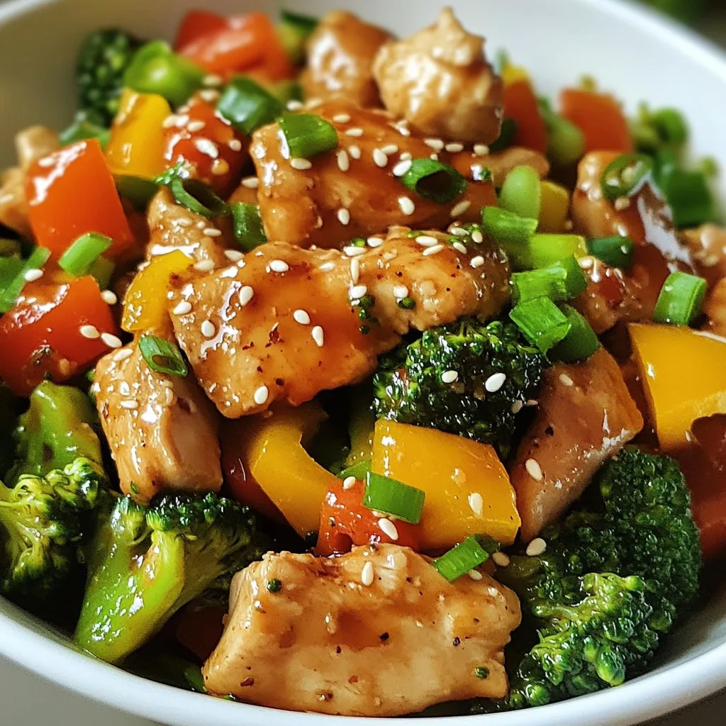 - 1 pound boneless, skinless chicken breast, thinly sliced into strips - 2 cups broccoli florets, washed - 1 bell pepper, sliced into thin strips (any color you prefer) - 3 cloves garlic, finely minced - 1-inch piece fresh ginger, grated To make this dish pop with flavor, I always use fresh ingredients. The chicken breast cooks quickly and stays juicy. Broccoli adds a nice crunch, while bell pepper brings color. Garlic and ginger give it that aromatic kick. - 3 tablespoons soy sauce (or tamari for a gluten-free option) - 2 tablespoons honey or maple syrup for sweetness - 1 tablespoon sesame oil to enhance flavor - 1 tablespoon olive oil for cooking The sauce is key to this stir fry. I mix soy sauce, honey, sesame oil, and garlic to create a rich taste. You can swap honey for maple syrup if you want a different sweet note. The olive oil helps cook the chicken without sticking. - Sesame seeds - Sliced green onions - Salt and pepper to taste Garnishes add the finishing touch. I love to sprinkle sesame seeds on top for crunch. Green onions add a fresh taste. Just a pinch of salt and pepper brings all the flavors together. These simple additions make the dish look great and taste even better. {{ingredient_image_2}} To start, thinly slice the chicken breast into strips. Aim for uniform pieces so they cook evenly. Use a sharp knife for clean cuts. After slicing, season the chicken lightly with salt and pepper. This boosts the chicken's flavor. Set the seasoned chicken aside while you prepare the other ingredients. Next, bring water to a rolling boil in a medium pot. Add the broccoli florets and blanch them for exactly 2 minutes. This keeps the broccoli bright green and crisp. After blanching, quickly transfer the broccoli to a bowl filled with ice-cold water. This stops the cooking. Once cooled, drain the broccoli and set it aside. In a small bowl, whisk together the soy sauce, honey (or maple syrup), sesame oil, minced garlic, and grated ginger. Mix until well combined. This sauce adds a rich flavor to your stir fry. Set the sauce aside for later use. Heat olive oil in a large skillet or wok over medium-high heat. When the oil is hot, add the sliced chicken strips. Stir-fry the chicken for 3 to 4 minutes. You want it to cook through and turn a light golden-brown. Once cooked, remove the chicken from the skillet and place it on a plate. In the same skillet, add the sliced bell pepper and the blanched broccoli. Stir-fry these vegetables for 2 to 3 minutes. Toss them frequently until they are tender-crisp. This texture keeps them crunchy and colorful. Now it's time to bring everything together. Return the cooked chicken to the skillet with the veggies. Pour the sauce over all the ingredients, ensuring even coverage. Gently toss everything to coat with the sauce. Add the cornstarch mixture to thicken the sauce. Continue to stir-fry for about 1 more minute. Remove the skillet from heat. For a nice touch, garnish your stir fry with sesame seeds and sliced green onions. This adds both flavor and a pop of color. Serve the dish right away, either on its own or over rice or noodles for a complete meal. For a finishing touch, consider drizzling a bit of extra sesame oil on top before serving. Using high heat is key for fast cooking. When you heat your skillet or wok, make sure it's very hot. This helps the chicken cook quickly and evenly. The high heat also gives the chicken a nice golden color. When the pan is hot, add olive oil and let it shimmer before adding chicken. This way, your stir fry stays crisp and fresh. To adjust sweetness and spice, taste as you go. If you want it sweeter, add more honey or maple syrup. For spice, consider adding red pepper flakes or fresh chili. Mixing flavors can elevate your dish. Keep in mind that a little goes a long way, so start small. To achieve tender-crisp vegetables, blanch them first. This means cooking them briefly in boiling water. After two minutes, move them to ice-cold water. This stops the cooking process and keeps them bright green. When stir-frying, cook them just until they are vibrant and slightly soft. This method ensures that your broccoli and bell pepper stay crunchy and full of flavor. Pro Tips Uniform Slicing: Ensure your chicken is sliced uniformly to promote even cooking throughout the stir fry. Blanching Benefits: Blanch the broccoli to maintain its bright color and crisp texture, enhancing both appearance and flavor. Flavor Boosting: Consider adding a splash of rice vinegar or lime juice to the sauce for an extra layer of tangy flavor. Serving Suggestions: For a heartier meal, serve the stir fry over steamed rice or noodles, complementing the flavors beautifully. {{image_4}} You can swap chicken for other proteins. Tofu is a great choice for a veggie meal. It soaks up flavor well and adds protein. Shrimp cooks fast and gives a nice twist. Just be sure not to overcook it. Beef can also work well if you slice it thinly. Each option brings a unique taste to your stir fry. Feel free to mix in other veggies. Carrots add color and sweetness. Snow peas offer a nice crunch. You can even use zucchini for a fresh twist. Just remember to cut them into similar sizes. This way, everything cooks evenly. Play around with what you have on hand! You can easily make this dish fit your needs. For gluten-free, use tamari instead of soy sauce. This keeps all the flavor without gluten. If you want a low-carb meal, skip the rice. Serve the stir fry on its own or with cauliflower rice. You can enjoy a tasty meal while sticking to your diet! To store your chicken and broccoli stir fry, let it cool first. Use an airtight container. This helps keep it fresh. Place it in the fridge for up to three days. If you want to keep it longer, consider freezing. When reheating, use the stovetop or microwave. For the stovetop, heat a pan and add a splash of water. Stir often. This keeps the veggies crunchy and chicken juicy. In the microwave, use a lower power setting. Heat in short bursts and stir in between. Yes, you can freeze stir fry! Make sure it cools down first. Then, use freezer-safe bags. Remove as much air as possible. This helps avoid freezer burn. It can last for up to three months. When ready, thaw in the fridge overnight before reheating. Making chicken and broccoli stir fry takes about 20 minutes. Here’s the timing breakdown: - Prep Time: 10 minutes to slice the chicken and veggies. - Cooking Time: 10 minutes to stir-fry everything. This quick dish fits well into any busy schedule. Yes, you can use frozen broccoli. However, there are pros and cons. Pros: - Frozen broccoli is convenient and ready to use. - It saves time since you don’t need to wash or cut it. Cons: - Frozen broccoli may have a softer texture when cooked. - Fresh broccoli has a better crunch and color. If you choose frozen, use it straight from the bag. No need to thaw. You can serve this dish with several sides for a complete meal: - Steamed rice or quinoa adds a nice base. - Noodles, such as rice noodles, pair well with the stir fry. - A simple salad can add freshness and crunch. These sides enhance the meal and make it more filling. If you want more heat, try these tips: - Add red pepper flakes to the sauce for an instant kick. - Include fresh chopped chili peppers when stir-frying the chicken. - Drizzle sriracha or another hot sauce on top before serving. Adjust the spice to match your taste! This blog post covered how to make a delicious chicken and broccoli stir fry. We looked at key ingredients, sauces, and easy steps. You learned quick cooking techniques, flavor tips, and ways to change the recipe. Storing leftovers and reheating were also explained, ensuring your dish stays tasty. In summary, stir frying is fast and fun. Now you can impress anyone with your cooking skills. Enjoy making this meal and feel confident trying new variations!