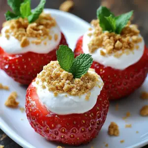 - 12 large strawberries - 1 cup cream cheese, softened - 1/4 cup powdered sugar - 1 teaspoon vanilla extract - 1/4 cup sour cream - 1/4 cup crushed graham crackers - Fresh mint leaves for garnish For this treat, you need fresh ingredients. Start with 12 large strawberries. Make sure they are ripe and firm for the best taste. Next, you will need a cup of softened cream cheese. This gives a rich, creamy base. Add 1/4 cup of powdered sugar for sweetness. Then, include 1 teaspoon of vanilla extract for flavor. You also need 1/4 cup of sour cream. This adds a nice tang. Finally, prepare 1/4 cup of crushed graham crackers. This gives the crunch that cheesecake lovers adore. Don't forget fresh mint leaves. They will brighten up the dish! With these ingredients, you can create a delightful snack or dessert. They are fun to make and even better to eat! {{ingredient_image_2}} - Rinse and dry strawberries: Start by rinsing the strawberries under cool water. This helps remove dirt. After rinsing, gently pat them dry with a clean paper towel. - Hollowing out the centers: Take a sharp knife and slice off the green tops of the strawberries. Use a small melon baller or a paring knife to hollow out the centers. Be careful not to break the outer skin. You can save the sliced tops for garnish if you want! - Mixing cream cheese and other ingredients: In a mixing bowl, add the softened cream cheese, powdered sugar, vanilla extract, and sour cream. Beat the mixture with an electric mixer on medium speed. Keep mixing until it is smooth and velvety. - Achieving the right texture: The goal is to make sure all ingredients blend well. You want a creamy texture that is easy to pipe into the strawberries. - Filling the strawberries with cheesecake mixture: Spoon the cheesecake filling into a piping bag or a resealable plastic bag. Carefully squeeze the mixture into each hollowed strawberry, filling them generously but not overflowing. - Topping with crushed graham crackers and mint leaves: After filling the strawberries, sprinkle crushed graham crackers over the tops. This gives a nice crunch, mimicking a cheesecake crust. For a fresh touch, add a small mint leaf on top of each strawberry. This makes them look pretty and tasty! Look for ripe and firm strawberries. They should have a bright red color. Check for a sweet scent, which shows they are fresh. Avoid any that are bruised or soft. Large strawberries work best for filling. They hold more cheesecake and look great on a platter. Adjust the sweetness and texture of the filling to your taste. Start with cream cheese, powdered sugar, vanilla, and sour cream. Mix until smooth and creamy. If you like it sweeter, add a bit more powdered sugar. For a tangier taste, a little more sour cream works well. Ensure the filling is thick enough to hold its shape when piped into strawberries. Arranging your strawberries on a serving platter adds to their charm. Place them close together but not touching. This way, each one shines on its own. Sprinkle the crushed graham crackers evenly on top to mimic a cheesecake crust. Add a fresh mint leaf on each strawberry for a splash of color. If you want a fun look, place the tops back on the strawberries! Pro Tips Choose Ripe Strawberries: Select strawberries that are deep red and firm to ensure the best flavor and texture for your dessert. Soften Cream Cheese Properly: Allow the cream cheese to sit at room temperature for about 30 minutes for easier mixing and a smoother filling. Experiment with Flavors: Try adding lemon zest or a splash of almond extract to the cheesecake filling for an extra flavor twist. Chill Before Serving: Refrigerate the filled strawberries for at least 30 minutes before serving to allow the flavors to meld and the filling to set. {{image_4}} You can make your Cheesecake Deviled Strawberries even more fun! Try adding citrus zest. A bit of lemon or orange zest adds a fresh twist. You can also melt chocolate and drizzle it on top. This gives a rich flavor that everyone loves. Feel free to mix and match flavors. The options are endless! Want to make this treat a bit healthier? Swap cream cheese for Greek yogurt. Greek yogurt is creamy and has less fat. It also adds some protein! This change keeps the taste delicious while making it a bit lighter. Your guests might not even notice the difference! Strawberries are great, but you can change things up with other berries. Try raspberries, blueberries, or blackberries. Each berry has its own unique taste. They also add bright colors to your plate. This makes your dish even more appealing. Get creative with seasonal fruits and enjoy new flavors! To keep your Cheesecake Deviled Strawberries fresh, place them in an airtight container. This helps prevent them from drying out. Store them in the fridge right after serving. Keep them away from strong-smelling foods to avoid flavor changes. If you use the reserved tops, place them back on for added protection. You can freeze Cheesecake Deviled Strawberries, but I don’t recommend it. The texture of the strawberries may change after thawing. If you freeze them, use a single layer on a baking sheet first. Once frozen, transfer them to a container. When you want to eat them, thaw in the fridge overnight. In the fridge, these tasty bites last about 1 to 2 days. After that, the strawberries may start to lose their freshness. Always check for any signs of spoilage before enjoying them. If they look or smell off, it's better to toss them. Yes, you can use non-dairy cream cheese. It works well in this recipe. Just ensure it is softened like regular cream cheese. The texture might be slightly different, but the taste will still be great. To make homemade graham cracker crumbs, you need graham crackers. Place them in a plastic bag, and crush them with a rolling pin. You can also use a food processor for a finer crumb. Aim for a sandy texture. Yes, you can prepare Cheesecake Deviled Strawberries in advance! Fill the strawberries a few hours before serving. Keep them in the fridge to stay fresh. Just add the graham cracker topping and mint leaves right before serving. To keep strawberries fresh, store them in the fridge. Place them in a single layer, not touching. Avoid washing them until you are ready to eat. This helps prevent mold and keeps them plump and juicy. In this post, we covered how to make cheesecake deviled strawberries. You learned about the ingredients, simple steps, and helpful tips. We explored flavor variations and storage options too. Creating these treats is fun and easy. You can impress guests with simple steps and tasty results. Enjoy the process and be creative! Try new flavors or mix in seasonal fruits. Your tasty twist is just a scoop away!