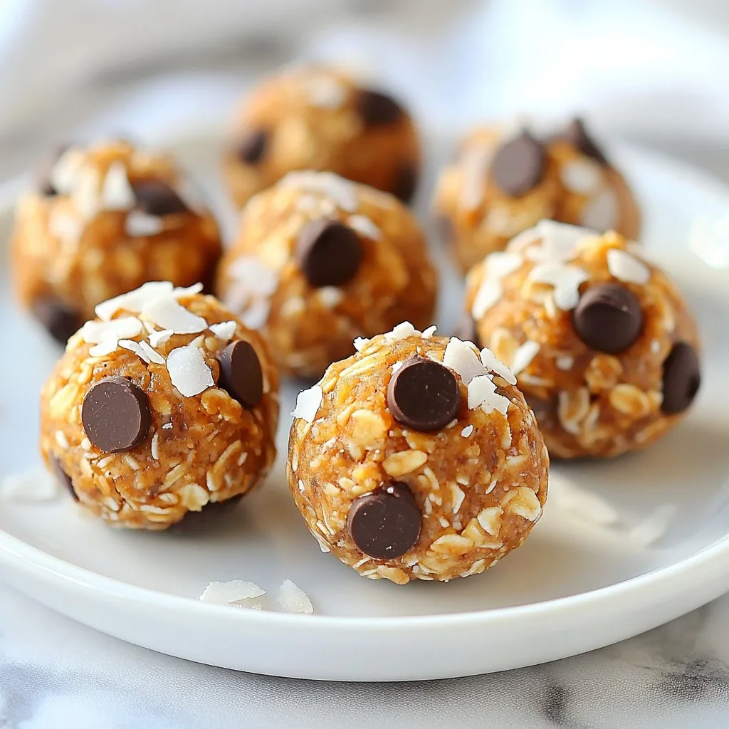 - 1 cup rolled oats - 1/2 cup natural peanut butter (or almond butter) - 1/3 cup honey or maple syrup - 1/2 cup protein powder - 1/4 cup mini dark chocolate chips - 1/4 cup chopped nuts - 1/4 cup unsweetened shredded coconut - 1 teaspoon vanilla extract - A pinch of sea salt You need these simple ingredients to make the best no-bake protein power balls. Rolled oats serve as the base. They add fiber and help keep you full. Peanut butter or almond butter provides healthy fats and protein. Honey or maple syrup gives sweetness and binds the mix together. Adding protein powder boosts your intake. You can use vanilla or chocolate flavors for extra taste. Mini dark chocolate chips offer a sweet touch. Chopped nuts add crunch and more nutrients. Unsweetened shredded coconut enhances texture and flavor. Vanilla extract rounds out the taste, and a pinch of sea salt balances the sweetness. - Different types of protein powder - Variations in nut types - Additional toppings like cacao powder Feel free to customize your power balls! You can use any type of protein powder you like. This way, you can change the taste. Try different nuts, such as almonds or walnuts, to switch up the crunch. You can also add toppings like cacao powder for a rich flavor boost. This flexibility allows you to create a snack that suits your tastes and needs. {{ingredient_image_2}} - Mixing dry ingredients: Start with a large bowl. Add 1 cup of rolled oats and 1/2 cup of protein powder. Stir until combined. This mix gives the base good texture and protein. - Combining wet ingredients: Next, add 1/2 cup of natural peanut butter and 1/3 cup of honey or maple syrup. Use a spatula to mix well. This step makes the mixture sticky and sweet. - Incorporating add-ins: Now, add 1/4 cup of mini dark chocolate chips, 1/4 cup of chopped nuts, and 1/4 cup of unsweetened shredded coconut. Also, add 1 teaspoon of vanilla extract and a pinch of sea salt. Stir until all ingredients are evenly mixed. This adds flavor and crunch. - Shaping the mixture: Scoop out small amounts of the mixture with your hands. Form each scoop into a ball about 1 inch wide. If it’s too sticky, chill it in the fridge for 10 minutes. This makes shaping easier. - Setting in the refrigerator: Place the shaped balls on a baking sheet lined with parchment paper. Make sure they don’t touch each other. Then, refrigerate for 30 minutes. This helps the power balls firm up. - How to store: After they are set, move the power balls to an airtight container. Keep them in the fridge. This keeps them fresh and tasty. - Duration of freshness: The power balls will last for up to one week in the fridge. Enjoy them as a quick snack or post-workout boost! To get the right texture for your protein power balls, adjust stickiness using refrigeration. If the mixture feels too sticky, chill it in the fridge for about 10 minutes. This makes it easier to roll into balls without the mess. When you form the balls, use your hands to scoop out the mix. Make each ball about 1 inch in size. This size is perfect for snacking. To make your protein power balls even tastier, try adding spices. A dash of cinnamon or a hint of nutmeg can bring new life to your mix. You can also experiment with different nut butters. Almond butter gives a nice twist, while sunflower seed butter is great for nut-free options. Each nut butter adds its own unique flavor. Enjoy these power balls as a quick snack or post-workout boost. They are also a sweet treat anytime! For a gourmet touch, drizzle melted dark chocolate on top. You can also roll them in cacao powder for added flavor. Pair these power balls with fresh fruit or yogurt for a balanced snack. Pro Tips Chill for Easy Handling: If the mixture is too sticky to form into balls, refrigerate it for about 10 minutes. This will make it easier to shape without mess. Customize Your Flavor: Feel free to experiment with different nut butters or add-ins like dried fruits or seeds for a personal touch and added nutrition. Keep Them Fresh: Store the power balls in an airtight container in the refrigerator to maintain their freshness for up to a week. Boost Nutrition: Add a tablespoon of flaxseeds or chia seeds to increase the omega-3 fatty acids and fiber content of your power balls. {{image_4}} To make vegan protein power balls, swap honey for maple syrup. Maple syrup gives a sweet taste without any animal products. You can also use almond butter instead of peanut butter. Almond butter adds a nutty flavor that pairs well with the oats. This version is perfect for those who follow a plant-based diet. For a low-carb version, choose sugar-free sweeteners like stevia or erythritol. These sweeteners keep the taste without adding extra carbs. Use a low-carb protein powder too, like whey isolate or plant-based blends. This way, you can enjoy the protein balls without worrying about carbs. Try mixing in chocolate and coconut for a tasty treat. Use dark chocolate chips and unsweetened shredded coconut. This combo offers a rich and satisfying flavor. Another popular mix is peanut butter with chocolate chips. The creamy peanut butter pairs well with the sweetness of chocolate. Both combinations keep the protein balls fun and exciting! Store your protein power balls in an airtight container. Glass or plastic containers work well. They stay fresh for up to one week in the fridge. To keep your power balls longer, freeze them. Place them in a single layer on a baking sheet first. Once frozen, transfer them to a freezer bag. They can last for up to three months. To enjoy, thaw them in the fridge overnight or at room temperature for a few hours. Check for changes in smell or texture. If they develop an off smell, toss them. Look for any signs of mold or unusual colors. These are clear signs that they are no longer good to eat. Protein power balls last about one week in the fridge. Store them in an airtight container. If you want to keep them longer, you can freeze them. They stay fresh in the freezer for about three months. Yes, you can use different protein powder flavors. Each flavor will change the taste of your power balls. For example, chocolate powder gives a sweet, rich taste. Vanilla powder offers a lighter, fresher flavor. Just remember, some flavors might add extra sugar or fat. Absolutely! These power balls are great for kids. They pack protein, healthy fats, and fiber. Kids love the taste, especially with chocolate chips. You can also make fun shapes or use colorful toppings to make them more appealing. To make these power balls gluten-free, use gluten-free rolled oats. Many brands offer gluten-free oats now. Check the label to ensure they are certified. This way, everyone can enjoy these tasty snacks without worries. In this post, we covered how to make delicious power balls with simple ingredients. We discussed required and optional add-ins, step-by-step instructions, and tips for great texture. You learned about variations and how to store them safely. These protein power balls are easy to customize. Feel free to experiment and find your favorite flavors. Enjoy making these healthy snacks that fit your taste and lifestyle!