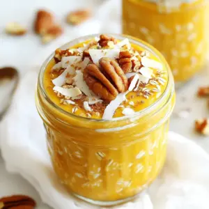 To make this tasty dish, gather these main items: - 1 cup rolled oats - 1 cup almond milk (or your preferred milk) - 1/2 cup canned pumpkin puree - 2 tablespoons pure maple syrup - 1 teaspoon pumpkin spice blend (this includes cinnamon, nutmeg, and ginger) - 1/2 teaspoon pure vanilla extract - A pinch of salt These ingredients work together to create a rich and creamy base. The oats soak up all the flavors overnight, making them soft and delicious. You can also add these items to make your oats unique: - 1 tablespoon chia seeds (for more creaminess and nutrition) Chia seeds are a great option. They help thicken the oats and add healthy omega-3s. If you like a thicker texture, try adding them! Top your oats with these tasty options for extra crunch and flavor: - Chopped pecans - Chopped walnuts - Toasted coconut flakes These toppings bring texture and a fun twist to your meal. You can mix and match to find your perfect combination! {{ingredient_image_2}} To start, grab a medium mixing bowl. Add 1 cup of rolled oats and 1 cup of almond milk. Then, mix in 1/2 cup of canned pumpkin puree. Next, pour in 2 tablespoons of pure maple syrup. This gives your oats a nice sweetness. Now, add 1 teaspoon of pumpkin spice blend. This is a mix of cinnamon, nutmeg, and ginger. You can also add 1/2 teaspoon of pure vanilla extract for extra flavor. If you want more creaminess, toss in 1 tablespoon of chia seeds. Finally, add a pinch of salt to enhance the taste. Use a whisk or spoon to stir everything well. Make sure the oats soak up the milk and pumpkin mixture. Once your mixture is ready, it&rsquo;s time to divide it. Pour the oat mixture into two or three airtight jars. This makes it easy to store and serve later. Close the lids on your jars and place them in the fridge. Let the oats chill for at least 6 to 8 hours, or overnight if you can. This soaking time helps the oats soften and take on all those delicious flavors. When morning comes, take the jars out of the fridge. Give the oats a good stir. If they feel too thick, add a splash of almond milk. This will help you reach your desired creaminess. Now comes the fun part&mdash;adding toppings! You can sprinkle chopped pecans, walnuts, or toasted coconut flakes on top. These add a nice crunch and extra flavor. For a fancy touch, serve the oats in clear jars. This shows off the vibrant orange color of the pumpkin mixture. A light dusting of pumpkin spice on top makes them look even better. Enjoy your easy and flavorful breakfast! To make your oats creamy, use rolled oats instead of quick oats. Rolled oats soak better and provide a nice texture. Combine them with almond milk and pumpkin puree to keep it rich. If you want extra creaminess, add chia seeds. They absorb liquid and thicken the mix. - Mix well: Stir until all oats are well coated with liquid. - Refrigerate overnight: Let the oats soak for at least 6-8 hours. You can make your pumpkin spice oats your own. Use more or less pumpkin spice blend based on your taste. If you love cinnamon, add extra. Want a hint of sweetness? Pour in more maple syrup. You could also swap in different extracts like almond or hazelnut for a unique twist. - Try different spices: Add nutmeg or allspice for a new flavor layer. - Experiment with sweeteners: Use honey or agave syrup instead of maple syrup. Boost the nutrition of your overnight oats with fun add-ins. Flax seeds are great for omega-3s. Greek yogurt can add protein and creaminess. You can also mix in some nuts or seeds for healthy fats. - Add fruit: Toss in some berries or banana slices before serving. - Include greens: A spoonful of spinach or kale blends well and adds vitamins. Follow these tips to make your pumpkin spice overnight oats even better. Enjoy the creamy, tasty goodness! Pro Tips Use Steel-Cut Oats for Chewiness: If you prefer a heartier texture, substitute rolled oats with steel-cut oats. Just remember to soak them longer for optimal softness! Experiment with Milk Alternatives: While almond milk is delicious, feel free to try coconut milk, oat milk, or even soy milk to add unique flavors to your overnight oats. Sweetness Level Adjustment: Depending on your taste, you can adjust the amount of maple syrup. For a less sweet option, start with 1 tablespoon and add more to taste after the oats have soaked. Make it a Meal Prep: Double or triple the recipe to have a convenient breakfast ready for several days. Just store the extra jars in the refrigerator and enjoy throughout the week! {{image_4}} For a dairy-free and vegan version, I use almond milk. You can swap it for any plant-based milk, like oat or coconut milk. Canned pumpkin puree is naturally vegan. Pure maple syrup adds sweetness without any animal products. This makes the dish both rich and creamy, perfect for a healthy breakfast. To make this recipe gluten-free, choose certified gluten-free rolled oats. Most oats are processed in places that handle gluten. So, it's best to check the label. The rest of the ingredients are naturally gluten-free, so you can enjoy this dish without worry. You can mix up the flavors too! For a twist, try adding cocoa powder for chocolate pumpkin oats. Or, mix in a dollop of nut butter for extra creaminess. You might also enjoy adding fresh fruit like sliced bananas or diced apples. Each variation brings a new taste and excitement to your morning routine. To store your pumpkin spice overnight oats, use airtight containers. Glass jars work best. Make sure you seal them tightly. This keeps the oats fresh and tasty. Refrigerate the jars right after you make them. These oats stay good in the fridge for up to five days. The flavors get better as they sit. However, keep an eye on them. If you see any change in color or smell, it's best to toss them. You can eat the oats cold or warm them up. If you prefer warm oats, heat them in the microwave. Add a splash of almond milk if they seem dry. Stir well to mix the flavors. Enjoy your tasty treat at any time of the day! Overnight oats stay fresh for about 3 to 5 days in the fridge. After that, they may lose their taste and texture. To enjoy them at their best, eat them within this time. Yes, you can use any milk you like. Almond milk, soy milk, oat milk, or coconut milk all work well. Each option gives a unique taste. Choose what you enjoy most or what you have at home. Absolutely! You can skip the chia seeds if you want. They add creaminess and nutrition, but they are not necessary. Your oats will still taste great without them. Pumpkin spice overnight oats are easy, tasty, and fun to make. We covered the main and optional ingredients, plus types of toppings. You learned how to prepare the oats, store them, and personalize your flavor. Making healthy versions is simple with a few swaps too. These oats fit any taste and need. Enjoy them for breakfast or a snack. I hope you try these ideas and create your perfect bowl of pumpkin spice overnight oats!