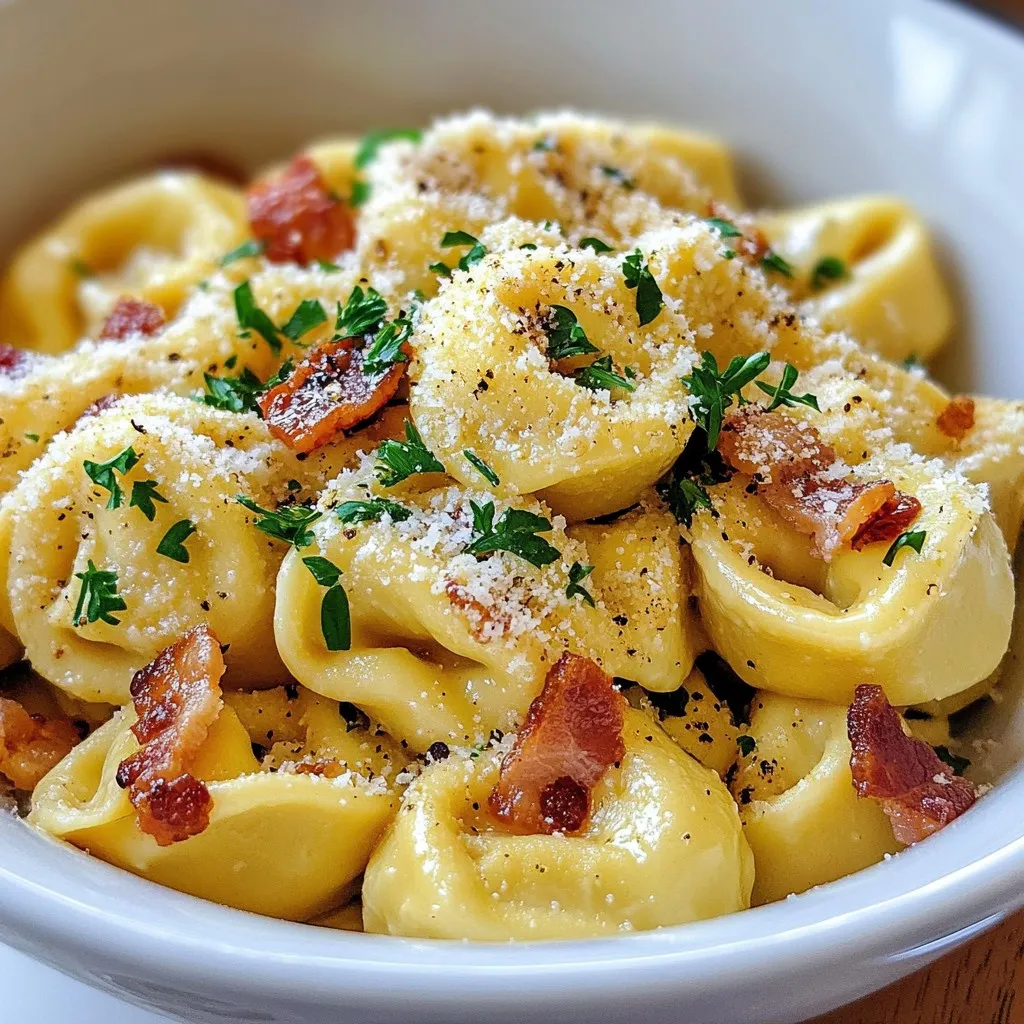 - Cheese Tortellini You need one package (9 oz) of cheese tortellini. This is the star of your dish. The tortellini is soft and filled with cheese. It cooks quickly, making it perfect for a fast meal. - Turkey Bacon and Alternatives Use four slices of chopped turkey bacon. This adds a nice, smoky flavor. If you prefer, you can swap it with pancetta or veggie bacon. Both work well in this dish. - Eggs and Dairy You’ll need two large eggs and ½ cup of finely grated Parmesan cheese. The eggs help make the sauce creamy. The cheese adds a rich flavor that ties everything together. - Seasonings and Garnishes Gather one clove of minced garlic, one tablespoon of extra-virgin olive oil, sea salt, and freshly ground black pepper. Fresh parsley, chopped, is great for garnish. It adds color and freshness, making your dish look appealing. This simple list of ingredients sets you up for a delicious thirty-minute meal. Each part plays a role in creating a tasty, creamy carbonara that delights the palate. {{ingredient_image_2}} Boiling and Draining Start by boiling water in a large pot. Add a pinch of sea salt to the water. Once it boils, add the cheese tortellini. Cook according to the package instructions until they are al dente. This usually takes about 3-5 minutes. When done, drain the tortellini well. Reserving Pasta Water Before you drain, save a small cup of pasta water. This water has starch that helps thicken your sauce later. Set the tortellini aside in a bowl. Cooking the Turkey Bacon In a large skillet, heat one tablespoon of extra-virgin olive oil over medium heat. Add the chopped turkey bacon. Cook for about 5-7 minutes until it turns crispy and golden brown. Stir often to avoid burning. Sautéing Garlic Once the bacon is crispy, add one clove of minced garlic to the skillet. Sauté for about 1-2 minutes. Stir frequently until the garlic smells great but does not brown. Brown garlic can taste bitter. Mixing Eggs and Cheese In a separate bowl, crack two large eggs. Whisk them together with ½ cup of finely grated Parmesan cheese. Mix until smooth. Add a small pinch of sea salt and some freshly ground black pepper. This is your creamy carbonara sauce. Combining Ingredients Add the cooked tortellini to the skillet with the crispy bacon and garlic. Remove the skillet from the heat. This step is important to keep the eggs from scrambling. Pour the egg and cheese mixture over the hot tortellini. Tossing the Tortellini Gently toss the tortellini, bacon, and garlic together. Do this quickly to make sure the heat cooks the eggs just right. If the sauce seems too thick, add a splash of the reserved pasta water. This will make it creamy. Ideal Serving Suggestions Stir until the tortellini is well coated with the sauce. Taste and add more salt or pepper if you like. Serve the Tortellini Carbonara warm. Garnish with chopped parsley and more Parmesan cheese on top for extra flavor. Enjoy your meal! Seasoning the Dish Start with sea salt for the pasta water. This adds flavor to the tortellini. After mixing, taste the dish. Add more salt and pepper if needed. Don’t forget to sprinkle some extra Parmesan on top. It boosts the taste. Using Fresh Ingredients Fresh ingredients make a big difference. Use fresh garlic instead of powder. Fresh parsley adds color and flavor. Choose high-quality Parmesan cheese for the best results. Fresh ingredients elevate the entire dish. Importance of Residual Heat Residual heat is key to a creamy sauce. Once you mix the eggs and cheese, add them quickly to the hot tortellini. This way, the heat cooks the eggs gently. It creates a rich and smooth sauce without scrambling the eggs. Adjusting Sauce Consistency If the sauce feels too thick, don’t worry. Gradually add reserved pasta water. This helps loosen the sauce. Stir well until you reach your desired creaminess. The sauce should coat the tortellini perfectly. Efficient Ingredient Preparation Prep all your ingredients before cooking. Chop the turkey bacon and mince the garlic first. This makes cooking faster. You won’t waste time looking for items while cooking. Cooking Equipment Suggestions Use a large skillet for this recipe. It gives enough space for the tortellini and bacon. A whisk is great for mixing eggs and cheese. A pasta pot for boiling tortellini is also helpful. The right tools make cooking easier. Pro Tips Use Fresh Ingredients: Fresh cheese tortellini and high-quality Parmesan cheese will elevate the dish's flavor significantly. Control the Heat: Removing the skillet from the heat before adding the egg mixture ensures a creamy sauce without scrambling the eggs. Customize the Bacon: Feel free to substitute turkey bacon with regular bacon or pancetta for a richer flavor profile. Herb Variations: Experiment with different herbs like basil or thyme to add a unique twist to the dish. {{image_4}} You can change some ingredients in this recipe to fit your needs. - Meat Alternatives: If you want to switch up the meat, use pancetta or veggie bacon. Pancetta adds a rich flavor. Veggie bacon works for a plant-based meal. Both options give a tasty twist to the dish. - Dairy-Free Options: For a dairy-free version, swap out the Parmesan cheese for nutritional yeast. Nutritional yeast has a cheesy taste. You can also use a dairy-free cheese that melts well. This keeps the creaminess while making it suitable for those avoiding dairy. You can make your Tortellini Carbonara even better with some add-ins. - Vegetables: Adding peas or spinach can boost the dish's nutrition and color. Peas add sweetness, while spinach offers a nice texture. Simply toss them in when you mix the tortellini and bacon. - Additional Proteins: If you want to add more protein, consider chicken or shrimp. Cooked chicken can be shredded and mixed in. Shrimp should be sautéed until pink before adding. Both options enhance the meal and make it more filling. These variations let you customize the dish to your taste. Enjoy experimenting with flavors! Store your leftover Tortellini Carbonara in the fridge. Use an airtight container. It stays fresh for up to three days. Before storing, let it cool down. This prevents extra steam and keeps it from getting soggy. When you reheat, check the taste. You may need to add a pinch of salt or pepper. For long-term storage, freeze the Tortellini Carbonara. Place it in a freezer-safe container. It will hold its quality for up to three months. To defrost, move it to the fridge overnight. This keeps it safe. You can also heat it straight from the freezer. Just add some extra pasta water to help bring back the creaminess. Reheat your Tortellini Carbonara on the stove. Use a non-stick skillet over low heat. Stir gently as it warms. If it looks dry, add a splash of reserved pasta water. This helps keep the sauce creamy. Avoid using a microwave, as it may cook the eggs too much. Enjoy your meal just like fresh! To make this dish vegetarian, swap turkey bacon with plant-based bacon or mushrooms. Both options add great flavor. You can also use a mix of veggies like peas or spinach for extra nutrition. This keeps the dish hearty and satisfying without meat. Yes, you can use store-bought carbonara sauce. The pros include saving time and effort. It’s quick and easy. However, store-bought sauces may lack fresh flavors. They also often have preservatives. Making your sauce from scratch gives you control over taste and quality. Great side dishes for Tortellini Carbonara include a fresh salad or garlic bread. A simple green salad adds crunch and freshness. Garlic bread brings warmth and a nice texture. You can also try roasted vegetables for a colorful addition. To make this dish gluten-free, choose gluten-free tortellini. Many brands offer delicious alternatives made from rice or quinoa. Always check the label to ensure they meet your needs. This way, everyone can enjoy this tasty meal. This blog post covered the key ingredients for making Tortellini Carbonara, from cheese tortellini to seasonings. I shared step-by-step instructions to guide you through cooking, assembling, and serving the dish. Tips included maximizing flavor and time-saving strategies. Variations offered ideas for customizing the recipe to your taste. Lastly, I explained how to store and reheat the dish properly. Making this Tortellini Carbonara is simple, delicious, and allows for creative twists. Enjoy making this meal your own!
