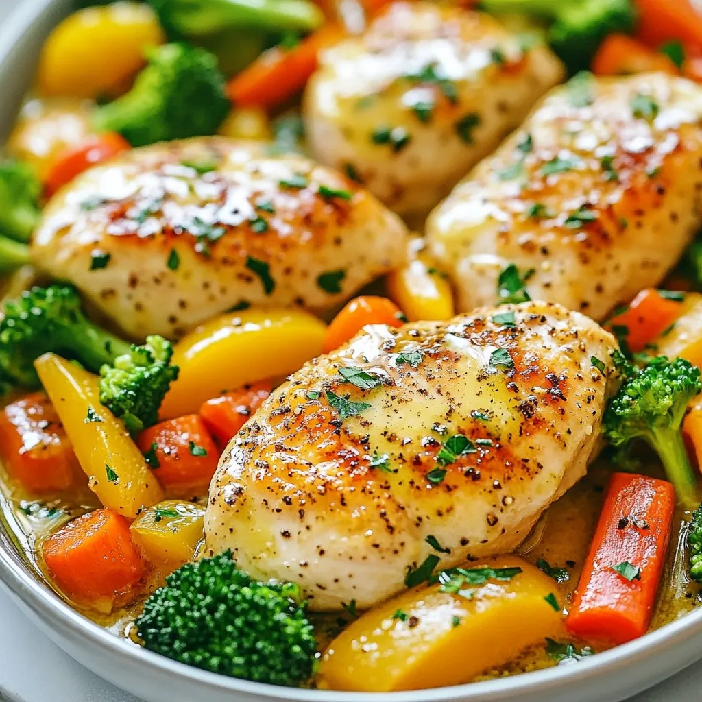 - Chicken and Veggies - 4 boneless, skinless chicken breasts - 2 cups broccoli florets - 1 cup baby carrots, sliced - 1 cup bell peppers, diced (red or yellow) - Spices and Seasonings - 6 cloves garlic, minced - 1 teaspoon paprika - 1 teaspoon dried thyme - Salt and pepper to taste - Garnishes - 4 tablespoons unsalted butter - Fresh parsley, chopped (for garnish) Gather these items before you start. This will make cooking easier. The chicken and veggies are the stars here. You can switch the veggies based on what you like. Use fresh ones for the best taste. The spices add depth. Paprika gives warmth, while thyme adds a nice earthiness. Salt and pepper make everything pop. Don't skip the garlic; it’s what makes this dish shine. Finally, parsley adds color and freshness. You can use it to top your dish right before serving. Having these ingredients ready helps you create a delightful meal. {{ingredient_image_2}} - Preheating the Oven First, set your oven to 400°F (200°C). This heat cooks the chicken evenly and helps the veggies roast well. - Melting the Butter Next, take a large oven-safe skillet. Melt 2 tablespoons of unsalted butter on medium heat. Wait until it foams and then settles. This shows it's hot and ready for cooking. - Seasoning the Chicken Season both sides of the chicken breasts with salt, pepper, paprika, and dried thyme. This mix gives the chicken a tasty crust. - Searing the Chicken Place the seasoned chicken in the skillet. Sear for about 4-5 minutes on each side. Look for a nice golden color. This adds flavor and makes it look great. - Sautéing the Veggies After browning the chicken, set it aside on a plate. In the same skillet, add the other 2 tablespoons of butter. Toss in minced garlic, broccoli florets, sliced carrots, and diced bell peppers. Sauté for about 3-4 minutes. The veggies should start to soften, and the garlic will smell great. - Combining Chicken and Veggies Now, return the seared chicken to the skillet. Place it on top of the sautéed vegetables. This helps the flavors mix well as everything cooks together. - Oven Cooking Process Spoon some veggies over the chicken for extra flavor. Then, transfer the skillet to the preheated oven. Bake for 20-25 minutes. - Checking for Doneness Check the chicken's internal temperature. It should reach 165°F (75°C) to be fully cooked. - Resting the Chicken Once cooked, carefully take the skillet out of the oven. Let the chicken rest for a few minutes. This helps the juices stay in the meat. - Garnishing Tips Before serving, sprinkle freshly chopped parsley on top. This adds color and a fresh taste. Enjoy your garlic butter chicken with bright, tasty veggies! - Ensuring Flavorful Chicken: Season the chicken well with salt, pepper, paprika, and thyme. This gives it a tasty crust. Sear it until golden brown. This step adds depth to the flavor. - Vegetable Cooking Time: Sauté the veggies for just a few minutes. This keeps them crisp and bright. Aim for 3-4 minutes to soften them without losing their crunch. - Avoiding Overcooked Veggies: Keep an eye on your veggies as they cook. Remove them from heat while they are still slightly firm. This helps them stay vibrant and delicious. - Perfectly Cooked Chicken Tips: Use a meat thermometer to check the chicken. It should reach 165°F (75°C) for safe eating. Let it rest after cooking. This helps the juices flow back into the meat. - Adding Extra Herbs or Spices: Feel free to add fresh herbs like basil or rosemary. They can enhance the flavor and make the dish more fragrant. - Suggested Marinades: Consider marinating the chicken in lemon juice or soy sauce. This adds more flavor and keeps the meat juicy. A simple marinade can make a big difference! Pro Tips Use Room Temperature Chicken: Allow the chicken breasts to sit at room temperature for about 15-20 minutes before cooking. This ensures they cook evenly and stay juicy. Customize Your Veggies: Feel free to swap in your favorite vegetables such as zucchini or asparagus for a personal touch. Just keep cooking times in mind. Check Doneness with a Thermometer: Always use a meat thermometer to check the chicken's internal temperature, aiming for 165°F (75°C) to ensure safety and juiciness. Let It Rest: After removing the skillet from the oven, let the chicken rest for a few minutes before slicing. This helps retain moisture and flavor. {{image_4}} You can switch up the protein in this dish. Turkey offers a leaner option. Simply use turkey breasts instead of chicken. Cook it the same way, adjusting the time if needed. Pork is another great choice. Pork tenderloin works well. Season and cook it like the chicken for a tasty twist. For a vegetarian meal, use firm tofu or tempeh. Marinate it in garlic butter before cooking. This adds depth while keeping the dish light. Feel free to mix in seasonal veggies for variety. In spring, try asparagus or snap peas. In fall, use squash or Brussels sprouts. You can also add creative extras. Think about artichokes, zucchini, or even sweet potatoes. Each addition brings new flavor and color to the meal. For an Asian-inspired twist, add soy sauce and ginger to the garlic butter. This creates a savory glaze perfect for chicken. Serve it with jasmine rice for a complete meal. If you prefer a lemon herb flavor, mix in lemon juice and zest. Fresh herbs like rosemary or dill enhance the dish's brightness. This variation is fresh and vibrant, making it perfect for warm weather. - Refrigeration Tips: Store leftover garlic butter chicken and veggies in an airtight container. It stays fresh for about 3-4 days in the fridge. Make sure it cools down before sealing the container to prevent moisture buildup. - Freezing Instructions: For longer storage, freeze the leftovers in a freezer-safe bag or container. This dish can last up to 3 months in the freezer. Thaw it overnight in the fridge before reheating. - Best Method to Reheat: The best way to reheat garlic butter chicken and veggies is in the oven. Set it to 350°F (175°C) and bake for about 15-20 minutes, or until heated through. You can also use the microwave, but be careful not to overcook it. - Maintaining Flavor and Texture: To keep the chicken moist, add a splash of broth or water before reheating. Cover the dish with a lid or microwave-safe wrap to trap steam, helping the chicken and veggies stay juicy. To check if the chicken is done, use a meat thermometer. Insert it into the thickest part of the chicken. The temperature should reach 165°F (75°C). If you don't have a thermometer, cut into the chicken. The meat should be white, not pink, and juices should run clear. Yes, you can use frozen chicken. However, it is best to thaw it first. Thaw in the fridge overnight or use the defrost setting on your microwave. This helps the chicken cook evenly and stay juicy. This dish goes well with rice, quinoa, or pasta. You can also serve it with crusty bread to soak up the garlic butter sauce. A light salad or garlic bread adds freshness and balance to the meal. Leftover garlic butter chicken can last up to three days in the fridge. Store it in an airtight container to keep it fresh. Reheat it in the microwave or on the stove until it is warm. Enjoy it again! This blog post covers how to make a tasty garlic butter chicken and veggies. We looked at ingredients, cooking steps, tips, and variations. You can easily customize this dish with different proteins or vegetables. Don't forget to check chicken doneness for the best results. With the right storage and reheating tips, leftovers will stay delicious. Try these methods to impress yourself and others. Cooking can be fun and rewarding! Enjoy your meals and happy cooking!