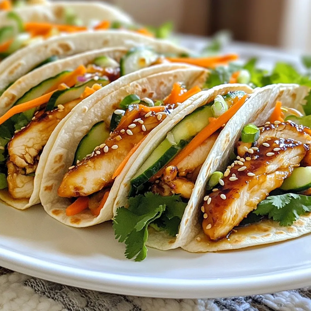 To make teriyaki chicken wraps, you need these fresh ingredients: - 2 boneless chicken breasts, thinly sliced - 1/4 cup homemade teriyaki sauce - 4 large tortillas or wraps - 1 cup shredded carrots - 1 cup mixed greens (spinach, arugula, or lettuce) - 1/2 cucumber, julienned - 1/4 cup green onions, finely chopped - Sesame seeds for garnish - Olive oil for cooking - Salt and pepper to taste If you can’t find some fresh ingredients, here are some ideas: - Chicken: Use turkey or tofu for a different taste. - Tortillas: Try lettuce leaves for a low-carb option. - Mixed greens: Any salad mix works well. - Cucumber: Zucchini slices can add crunch. - Carrots: Use bell peppers for a sweeter touch. Making your teriyaki sauce is easy. Here’s how: 1. Combine 2 tablespoons of soy sauce. 2. Add 1 tablespoon of honey. 3. Mix in 1 tablespoon of rice vinegar. 4. Finally, add 1 teaspoon of freshly grated ginger. This sauce will give your chicken a sweet and savory flavor you’ll love! {{ingredient_image_2}} To start, you need to marinate the chicken. Take 2 boneless chicken breasts and slice them thin. Place the chicken in a medium bowl. Pour in 1/4 cup of homemade teriyaki sauce. This sauce is easy to make! Mix 2 tablespoons of soy sauce, 1 tablespoon of honey, 1 tablespoon of rice vinegar, and 1 teaspoon of grated ginger. Stir it well. Cover the bowl and let the chicken sit for at least 15 minutes. This helps the chicken soak up all that great flavor. Now it's time to cook the chicken. Heat a large skillet over medium heat and add 1 tablespoon of olive oil. Wait until the oil shimmers. Then, add the marinated chicken pieces to the pan. Cook the chicken for about 5 to 7 minutes. Stir it often. You want the chicken to be cooked through and start to caramelize. Season the chicken with salt and pepper while it cooks. This adds extra flavor. While the chicken is cooking, get your tortillas ready. Place 4 large tortillas on a clean surface. Start with a handful of mixed greens on each one. Then, add a generous scoop of shredded carrots. Next, put some julienned cucumber on top. Finally, add the hot teriyaki chicken. Now, it's time to wrap them up! Fold the sides of each tortilla inward. Then, roll them tightly from the bottom up. This keeps all the yummy filling inside. Once they are wrapped, place them seam-side down on a plate. For a nice touch, sprinkle sesame seeds and chopped green onions on top. Finally, slice each wrap in half diagonally. This makes them easy to hold and eat. Enjoy your delicious Teriyaki Chicken Wraps! To make a great teriyaki sauce, use simple ingredients. Start with soy sauce for saltiness. Honey adds sweetness, while rice vinegar gives a tangy kick. Fresh ginger boosts flavor and aroma. Combine these in a bowl. Taste and adjust to your liking. If you want it thicker, add a cornstarch slurry. This makes the sauce glossy and sticky, perfect for your wraps. For tender chicken, thin slicing is key. It helps the chicken cook evenly and quickly. Marinate the chicken for at least 15 minutes. This lets the flavors soak in. When cooking, use medium heat. This prevents burning while ensuring the chicken cooks through. Stir occasionally to avoid sticking. The chicken should caramelize slightly. This gives a lovely texture and adds flavor. When serving your wraps, presentation matters. Lay each wrap seam-side down on a plate. This keeps them intact. Sprinkle sesame seeds and green onions on top for color and crunch. You can serve with extra teriyaki sauce on the side for dipping. Pair the wraps with a light salad or some fresh fruit. This balances the meal and adds freshness. Pro Tips Marinate Longer for Flavor: If time allows, marinate the chicken for at least 30 minutes or even overnight in the refrigerator for enhanced flavor and tenderness. Use Fresh Ingredients: Fresh vegetables, especially the greens and cucumbers, will add a crunch and vibrant flavor to your wraps, making them more appealing. Customize Your Fillings: Feel free to add other ingredients like avocado, bell peppers, or even cooked quinoa for a boost of nutrition and flavor. Serve with a Dipping Sauce: Consider serving the wraps with additional teriyaki sauce or a spicy mayo for dipping to elevate the overall experience. {{image_4}} You can easily change this recipe to make it vegetarian or vegan. Use tofu instead of chicken. First, press the tofu to remove extra water. Then, cut it into slices. Marinate the tofu in the teriyaki sauce for the same time. Cook it in olive oil just like the chicken. You can also use tempeh or seitan for a meat-like texture. Both options taste great when cooked right. Want to add more fun to your wraps? Try adding roasted bell peppers or avocado for creaminess. You can also mix in some sliced radishes for a spicy crunch. If you love heat, drizzle some sriracha or chili sauce inside the wrap. Fresh herbs like cilantro or basil can brighten the dish. Don't forget to sprinkle some crushed peanuts for extra texture! If you need gluten-free wraps, many options are available. Look for gluten-free tortillas made from rice or corn. You can also use lettuce leaves as a wrap. This option is light and fresh. Just make sure the teriyaki sauce is gluten-free too. Some soy sauces contain wheat, so check the label carefully. This way, everyone can enjoy these tasty wraps! To keep your leftover teriyaki chicken wraps fresh, wrap each one in plastic wrap. Place them in an airtight container. This will help prevent them from getting soggy. Store them in the fridge for up to 2 days. If you plan to eat them later, avoid adding fresh veggies until you're ready to enjoy. When you're ready to eat the wraps, there are a few ways to heat them. You can use a microwave or a skillet. If using a microwave, unwrap the wrap and heat it for about 30 seconds. Check to see if it's warm enough. If it needs more time, heat in 10-second bursts. For a skillet, warm it over medium heat for about 2-3 minutes on each side. This keeps the wrap nice and crispy while warming the filling. If you want to save wraps for later, freezing is a great option. First, let the wraps cool completely. Then, wrap each one tightly in plastic wrap and place them in a freezer bag. Remove as much air as possible to prevent freezer burn. They can stay in the freezer for up to 3 months. When you’re ready to eat, thaw them overnight in the fridge before reheating. Yes, you can! You can swap chicken for turkey or pork. Beef also works well. Just remember to adjust cooking times. Thin slices cook fast and stay juicy. For a plant-based option, try tofu or tempeh. These will soak up the teriyaki flavor nicely. The best way to marinate chicken is to use a bowl. Combine your chicken with the sauce, like my homemade teriyaki. Make sure the chicken is covered well. Allow it to sit for at least 15 minutes. For more flavor, you can marinate it for an hour or overnight in the fridge. You can store these wraps in the fridge for up to three days. Keep them in an airtight container. This helps keep them fresh and tasty. If you notice any extra moisture, wrap them in a paper towel. It will absorb the moisture and keep the wraps crisp. In this blog post, we explored how to make delicious teriyaki chicken wraps. We covered the ingredients needed, including fresh options and a homemade sauce recipe. I shared step-by-step instructions for marinating and cooking the chicken, as well as tips for perfect wraps. We also discussed variations, like vegetarian options, and how to store leftovers. Remember, cooking is fun, and these wraps are easy to enjoy any time. Get creative and make this recipe your own!