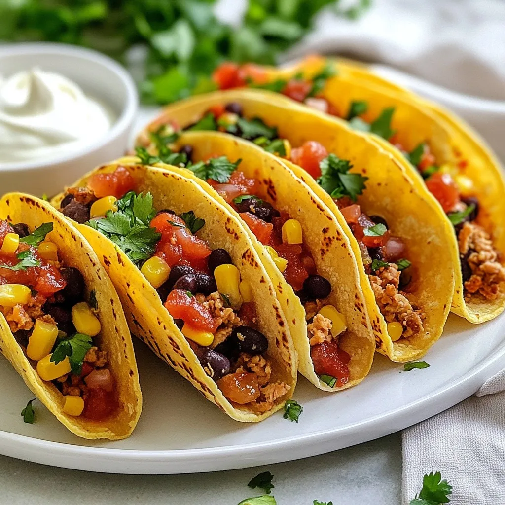- 1 pound ground chicken - 1 tablespoon olive oil - 1 small onion, finely chopped - 2 cloves garlic, minced - 1 teaspoon chili powder - 1/2 teaspoon ground cumin - 1/2 teaspoon smoked paprika - 1/2 teaspoon fine sea salt - 1/4 teaspoon freshly cracked black pepper - 1 cup black beans, drained and rinsed - 1 cup corn, frozen or fresh - 1 cup shredded cheese (cheddar or a Mexican blend) - 12 mini taco shells (store-bought or homemade) - 1/2 cup salsa (your choice) - Fresh cilantro, chopped (for garnish) - Sour cream (optional) - For vegetarians, swap ground chicken with crumbled tofu or lentils. - Use shredded rotisserie chicken for a quicker option. - Replace black beans with pinto beans or chickpeas for a different taste. - Add diced bell peppers or zucchini for extra veggies. - Calories: 300 - Protein: 20g - Carbohydrates: 25g - Fat: 15g - Fiber: 6g - Sugar: 2g This recipe offers a delightful mix of flavors. You’ll enjoy the crunch of the mini taco shells combined with the warm, savory filling. The spices really bring the chicken to life, making each bite a treat. Plus, with so many variations, you can customize it to fit your taste or dietary needs. {{ingredient_image_2}} Start by preheating your oven to 375°F (190°C). This is key for getting the tacos crispy and warm. While it heats, gather your ingredients. This keeps everything organized and easy to find. In a large skillet, pour in the olive oil and heat over medium. Once hot, add the finely chopped onion. Sauté for 4-5 minutes until it becomes soft and clear. Next, stir in the minced garlic and cook for another 1-2 minutes. You want it to smell great but not burn. Now, add the ground chicken to the skillet. Use a spatula to break it apart as it cooks. Stir often for about 7-10 minutes. Cook until the chicken is no longer pink. Season it with chili powder, cumin, smoked paprika, salt, and pepper. Stir well to mix the spices into the chicken. Next, add the rinsed black beans and corn. Cook for another 2-3 minutes until heated through. Remove from heat and let the mixture cool slightly. This step is important. It helps keep the taco shells from getting soggy. On a baking sheet, arrange the mini taco shells. Fill each shell with the chicken mixture. Press down gently to pack it in. Sprinkle shredded cheese over each taco. Drizzle a spoonful of salsa on top for extra flavor. Bake the tacos in your preheated oven for 10-12 minutes. Look for the cheese to melt and bubble. Once done, take them out and let them cool for a few minutes. Garnish with freshly chopped cilantro for a pop of color and taste. If you like, serve with sour cream on the side. To keep your taco shells crispy, fill them right before baking. Let the chicken mix cool first. This step stops moisture from making the shells soggy. You can also bake the empty shells for a few minutes before adding the filling. This simple trick makes a big difference! For the best melted cheese, use a blend of cheeses. A mixture of cheddar and Mexican cheese works well. Sprinkle the cheese on top of the filled tacos before baking. Bake until you see bubbles and the cheese turns golden. This will give you that perfect melt and pull. Garnish your tacos with fresh cilantro for a great taste. Add a dollop of sour cream for creaminess. A squeeze of lime juice can also brighten the flavors. Serve with extra salsa on the side for those who like a kick. These small touches make your tacos even more delicious! Pro Tips Choose Your Cheese: Experiment with different types of cheese for unique flavors. Pepper jack adds a spicy kick, while mozzarella offers a milder taste. Keep It Crispy: To maintain the crunch of the taco shells, avoid overfilling them with the chicken mixture and serve immediately after baking. Mix Up the Veggies: Feel free to add diced bell peppers or jalapeños to the chicken mixture for added texture and flavor. Make Ahead: Prepare the chicken filling in advance and store it in the refrigerator. Assemble and bake the tacos right before serving for a fresh meal. {{image_4}} You can switch the ground chicken for other proteins. Beef adds a rich taste. Turkey is leaner and still tasty. Tofu is a great choice for a veggie option. Just make sure to press it dry first. This helps the tofu absorb flavors better. Each protein brings its own twist to the tacos. Want to spice up your tacos? Add some extra chili powder or garlic powder. A pinch of cayenne can kick things up a notch. Fresh herbs like cilantro or parsley add a pop of flavor too. You can also try adding lime juice for a zesty kick. The right spices can make these tacos your favorite dish. If you want a lighter option, try lettuce wraps instead of taco shells. They are fresh and crunchy. You can also make homemade taco shells using corn tortillas. Just bake them in the oven until crispy. This way, you control the ingredients and flavors. These alternatives can change the whole feel of the meal. Store leftover mini baked chicken tacos in an airtight container. Keep them in the fridge for up to three days. Make sure they cool down first. This helps keep the shells from getting soggy. To reheat, preheat your oven to 350°F (175°C). Place the tacos on a baking sheet. Heat them for about 10 minutes or until warm. You can also use a microwave. Just heat them for 30-60 seconds. Be careful not to overheat, as that can make the shells tough. You can freeze the chicken mixture before baking. Let it cool, then store in a freezer-safe bag. It will last up to three months. When you want to eat, thaw it in the fridge overnight. Fill the taco shells and bake as usual. This saves time and makes meal prep easy! Yes, you can use regular taco shells. Just keep in mind that the filling amount may differ. Regular shells hold more filling, so adjust your mix accordingly. If you prefer the mini version, they are fun and bite-sized. You can use ground turkey or beef as a substitute. If you want a vegetarian option, try black beans or lentils. These options still give great flavor and texture. Choose what fits your taste and diet. Yes, they are freezer-friendly! You can freeze the assembled tacos before baking. Just wrap them tightly in plastic wrap. When ready to eat, bake them straight from the freezer, adding a few extra minutes to the cook time. To add heat, mix in chopped jalapeños or cayenne pepper. You can also choose a spicy salsa to drizzle on top. Adjust the spice level to suit your taste buds. Enjoy the kick! This blog post covered how to make tasty tacos with many options. We listed ingredients, gave variations, and shared nutritional facts. You learned step-by-step instructions to prepare and bake. We shared tips to avoid soggy shells and best cheese methods. You also found ways to store and reheat leftovers. Tacos are fun and flexible. With so many choices, you can create a meal that fits your taste and needs. Enjoy these ideas and make your next taco night a hit!