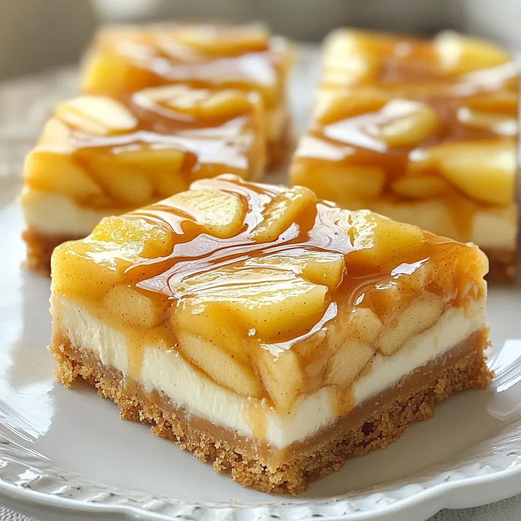 To make these tasty caramel apple cheesecake bars, you will need: - 2 cups graham cracker crumbs - 1/2 cup unsalted butter, melted - 1/4 cup granulated sugar - 2 (8-ounce) packages cream cheese, softened - 1 cup powdered sugar - 1 teaspoon pure vanilla extract - 2 large eggs, at room temperature - 2 cups apples, peeled, cored, and diced (preferably Granny Smith) - 1 teaspoon ground cinnamon - 1/2 cup caramel sauce (store-bought or homemade) - Optional: chopped nuts (such as pecans or walnuts) for topping You can easily swap some ingredients if needed. Here are some ideas: - Use coconut oil instead of butter for a dairy-free option. - If you don't have graham crackers, any plain cookie will work, like digestive biscuits. - For a lower sugar option, you can use a sugar substitute in the filling. - Any tart apple variety can replace Granny Smith, like Honeycrisp or Braeburn. Toppings can add a special touch. Try these options: - Drizzle extra caramel sauce on top for more sweetness. - Sprinkle chopped nuts for a nice crunch. - Add a dollop of whipped cream on each bar before serving. - A sprinkle of sea salt can enhance the caramel flavor. These small changes can make your dessert unique and fun! {{ingredient_image_2}} Start by preheating your oven to 350°F (175°C). This step is key for even baking. Next, take a 9x13 inch baking dish and line it with parchment paper. Make sure some paper hangs over the edges. This helps you lift the bars out later. In a medium bowl, mix 2 cups of graham cracker crumbs with 1/2 cup of melted butter and 1/4 cup of granulated sugar. Stir until it looks like wet sand. Press this mix firmly into the bottom of your baking dish. You want it smooth and even. In a larger bowl, beat 2 packages of softened cream cheese with an electric mixer. Mix it until it’s smooth and creamy. Slowly add 1 cup of powdered sugar and 1 teaspoon of pure vanilla extract. Keep mixing until it’s fluffy and well combined. Take 2 cups of diced apples and toss them in 1 teaspoon of ground cinnamon. This adds a warm flavor. Gently fold this apple mix into the cheesecake batter. Be careful not to overmix. You want to keep the nice chunks of apple. Pour the apple cheesecake mix over the cooled crust. Spread it evenly with a spatula. Next, drizzle 1/2 cup of caramel sauce over the top. Use a toothpick to swirl the caramel into the cheesecake. Bake it in the oven for 30 to 35 minutes. The center should have a slight jiggle when done. Once baked, let it cool completely. Then, refrigerate for at least 3 hours before cutting. To get a smooth cheesecake, make sure your cream cheese is soft. Let it sit out for about 30 minutes before mixing. Beat the cream cheese well until it is fluffy. Add eggs one at a time, mixing well after each. This helps to keep the batter light and airy. Granny Smith apples work best for this recipe. They are tart and hold their shape well when baked. You can also try Honeycrisp apples for a sweeter touch. Always peel and core the apples. Then, dice them into small pieces. This ensures every bite has apple goodness. When you drizzle caramel over the cheesecake, use a light hand. Pour it in a zigzag pattern across the top. Then take a toothpick or knife to swirl it. Don’t over-swirl; you want to see both caramel and cheesecake. This creates a stunning marbling effect. Pro Tips Use Room Temperature Ingredients: Ensure your cream cheese and eggs are at room temperature before mixing. This helps achieve a smoother and creamier batter without lumps. Choose the Right Apples: Granny Smith apples are ideal for this recipe due to their tartness, which balances the sweetness of the caramel and cheesecake. Swirl the Caramel: When swirling the caramel into the cheesecake layer, use a gentle hand to create beautiful marbled patterns without overmixing the batter. Chill Before Serving: For best texture and flavor, refrigerate the cheesecake bars for at least 3 hours or overnight. This allows the bars to set properly and enhances the taste. {{image_4}} You can make mini versions of these bars. Use a mini muffin tin to create bite-sized treats. Press the graham cracker crust into each cup. Fill them with the cheesecake mixture and diced apples. Bake just like the bars, but for a shorter time. These bites are perfect for parties or snacks. If you want to change the flavor, try adding nutmeg or cloves. Just a pinch will add depth. Mix these spices into the apple mixture or the cheesecake batter. This small change can give your bars a whole new taste. It’s a fun way to switch things up! To make these bars gluten-free, swap out the graham crackers. Use crushed gluten-free cookies or almond flour mixed with melted butter. This will give you a tasty crust without gluten. It’s a simple swap that keeps the joy of these caramel apple cheesecake bars. To keep your caramel apple cheesecake bars fresh, store them in the fridge. Use an airtight container to prevent drying out. Make sure they are fully cooled before covering them. These bars will stay tasty for about five days in the fridge. You can freeze these bars for up to three months. First, cut them into squares. Wrap each piece in plastic wrap. Then, place them in a freezer-safe bag or container. This way, they stay fresh and ready for a sweet treat anytime. When you are ready to enjoy your frozen cheesecake bars, take them out of the freezer. Move them to the fridge and let them thaw overnight. If you're in a hurry, you can leave them at room temperature for about 30 minutes. Once thawed, serve them chilled. They taste best when cold, and you can add more caramel or nuts if you like! Caramel Apple Cheesecake Bars can last about 5 days in the fridge. Make sure to store them in an airtight container. This keeps them fresh and tasty. If you want them to last longer, you can freeze them. They can stay good in the freezer for up to 3 months. Yes, you can use store-bought caramel sauce. It saves time and still tastes great. Just drizzle it over the cheesecake before baking. If you prefer a homemade touch, you can also make your own caramel sauce. Both options work well for this recipe. To cut cheesecake bars, use a sharp knife. Dip the knife in hot water for a few seconds, then wipe it dry. This helps create clean cuts. You can also score the cheesecake lightly before cutting. This guide makes cutting easier and neater. Yes, you can make these cheesecake bars ahead of time. They are perfect for parties or gatherings. Make them a day before and chill them overnight. This allows the flavors to blend well and the bars to set properly. To sum up, this post covered all you need to make delicious Caramel Apple Cheesecake Bars. You learned about key ingredients and how to substitute them. I shared step-by-step instructions to guide you through baking. The tips and tricks help ensure your bars have the perfect texture. Additionally, I provided fun variations to try and storage tips for fresh treats. Enjoy your baking adventure! It’s time to impress your friends and family.