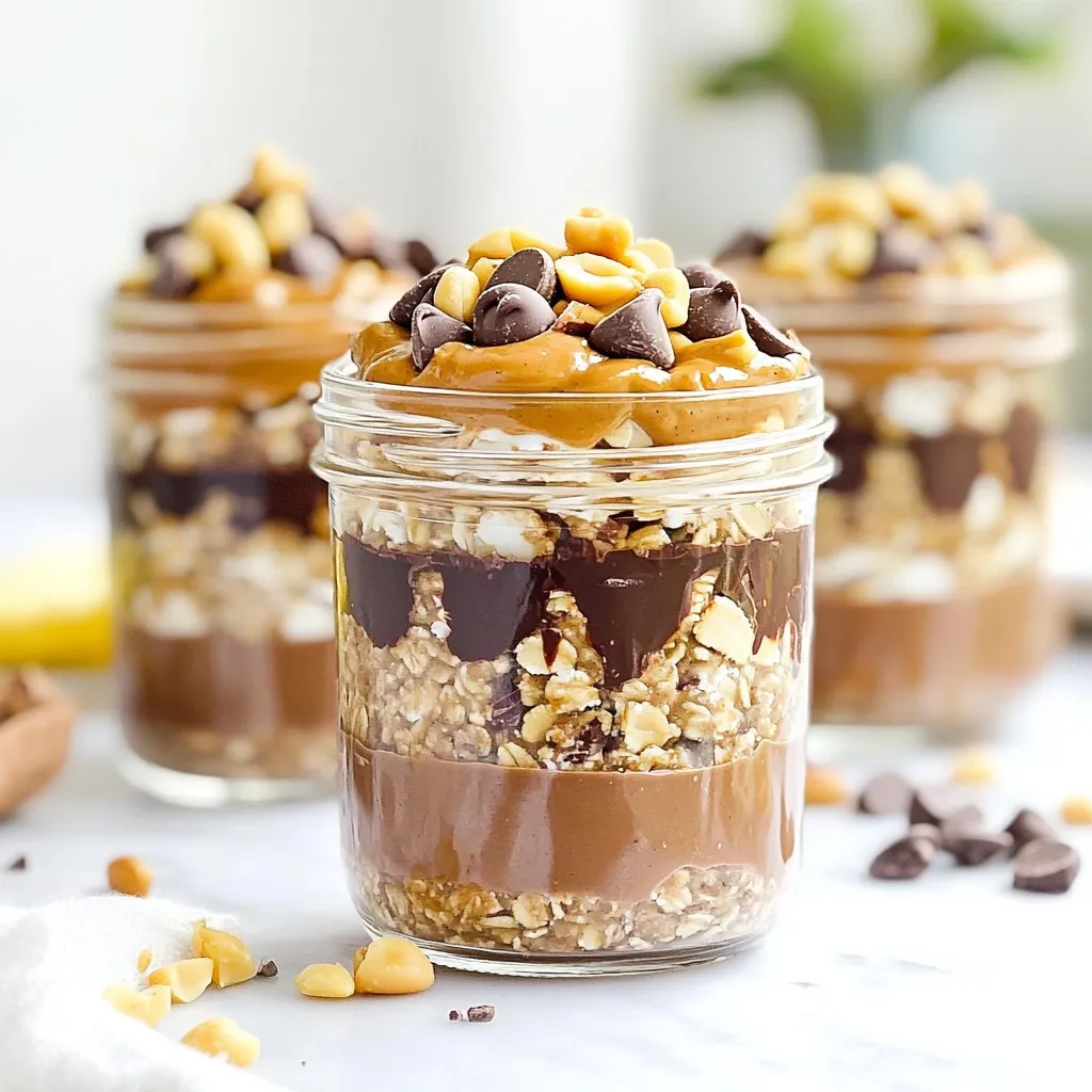 Here are the simple ingredients you will need for Peanut Butter Cup Overnight Oats: - 1 cup rolled oats - 2 cups almond milk (or any milk of your choice) - 2 tablespoons natural peanut butter - 1 tablespoon unsweetened cocoa powder - 2 tablespoons honey or maple syrup (adjust sweetness to your preference) - 1 teaspoon pure vanilla extract - A pinch of salt - 1/4 cup mini chocolate chips (plus extra for topping) - Chopped peanuts (for garnish) These ingredients are easy to find and work well together. Rolled oats give you a hearty base. Almond milk adds creaminess. Natural peanut butter brings rich flavor. Cocoa powder gives that chocolate kick. Sweeteners let you control the sweetness. Vanilla extract enhances all the flavors. A pinch of salt balances the dish. Chocolate chips add fun. Chopped peanuts finish it with a crunch. You can mix and match these ingredients. Feel free to swap almond milk for any milk you like. You can also adjust the sweeteners based on your taste. {{ingredient_image_2}} First, grab a medium bowl. Pour in 1 cup of rolled oats and 2 cups of almond milk. Add a pinch of salt. Mix it well until all the oats are coated. This step gives a good base for your oats. Next, take a small bowl. Whisk together 2 tablespoons of natural peanut butter, 1 tablespoon of unsweetened cocoa powder, and 2 tablespoons of honey or maple syrup. Don’t forget to add 1 teaspoon of pure vanilla extract. Make sure the mixture is smooth and uniform. This creates the rich flavor. Now, pour the peanut butter mixture into the oats. Stir gently until everything is blended. You want a smooth texture with no lumps. This is where the magic begins! Spoon the mixture evenly into jars. Make sure to seal them tightly. This keeps the oats fresh. Place the jars in the fridge to chill overnight or at least for 4 hours. Give the oats time to soak up all that creamy goodness. When you’re ready to enjoy, stir the oats well. You can add a splash of milk for a creamier texture. Top your oats with extra mini chocolate chips and chopped peanuts. This adds a fun crunch and makes it look great! To keep your overnight oats fresh, use airtight containers. Glass jars work best. They help preserve flavor and moisture. Store your jars in the fridge. Peanut Butter Cup Overnight Oats can last up to five days. Just make sure you seal them tight. You can adjust the texture of your oats easily. If you want creamier oats, add a splash of milk before serving. Stir it in well for a smooth mix. If you prefer thicker oats, reduce the milk slightly. Play around to find what you enjoy most! If you want to swap honey or maple syrup, try agave syrup or stevia. Both work well and change the taste a bit. Adjust sweetness to your liking. Start with less and add more if needed. You can always make it sweeter! Pro Tips Use Rolled Oats: For the best texture, stick to rolled oats rather than instant oats, which can become too mushy. Customize Sweetness: Adjust the honey or maple syrup according to your taste; you can even omit it for a less sweet option. Mix Thoroughly: Ensure the peanut butter mixture is well-blended to avoid clumps in your overnight oats. Top Creatively: Experiment with different toppings like sliced bananas, berries, or a drizzle of honey for extra flavor and nutrition. {{image_4}} You can change up the flavor of your Peanut Butter Cup Overnight Oats easily. Adding fruits makes it fun! Try sliced bananas or a handful of berries. They bring sweetness and freshness to each bite. You can also add nuts or seeds for a nice crunch. Chopped almonds or flax seeds work well. This gives your oats a healthy boost and extra texture. If you need gluten-free options, use certified gluten-free oats. They will still taste great and give you the same texture. For vegan adaptations, switch honey for maple syrup. Use any plant-based milk like almond or oat milk. With these swaps, everyone can enjoy this tasty meal. Want more chocolate? You can use chocolate protein powder in your base. It adds flavor and boosts protein. Frozen cacao nibs are another great topping. They add a nice crunch and rich chocolate taste. You can choose any chocolate option that makes your taste buds happy! For the best storage, use airtight containers. Glass jars work great. They keep the oats fresh and let you see the layers. You can also use plastic containers. Just make sure they are sealed tight. Store your overnight oats in the fridge. They last well for up to five days. If you want to keep them longer, you can freeze them. Just remember, the texture may change when you thaw them. If you like your oats warm, you can reheat them. Place the oats in a bowl and microwave for about 30 seconds. Stir and check the temperature. If they need more time, heat in 10-second bursts. To keep the texture nice, add a splash of milk before warming. This keeps them creamy and smooth. For easy meal prep, make four servings at a time. This way, you have breakfast ready for the week. Divide the mixture into jars or containers. Using portion control helps reduce waste. You can enjoy them daily without making a mess. Yes, you can easily make this recipe vegan. Here are some simple swaps: - Use plant-based milk like soy, oat, or coconut milk. - Replace honey with maple syrup or agave syrup for sweetness. - Ensure your peanut butter is free from added sugar or dairy. These changes keep the flavor rich while making it suitable for a vegan diet. You can store Peanut Butter Cup Overnight Oats in the fridge for up to five days. This makes them great for meal prep. Just keep them in a sealed container to keep them fresh. You can use instant oats, but the texture will differ. Instant oats become softer and mushier when mixed with liquid. Rolled oats give a chewier bite and hold their shape better. For the best experience, stick with rolled oats. If almond milk isn’t your thing, you have plenty of choices: - Soy milk offers a creamy texture and good protein. - Oat milk is mild and complements the flavors well. - Coconut milk adds a rich, tropical twist. Choose any milk that fits your taste and dietary needs. To boost the protein in your overnight oats, consider these options: - Add a scoop of protein powder to the mix. - Stir in Greek yogurt for creaminess and extra protein. - Top with nuts or seeds like chia or hemp for added crunch and nutrition. These additions make your meal more filling and nutritious. You now know how to make Peanut Butter Cup Overnight Oats. We explored simple ingredients, mixing steps, and fun variations. Remember, you can customize flavors and adjust sweetness as you like. Store them properly for the best taste and texture. Try adding fruits or nuts for extra goodness. With these tips, your breakfast can be both tasty and quick. Enjoy creating your own perfect version!