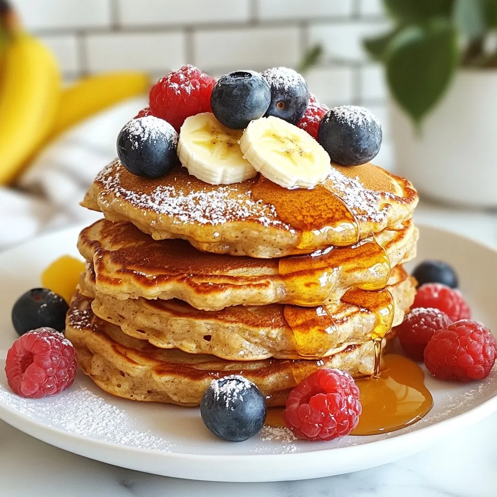 - 2 ripe bananas - 1 cup rolled oats - 1/2 cup milk (or preferred dairy-free alternative) - 2 large eggs - 1 teaspoon baking powder - 1 teaspoon ground cinnamon - 1 teaspoon vanilla extract - A pinch of salt - Coconut oil or non-stick cooking spray for the skillet When I make flourless banana oat pancakes, I enjoy the simple and healthy ingredients. The ripe bananas add natural sweetness, making sugar unnecessary. Rolled oats provide fiber and help keep you full. The milk gives the batter a creamy texture. You can use any milk, like almond, soy, or oat milk, for a dairy-free choice. The eggs bind everything together and add protein, while baking powder makes the pancakes fluffy. Ground cinnamon adds a warm spice flavor, and vanilla extract gives a sweet aroma. A pinch of salt balances all the flavors. Lastly, I use coconut oil or non-stick spray to keep the pancakes from sticking to the skillet. Each pancake has about 80 calories. They contain roughly 14 grams of carbs, 3 grams of protein, and 2 grams of fat. This makes them a nutritious choice for breakfast or a snack. If you want dairy-free pancakes, use almond or coconut milk instead of regular milk. For a vegan option, replace the eggs with a mix of flaxseed and water. Mix one tablespoon of flaxseed with three tablespoons of water and let it sit for a few minutes. This will act as a great egg substitute. {{ingredient_image_2}} - Combine 2 ripe bananas, 1 cup rolled oats, 1/2 cup milk, and 2 large eggs in a blender. - Add 1 teaspoon baking powder, 1 teaspoon ground cinnamon, 1 teaspoon vanilla extract, and a pinch of salt. - Blend on medium speed until smooth. The batter should be thick and creamy. - Let the batter rest for about 5 minutes. This helps thicken it up. - Preheat your non-stick skillet over medium heat. Lightly grease it with coconut oil or non-stick spray. - Pour about 1/4 cup of the batter onto the hot skillet for each pancake. - Cook until small bubbles form on the surface, about 2-3 minutes. - Carefully flip the pancake with a spatula and cook for another 2-3 minutes. Look for a lovely golden brown color. - Place the cooked pancakes on a plate to keep them warm. - To keep pancakes warm, cover them with a clean kitchen towel. - Stack the pancakes high on a serving plate for visual appeal. - Drizzle with maple syrup or honey, and add fresh berries on top. - For a beautiful finish, add a light dusting of powdered sugar and banana slices. Resting the batter is key. Letting it sit for 5 minutes helps the oats soak up the milk. This thickens the batter, making it fluffier. Cook over medium heat. This gives you even browning and prevents burning. You want a golden color, not dark brown. Avoid over-blending the batter. Blend just enough to mix the ingredients. Too much blending makes the pancakes tough. Also, don’t skip greasing the skillet. This keeps your pancakes from sticking. Use coconut oil or non-stick spray for best results. For toppings, think fresh fruits or syrup. Bananas, berries, and a drizzle of honey work well. Add a dusting of powdered sugar for a nice touch. For a great look, stack the pancakes high. It makes for an Instagram-worthy dish that tastes as good as it looks! Pro Tips Use Ripe Bananas: The riper the bananas, the sweeter and more flavorful your pancakes will be. Look for bananas that are heavily speckled with brown spots for the best results. Rest the Batter: Allowing the batter to rest for a few minutes before cooking helps the oats absorb moisture, resulting in thicker and fluffier pancakes. Adjust Heat as Needed: If pancakes are browning too quickly, reduce the heat. Cooking on medium to medium-low ensures they cook through without burning. Experiment with Add-ins: Feel free to add chocolate chips, nuts, or dried fruits to the batter for an extra flavor boost. Just fold them in gently before cooking. {{image_4}} You can make these pancakes even more fun! Try adding nuts or chocolate chips. Walnuts or pecans add crunch. Chocolate chips bring a sweet touch. Mix them into the batter before cooking. This makes each bite exciting. You can also use flavored extracts. Almond extract gives a nutty taste. You can add a splash of coconut extract for a tropical vibe. Just a little goes a long way. These pancakes can fit many diets. If you need gluten-free options, use certified gluten-free oats. They work just as well and keep the texture right. For a vegan twist, swap the eggs for flaxseed meal. Mix 1 tablespoon of flaxseed with 2.5 tablespoons of water. Let it sit for a few minutes until it thickens. Use this mix in place of eggs. You can also choose almond milk or oat milk instead of regular milk. Want to try something different? You can make savory pancakes. Add spinach, cheese, or herbs to the batter. This gives a unique taste that’s perfect for brunch. You can also create mini pancake bites. Just pour less batter on the skillet. These bite-sized treats are perfect for kids. They’re easy to eat and fun to share! To store leftover pancakes, let them cool down first. Place them in an airtight container. You can also use a zip-top bag. This keeps them fresh and prevents them from drying out. I recommend stacking parchment paper between each pancake. It stops them from sticking together. For freezing pancakes, first, let them cool completely. Then, stack them with parchment paper in between. Wrap the stack tightly in plastic wrap and put it in a freezer bag. This method keeps them from getting freezer burn. To reheat, you can use a microwave or toaster. For the microwave, heat for about 30 seconds. If using a toaster, toast on low until warm. These pancakes last about 3 to 4 days in the fridge. In the freezer, they can last up to 2 months. Just make sure to label your container with the date. This way, you know when they were made. Enjoy your pancakes anytime with these easy storage tips! Yes, you can! If you want to skip the eggs, try using applesauce or mashed banana. About 1/4 cup of these can replace one egg. They will keep your pancakes moist and add flavor. Look for small bubbles forming on the surface of the pancakes. This usually takes 2-3 minutes. Once you see bubbles, it’s time to flip them. Cook until they are golden brown on both sides. You can use instant oats, but the texture will change. Instant oats are finer and can make pancakes softer. Rolled oats give a heartier texture, while instant oats blend quickly into the batter. You can create delicious banana pancakes with just a few simple ingredients. We covered mixing, cooking, and avoiding common mistakes. Remember to rest the batter for fluffy pancakes and keep the heat medium. There are so many fun variations to try, from nuts to savory options. Store leftovers properly, and they will be ready for you later. Making pancakes can be easy and enjoyable. With these tips, you can impress anyone at breakfast. Now, grab your ingredients and start cooking!