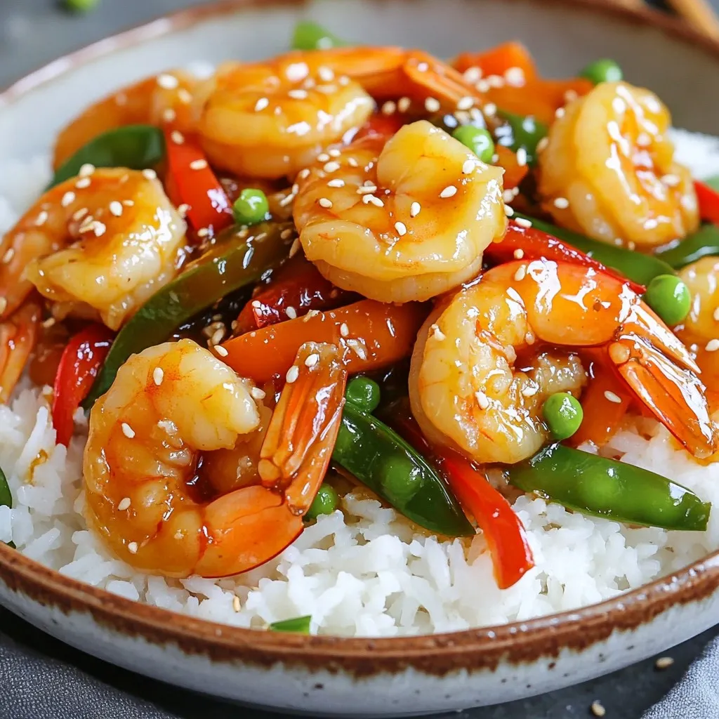 Here's what you'll need for the honey garlic shrimp stir-fry: - 1 pound large shrimp, peeled and deveined - 2 tablespoons honey - 3 cloves garlic, minced - 1 tablespoon fresh ginger, grated - 1 red bell pepper, sliced into thin strips - 1 cup snap peas, trimmed - 1 medium carrot, julienned - 2 tablespoons soy sauce - 1 tablespoon sesame oil - 1 tablespoon vegetable oil - Salt and pepper, to taste - Cooked rice or quinoa, for serving - Sesame seeds and sliced green onions, for garnish You can change some ingredients if needed. Here are a few ideas: - Use shrimp substitutes like chicken or tofu for protein. - Maple syrup can work instead of honey for a vegan option. - Any bell pepper color works well. Try yellow or green. - You can replace snap peas with green beans or broccoli. - Use coconut aminos instead of soy sauce for a gluten-free option. Fresh ingredients make a big difference in this dish. They enhance flavor and texture. Fresh shrimp taste better and cook faster. Crisp vegetables add crunch and color. Using fresh garlic and ginger brings out the best taste. When you use good ingredients, your meal shines. Always choose fresh when you can, as it makes your dish more enjoyable. {{ingredient_image_2}} Start by making the honey garlic sauce. In a small bowl, mix together 2 tablespoons of honey, 3 minced garlic cloves, and 1 tablespoon of grated ginger. Add 2 tablespoons of soy sauce and 1 tablespoon of sesame oil. Whisk until it is smooth and well combined. Set this sauce aside for later. It brings a sweet and savory flavor to the dish. Next, heat 1 tablespoon of vegetable oil in a large skillet over medium-high heat. Wait until the oil shimmers. Carefully add 1 pound of peeled and deveined shrimp into the pan. Season the shrimp with a pinch of salt and pepper. Cook the shrimp for about 2-3 minutes. Stir them occasionally. You want them to turn pink and be just cooked through. Once they are done, take them out and place them on a plate. Set them aside for later. In the same skillet, add the sliced red bell pepper, trimmed snap peas, and julienned carrot. You can use 1 red bell pepper, 1 cup of snap peas, and 1 medium carrot. Stir-fry these veggies for about 4-5 minutes. You want them to be bright in color and tender-crisp. This adds great texture and flavor to the dish. Now it's time to bring everything together. Return the cooked shrimp to the skillet with the stir-fried vegetables. Pour the honey garlic sauce over the shrimp and veggies. Stir well so that everything gets coated in the sauce. Let it cook for another 2-3 minutes. This helps the shrimp finish cooking and the sauce thicken slightly. Serve the stir-fry over cooked rice or quinoa. Don’t forget to sprinkle sesame seeds and sliced green onions on top for extra flavor and color! To cook shrimp just right, start with fresh shrimp. Look for large shrimp that are firm and have a clean smell. Before cooking, make sure to peel and devein them. This makes them easy to eat. Heat your pan well before adding the shrimp. This helps them cook evenly. Don’t overcrowd the pan; cook in batches if needed. This keeps the shrimp from steaming and helps them sear nicely. Cook until they are pink and opaque, around 2-3 minutes. To boost flavor, use fresh garlic and ginger. Minced garlic adds a punch, while grated ginger gives warmth. The honey-garlic sauce is key; whisk it well to blend all the flavors. Drizzling sesame oil at the end brings a nutty essence. Adding a splash of soy sauce deepens the taste. For texture, keep vegetables crunchy. Snap peas and bell peppers should be tender-crisp. This adds a nice contrast to the soft shrimp. Presentation matters in making your dish appealing. Use a large, shallow bowl for serving. Place cooked rice or quinoa in the center, creating a base. Pile the colorful shrimp and vegetables on top. A sprinkle of sesame seeds adds a nice touch. Finish with sliced green onions for color. For an extra kick, drizzle more sesame oil over the dish before serving. This not only looks great but also enhances the flavor. Pro Tips Fresh Ingredients: Use fresh shrimp and vegetables for the best flavor and texture. Frozen shrimp can also work, but be sure to thaw them properly before cooking. Adjusting Sweetness: You can adjust the amount of honey in the sauce to suit your taste. If you prefer a less sweet dish, reduce the honey slightly. Prepping Ahead: To save time, chop your vegetables and prepare the sauce ahead of time. This way, you can cook everything quickly when you're ready to eat. Serving Suggestions: This stir-fry pairs well with jasmine rice or cauliflower rice for a low-carb option. Adding some crushed red pepper flakes can also give it a nice kick! {{image_4}} You can easily swap shrimp for other proteins. Chicken works great in this stir-fry. Use about one pound of boneless chicken, cut into bite-sized pieces. Beef is another option. Thinly slice a pound of flank steak for quick cooking. Tofu is a perfect plant-based choice. Firm tofu holds up well and absorbs the honey garlic sauce nicely. Just remember to press it first to remove excess water. For a vegetarian version, focus on plant-based proteins. Use extra-firm tofu or tempeh. Both options soak up the flavors well. You can also try chickpeas for added protein. They give a nice texture and flavor to the dish. Add more veggies like broccoli or cauliflower to make it hearty. A sprinkle of nuts also adds crunch and flavor. Veggies bring color and nutrients to your dish. Bell peppers are a classic choice. They add sweetness and crunch. Snap peas add a nice snap. Carrots add a hint of sweetness. Consider adding broccoli florets for a healthy boost. You can also toss in zucchini or mushrooms for extra flavor. Be creative and use what you have on hand! To keep your honey garlic shrimp stir-fry fresh, place leftovers in an airtight container. Make sure to cool the dish to room temperature first. Store it in the fridge for up to three days. If you want to keep it longer, consider freezing it. When you want to enjoy your leftovers, reheat them on the stove. Place the stir-fry in a skillet over medium heat. Add a splash of water or soy sauce to prevent sticking. Stir often until it is heated through. You can also use a microwave. Heat in short bursts, checking to avoid overcooking. You can freeze this dish if you have more than you can eat. Store it in a freezer-safe container or bag. Be sure to remove as much air as possible. This way, it stays fresh for up to three months. Thaw it overnight in the fridge before reheating for best results. Yes, you can prepare parts of this dish in advance. You can make the honey garlic sauce ahead of time. Just store it in the fridge. You can also chop the vegetables and keep them ready. However, I recommend cooking the shrimp fresh. This keeps them tender and juicy. If you prepare everything ahead, cook it all together just before serving. I love serving honey garlic shrimp stir-fry over cooked rice or quinoa. The grains soak up the sauce well. You can also serve it with noodles if you prefer. Adding a fresh salad or steamed broccoli on the side adds color and crunch. It makes the meal feel complete and balanced. This honey garlic shrimp stir-fry is not spicy. The ginger adds warmth, but it is mild. If you want some heat, you can add red pepper flakes. A splash of sriracha can also work well. Adjust the spice level to fit your taste. Yes, you can use frozen shrimp for this recipe. Just make sure to thaw them first. You can do this by placing them in cold water. It usually takes about 15 to 20 minutes. Once thawed, peel and devein them if needed. Using frozen shrimp can save time and is still tasty. This blog post covered all you need for a great honey garlic shrimp stir-fry. We explored the right ingredients, including substitutions and the need for freshness. I shared step-by-step instructions, plus tips for cooking and presenting the dish beautifully. You learned about variations and how to store leftovers. In the end, making this dish is simple and rewarding. Enjoy experimenting with flavors and creating your own versions!
