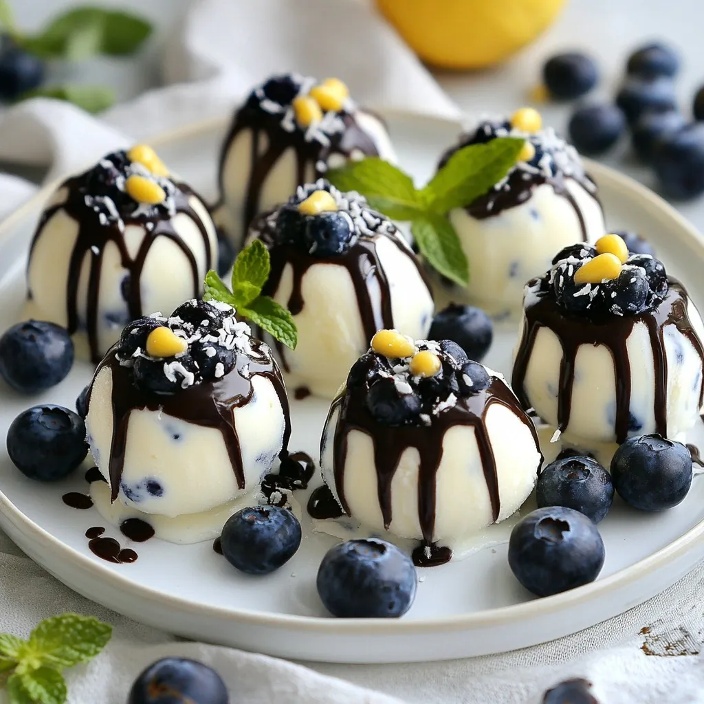 - 1 cup Greek yogurt (plain or vanilla) - 1 cup fresh blueberries - 2 tablespoons honey or maple syrup - Dark chocolate chips - 1 teaspoon vanilla extract - A pinch of salt These ingredients come together to create a tasty snack. Greek yogurt gives a creamy base. You can choose plain or vanilla based on your taste. Fresh blueberries add a burst of flavor and nutrition. Honey or maple syrup sweetens the mix. You might want to drizzle dark chocolate on top, which adds a rich touch. Vanilla extract enhances flavor, while a pinch of salt brings out the sweetness. All these ingredients work together to make each bite delightful. This snack is easy to prepare. You can have fun mixing and coating the blueberries. Plus, you can adjust the sweetness to fit your taste. If you want to make them vegan, choose a dairy-free yogurt and a plant-based sweetener. {{ingredient_image_2}} 1. In a medium bowl, combine the Greek yogurt, honey, vanilla extract, and a pinch of salt. Mix well until smooth. 2. Line a baking sheet with parchment paper. This makes it easy to remove the bites later. 1. Take a fresh blueberry and dip it in the yogurt mixture. Ensure it gets fully coated. 2. Use a fork or skewer for easy dipping. Place the coated blueberry on the lined baking sheet. 3. Repeat for all the blueberries until they are all covered. 1. For extra flavor, melt some dark chocolate chips in the microwave. Heat in short bursts of 15-20 seconds until smooth. 2. Drizzle the melted chocolate over the yogurt-covered blueberries if you like. 3. Place the baking sheet in the freezer. Let the blueberry bites freeze for at least 2-3 hours until solid. 4. After freezing, transfer the bites to an airtight container or zip-top bag for easy snacking later. To make the best frozen blueberry bites, you need to coat each blueberry well. A thorough coating adds great flavor. Use a fork or skewer to dip the blueberries. This makes dipping simpler and keeps your hands clean. You can also use a spoon if you prefer. Just make sure each blueberry is well-covered in yogurt. For an eye-catching presentation, consider garnishing your blueberry bites. Adding fresh mint leaves or extra blueberries makes them pop. You can also use a stylish platter to serve these tasty treats. This adds flair to your snack or dessert table. If you’re hosting a party, you can arrange them in a fun design. Your guests will love the colorful display! Pro Tips Use Frozen Blueberries: For a quicker preparation, consider using frozen blueberries. They will still taste great once coated and frozen, saving you time during the prep phase. Experiment with Flavors: Feel free to add spices like cinnamon or nutmeg to the Greek yogurt mixture for a unique twist on flavor that complements the blueberries beautifully. Mix Up the Sweeteners: If you want to reduce sugar, try using a natural sweetener like stevia or monk fruit instead of honey or maple syrup for a lower-calorie option. Presentation Matters: When serving, arrange the blueberry bites on a decorative plate and add fresh mint leaves for a pop of color and an aromatic touch. {{image_4}} You can use plain or vanilla Greek yogurt for your blueberry bites. Plain yogurt gives a tangy flavor. Vanilla yogurt adds a sweet touch. Both options work well, so pick your favorite! If you're dairy-free, there are great yogurt alternatives. Look for almond, coconut, or soy yogurt. These options taste good and keep the recipe creamy. Choose a brand with a thick texture for the best results. You can switch up the sweetener in this recipe. Honey and maple syrup are both great choices. But if you want a low-calorie option, try agave syrup or sugar substitutes. Adjust the sweetness to fit your taste. Start with less sweetener if you prefer a light flavor. You can always add more as you mix! Want to spice things up? Add a dash of cinnamon or nutmeg to the yogurt mix. These spices bring warmth and depth to your bites. You can also use different fruits for more variety. Try strawberries, raspberries, or even kiwi. Each fruit adds a unique twist and makes your treats even more fun! Proper storage helps keep your Frozen Greek Yogurt Blueberry Bites fresh. After making them, place the bites on a baking sheet and freeze them for 2-3 hours. Once they are solid, transfer them to an airtight container or a zip-top bag. This keeps out air and prevents freezer burn. These tasty bites can last in the freezer for up to two months. They will still taste great even after that time. Just make sure to label your container with the date you made them. This way, you can enjoy them at their best. You do not need to reheat these bites. They are best enjoyed frozen. If you want to serve them quickly, take them out of the freezer and let them sit for about five minutes. This makes them easier to eat but still cold and refreshing. For a quick treat, you can also dip them in hot water for a few seconds before serving. This helps soften them just a bit. Enjoy the creamy texture and fresh taste! Can I use frozen blueberries instead? Yes, you can use frozen blueberries. However, they may not hold their shape as well when coated. Fresh blueberries give a better texture and flavor. How can I make these bites vegan? To make these bites vegan, use dairy-free yogurt and replace honey with maple syrup or agave syrup. This keeps the taste great without animal products. Caloric content per serving Each serving has about 100 calories. This can vary based on the yogurt and sweetener you choose. Health benefits of Greek yogurt and blueberries Greek yogurt is high in protein and probiotics. Blueberries are rich in antioxidants and vitamins. Together, they make a nutritious snack that supports health. What to do if the yogurt mixture is too runny? If your yogurt mixture is too runny, add a bit more yogurt to thicken it. You can also chill it in the fridge for a few minutes before dipping. How to prevent blueberries from freezing together? To stop blueberries from sticking, lay them on the baking sheet in a single layer. This way, they freeze separately and stay easy to grab later. In this post, we explored how to make tasty blueberry bites using Greek yogurt. We covered the main ingredients, like yogurt and fresh blueberries, and optional extras for added flavor. I shared step-by-step instructions to prepare and freeze your treats, plus tips for serving. Don't forget to try different yogurts and sweeteners for variety. These bites are simple to make and great for snacking. Enjoy them fresh or frozen; they are a healthy treat for any time!