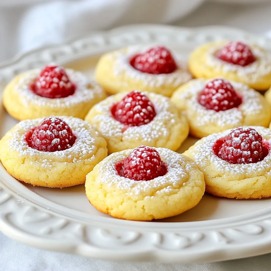 To make these Lemon Raspberry Cookies, you need some simple yet fresh ingredients. Here’s what you will need: - 1 cup unsalted butter, softened to room temperature - 1 cup granulated sugar - 1 tablespoon finely grated lemon zest - 2 tablespoons freshly squeezed lemon juice - 1 teaspoon pure vanilla extract - 2 large eggs, at room temperature - 2 cups all-purpose flour, sifted - 1 teaspoon baking powder - 1/2 teaspoon baking soda - 1/4 teaspoon fine sea salt - 1 cup fresh raspberries (or frozen raspberries, thawed and drained) - Powdered sugar (for dusting) Each ingredient plays a key role in creating that delightful flavor and texture. The butter gives richness, while the sugar adds sweetness. Lemon zest and juice bring a bright, zesty flavor. Raspberries add a juicy burst in every bite. The eggs are essential for binding and moisture. The flour creates the cookie structure. Baking powder and baking soda help the cookies rise, making them light. Sea salt balances the sweetness and enhances the flavors. Feel free to experiment with the ingredients. You can swap fresh raspberries for another fruit if you wish. Happy baking! {{ingredient_image_2}} First, preheat your oven to 350°F (175°C). This step is key for even baking. While the oven heats, line two baking sheets with parchment paper. This will help your cookies not stick. In a large bowl, add 1 cup of softened butter and 1 cup of granulated sugar. Use an electric mixer to beat them together. Mix for about 3-4 minutes until the mix is light and fluffy. This step adds air and makes your cookies soft. Next, add 1 tablespoon of finely grated lemon zest, 2 tablespoons of lemon juice, and 1 teaspoon of vanilla extract to your bowl. Stir well to blend all the flavors. The zest and juice give these cookies a fresh taste. Now, add 2 large eggs one at a time. Beat well after each addition. This helps to incorporate the eggs fully into the mix. The eggs add moisture and structure to your cookies. In a separate bowl, whisk together 2 cups of sifted all-purpose flour, 1 teaspoon of baking powder, 1/2 teaspoon of baking soda, and 1/4 teaspoon of fine sea salt. This mix adds structure and helps the cookies rise. Gradually add the dry mix to the wet mixture. Stir gently until just combined. It’s okay if there are a few flour streaks. Overmixing can lead to dense cookies, and we want them light. Now, gently fold in 1 cup of fresh raspberries. Use a spatula and be careful not to crush them. The berries add a burst of flavor and color to your cookies. Using a cookie scoop or tablespoon, drop rounded balls of dough onto the prepared baking sheets. Leave at least 2 inches between each cookie. This space allows them to spread while baking. Bake in the oven for 10 to 12 minutes. The edges should be lightly golden. When the cookies are done, take them out and let them cool on the sheets for about 5 minutes. This helps them set. After that, move them to a wire rack to cool completely. Once cooled, lightly dust the tops with powdered sugar for a sweet finish. Enjoy your delightful Lemon Raspberry Cookies! To make your cookies fluffy, start with room temperature butter. This helps the butter mix well with sugar. When you cream them, mix until it's light and fluffy. This takes about three to four minutes. Be sure to add eggs one by one. Mixing each egg well helps add air. Finally, do not overmix the dough after adding flour. A few flour streaks are fine. This keeps the cookies soft and airy. Using fresh raspberries gives the best flavor. Always wash them gently to avoid crushing. If you use frozen raspberries, let them thaw first. Drain any extra juice before adding them to the dough. When folding in the raspberries, use a spatula. Be gentle to keep the berries whole. This keeps your cookies looking pretty and tasty. Baking at the right temperature is key. Preheat your oven to 350°F (175°C) for even baking. Line your baking sheets with parchment paper. This helps cookies bake evenly and not stick. Leave space between each cookie on the sheet. This allows them to spread without touching each other. Bake for 10 to 12 minutes. The edges should be golden, but the middle can look soft. They will firm up as they cool. Pro Tips Chill the Dough: Refrigerate the cookie dough for at least 30 minutes before baking. This helps the cookies maintain their shape and prevents excessive spreading. Use Room Temperature Ingredients: Ensure your butter and eggs are at room temperature. This creates a smoother batter and leads to a better texture in the final cookies. Fresh vs. Frozen Raspberries: If using frozen raspberries, make sure they are fully thawed and drained to avoid excess moisture in the dough, which can lead to soggy cookies. Experiment with Flavors: Feel free to add a pinch of almond extract or swap lemon juice for lime juice for a twist on the flavor profile of these delightful cookies. {{image_4}} To make gluten-free lemon raspberry cookies, swap the all-purpose flour with a gluten-free blend. Look for a blend that includes xanthan gum for the best results. You can use 2 cups of this blend in place of regular flour. The cookies should still turn out soft and tasty, just like the original. If you want to try cookie bars, spread the dough into a greased baking dish instead of making cookies. Bake at the same temperature for about 20 to 25 minutes. Check for a golden edge and a set center. Once cooled, cut into squares for a fun twist on the classic cookies. Feel free to swap out raspberries for other fruits. Blueberries or chopped strawberries work well. You can also mix in dried fruits like cranberries or cherries for a different flavor. Each fruit brings its own taste, making your cookies unique every time. To store your baked lemon raspberry cookies, place them in an airtight container. This keeps them fresh and prevents them from drying out. You can stack the cookies in layers, but be sure to add parchment paper between layers. This helps to avoid sticking. Store them in a cool, dry place for up to a week. If you want to save some cookies for later, freezing is a great option. First, let the cookies cool completely. Then, place them in a single layer on a baking sheet. Freeze for about an hour until firm. After that, transfer the cookies to a freezer-safe bag or container. They can last up to three months in the freezer. Always label the container with the date. To reheat your cookies, preheat your oven to 350°F (175°C). Place the cookies on a baking sheet. Heat them for about 5 to 7 minutes. This will make them warm and soft again. You can also use a microwave. Heat them for about 10-15 seconds on a microwave-safe plate. Enjoy them warm for the best taste! Lemon Raspberry Cookies are soft, sweet treats that blend tart lemon and juicy raspberries. The cookies have a bright flavor from fresh lemon zest and juice. Raspberries add a burst of color and taste in each bite. These cookies are perfect for any occasion, from picnics to tea parties. Yes, you can use frozen raspberries! Just thaw and drain them first. This helps avoid extra moisture in your dough. Keep in mind that frozen berries may break down more easily. Gently fold them in to keep some shape. Your cookies will still taste great! The cookies are done when the edges turn light golden brown. The center may look soft or slightly underbaked. They will firm up as they cool. Bake them for about 10 to 12 minutes for the best texture. Watch them closely towards the end of baking. You can use applesauce or mashed bananas as egg substitutes. About 1/4 cup of either works well for each egg. This keeps the cookies moist but changes their flavor. You can also try flaxseed meal mixed with water. Use 1 tablespoon of flaxseed with 2.5 tablespoons of water for one egg. You can find pre-made Lemon Raspberry Cookies at many bakeries and grocery stores. Look in the bakery section or the cookie aisle. Some brands may offer them in stores or online. Check local markets for fresh options made by local bakers. You learned how to make tasty Lemon Raspberry Cookies. We covered ingredients, steps, and tips. You can try variations for gluten-free options and different fruits. Proper storage keeps them fresh longer. Baking can be easy and fun. Remember, use fresh ingredients for the best flavor. Enjoy your time in the kitchen and share your cookies with friends! Baking these cookies will bring joy and smiles.