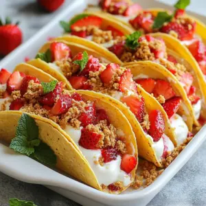 - 1 cup fresh strawberries, diced - 1 tablespoon granulated sugar - 1 teaspoon freshly squeezed lemon juice - 1 package (8 oz) cream cheese, softened - 1/4 cup powdered sugar - 1/2 teaspoon pure vanilla extract - 3/4 cup whipped cream - 8 small taco shell snacks (or mini flour tortillas) - 1 cup crushed graham crackers - 1/4 cup melted unsalted butter - Fresh mint leaves for garnish (optional) Gathering fresh ingredients is key to making these Strawberry Crunch Cheesecake Tacos shine. I love how the strawberries burst with flavor. Use ripe, juicy strawberries for the best taste. The small amount of sugar brings out their sweetness. A hint of lemon juice adds zing and balances the flavor. Next, the cream cheese mixture is where the magic happens. Start with softened cream cheese. It blends better and gives a smooth texture. Mixing in powdered sugar and vanilla creates a creamy dream. Finally, the whipped cream makes it light and airy, perfect for filling. For the taco shells, you can use small taco snacks or mini flour tortillas. If you bake the tortillas, they become crispy. It adds a fun crunch to the tacos. The crushed graham crackers mixed with melted butter creates the topping. This adds a delightful crunch that pairs well with the soft fillings. Don&rsquo;t forget the mint leaves! They are optional but give a nice touch. They add color and a fresh taste. With all these ingredients, you're set to make a treat everyone will love. {{ingredient_image_2}} To start, take 1 cup of fresh strawberries and dice them. In a medium bowl, combine the strawberries with 1 tablespoon of granulated sugar and 1 teaspoon of freshly squeezed lemon juice. Gently toss to coat the strawberries evenly. Let this mixture sit for about 10 minutes. This time allows the strawberries to release their juices, creating a tasty syrup. Next, grab an electric mixer and beat 1 package (8 oz) of softened cream cheese in a bowl. Keep mixing until it is smooth and creamy. Gradually add in 1/4 cup of powdered sugar and 1/2 teaspoon of pure vanilla extract. Mix until everything is well combined. Then, gently fold in 3/4 cup of whipped cream. Be careful not to deflate the cream; you want it light and airy. Now, let's prepare the crunch topping. In a small bowl, combine 1 cup of crushed graham crackers with 1/4 cup of melted unsalted butter. Mix well until the crumbs look like wet sand. This mixture will add a nice crunch to your tacos. Take one taco shell and spoon about 2 tablespoons of the cheesecake filling into it. Then, add 1 tablespoon of the macerated strawberry mixture. Let some of the juice drizzle in for extra flavor. Top it off with a generous sprinkle of the graham cracker crunch topping. Repeat these steps for all the tacos until you use up all the yummy fillings. Arrange your assembled tacos on a plate. Place them in the refrigerator for at least 15 minutes. Chilling helps the fillings set up a bit, making them easier to eat. When you're ready to serve, take them out and enjoy! - Arrange the tacos on a vibrant platter. This adds color and makes them pop. - Use fresh mint leaves to garnish each taco. They add a nice touch and aroma. - Drizzle leftover strawberry juice around the platter. It makes a beautiful scene. - You can use store-bought whipped cream for ease. It saves time and effort. - If you prefer homemade, whip heavy cream until soft peaks form. - For a vegan option, look for plant-based whipping cream. It works well too. - Make sure your cream cheese is soft. This helps achieve a smooth filling. - If it is too thick, add a little whipped cream to lighten it. - Taste the filling and balance sweetness with the strawberry acidity. Adjust as needed. Pro Tips Use Fresh Strawberries: For the best flavor, always choose ripe, fresh strawberries that are in season. They will enhance the taste of your cheesecake tacos significantly. Chill Before Serving: Allow the assembled tacos to chill for at least 15 minutes in the refrigerator. This helps the filling firm up, making them easier to handle and more enjoyable to eat. Customize Your Toppings: Feel free to experiment with different toppings! Consider adding chocolate shavings, crushed nuts, or even a drizzle of caramel for extra flavor and texture. Perfectly Crispy Shells: If using mini flour tortillas, ensure they are baked until golden brown for a crisp texture. This will provide a delightful contrast to the creamy filling. {{image_4}} You can mix in some nut butter for extra flavor. Peanut butter or almond butter works great. Just fold a few tablespoons into the cheesecake mix. This adds a rich taste and creamy texture. It also pairs well with the strawberries. Nut butter gives a nice twist to your tacos. Want to add some fun? Drizzle chocolate sauce on top. Melt some chocolate chips or use store-bought sauce. Drizzle it over the assembled tacos before serving. The chocolate adds a sweet contrast to the fruity filling. It makes each bite even more exciting. You can switch up the fruit for variety. Try blueberries, raspberries, or even diced peaches. Each fruit brings its own unique flavor. This lets you enjoy different tastes each time. You can even mix several fruits for a colorful taco. Enjoy experimenting with your favorites! To store leftovers in the fridge, place the tacos in an airtight container. Make sure to keep the tacos separate if possible. This will help the shells stay crispy. You can also wrap them in plastic wrap. They should stay fresh for up to two days. Can you freeze assembled tacos? I do not recommend freezing them. The taco shells will become soggy when thawed. If you want to freeze the filling, you can do that. Just keep the cheesecake and strawberries in separate containers. Thaw them before you assemble the tacos. How long will they stay fresh? The tacos are best when eaten within two days. After that, the shells may lose their crunch. If you store them properly, they can last up to three days. However, the taste and texture may change. Enjoy them fresh for the best flavor! Yes, you can! Make the cheesecake filling a day before. Store it in an airtight container in the fridge. This way, the flavors blend nicely. Just remember to fold in the whipped cream right before you assemble the tacos. This keeps the filling airy and light. Absolutely! These tacos are perfect for any gathering. They look fun and taste great. Serve them on a colorful platter. You can add some extra fresh strawberries around the tacos for a pop of color. This makes them even more inviting. To make these tacos gluten-free, choose gluten-free taco shells. Look for corn-based or gluten-free flour options. For the crunchy topping, use gluten-free graham crackers. Crush them and mix with melted butter just like the original recipe. Yes, you can! If you need a replacement, try using Greek yogurt. It gives a similar creamy texture. You can also use a dairy-free cream cheese if you're avoiding dairy. Both options will still taste delicious in this recipe. This blog post shared how to make fun and tasty cheesecake tacos. We covered fresh ingredients like strawberries and cream cheese, along with step-by-step instructions. You learned tips for presentation, texture, and fun variations. These tacos will impress your friends at any gathering. With simple storage tips, you can enjoy them longer. Try your favorite twists to make this treat your own. Enjoy every bite of these cheesecake tacos!