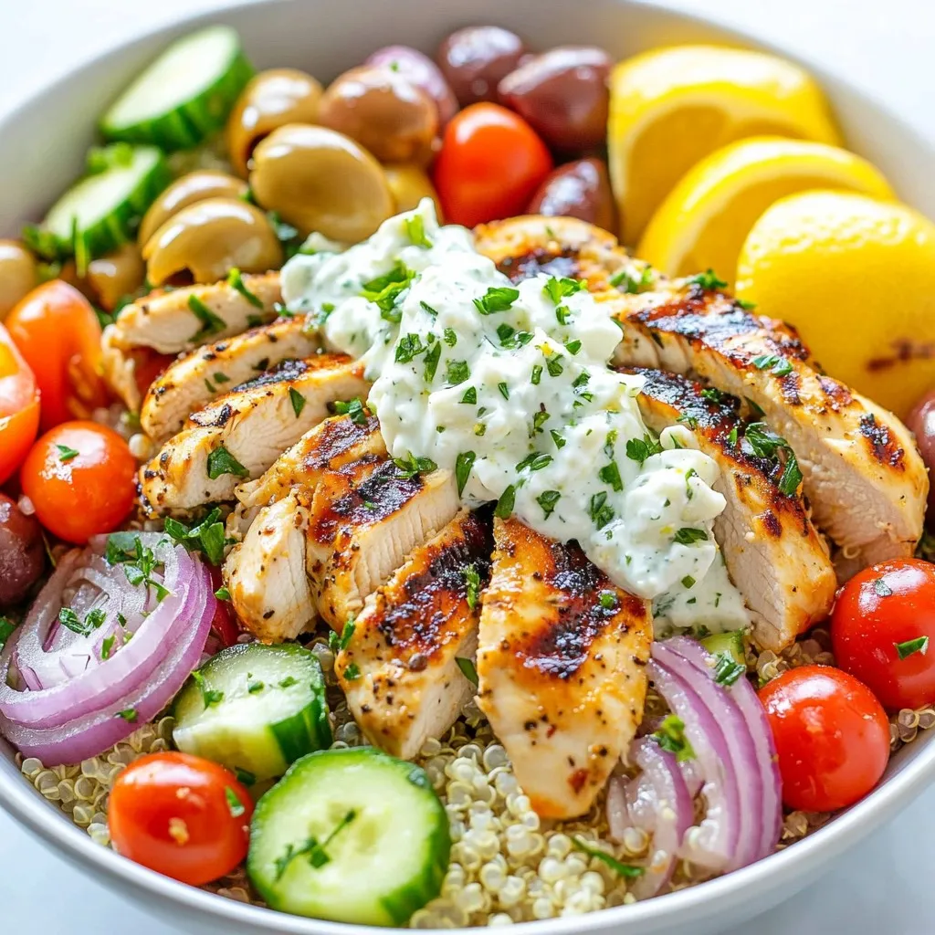 For a tasty Greek chicken bowl, you need the right ingredients. Here’s what to gather: - Chicken - 2 boneless, skinless chicken breasts - Marinade Components - 2 tablespoons extra virgin olive oil - 1 teaspoon garlic powder - 1 teaspoon dried oregano - 1 teaspoon fresh lemon zest - Salt and freshly ground black pepper to taste - Fresh Vegetables - 1 cup cooked quinoa (white, red, or a blend) - 1 cup cucumber, diced into small cubes - 1 cup cherry tomatoes, halved - 1/2 cup red onion, thinly sliced - 1/2 cup Kalamata olives, pitted and sliced - 1/4 cup fresh parsley, finely chopped - Toppings and Garnishes - 1/2 cup feta cheese, crumbled - Juice of 1 fresh lemon - Tzatziki sauce for topping Each ingredient adds flavor and nutrition. You can mix and match based on your taste. Fresh veggies bring crunch, while the chicken offers protein. Enjoy the vibrant colors and flavors as you prepare. {{ingredient_image_2}} To start, you will need to prepare the marinade. In a medium bowl, mix together: - 2 tablespoons extra virgin olive oil - 1 teaspoon garlic powder - 1 teaspoon dried oregano - 1 teaspoon fresh lemon zest - Salt and freshly ground black pepper to taste Add the chicken breasts to the bowl. Make sure they are well-coated in the marinade. Cover the bowl with plastic wrap and refrigerate. Let the chicken marinate for at least 30 minutes. Marinating is key. It adds flavor and keeps the chicken juicy. If your quinoa is not cooked, rinse it under cold water. This step removes bitterness. Cook it according to the package instructions. Once it’s done, fluff the quinoa with a fork. Set it aside to cool for a few minutes. Cooking quinoa correctly makes it light and fluffy, perfect for your bowl. Heat your grill or grill pan over medium-high heat until hot. Remove the chicken from the marinade and place it on the grill. Cook for about 6-7 minutes on each side. The chicken should reach an internal temperature of 165°F/75°C. After cooking, transfer the chicken to a plate and let it rest for 5 minutes. Resting is important; it helps the juices stay inside when you slice it. In a large mixing bowl, add: - 1 cup cucumber, diced - 1 cup cherry tomatoes, halved - 1/2 cup red onion, thinly sliced - 1/2 cup Kalamata olives, pitted and sliced - 1/4 cup fresh parsley, finely chopped Drizzle the juice of one fresh lemon over the veggies. Toss gently to combine. Be careful not to mush the tomatoes. This step brightens the flavors and adds freshness to your bowls. For assembly, start with a base layer of quinoa in each serving bowl. Arrange the sliced grilled chicken on top of the quinoa. Next, add the vibrant vegetable mixture. Layering ingredients this way makes for a colorful and inviting dish. Finally, sprinkle a generous amount of crumbled feta cheese on top. Serve with tzatziki sauce either on the side or directly on top. Tzatziki adds creaminess and flavor to the dish. Enjoying your Greek chicken bowls with these finishes makes each bite delightful! For juicy chicken, you can grill or bake. Grilling gives a nice smoky flavor. Baking is great for even cooking. To keep it juicy, marinate your chicken well. Use olive oil and spices for added moisture. Let the chicken rest after cooking. This helps the juices stay in. Rinse quinoa before cooking. This removes bitter saponins. To add flavor, cook quinoa in vegetable broth instead of water. This makes it taste better. A common mistake is overcooking quinoa. Cook it just until it’s fluffy. This keeps it light and airy. Add fresh herbs like dill or mint for extra freshness. A pinch of cumin can also boost the taste. You can serve your Greek chicken bowls with pita bread or a simple Greek salad. These sides add more color and flavor to your meal. Pro Tips Marinate for Maximum Flavor: Allow the chicken to marinate for at least 30 minutes, but if time permits, let it sit for a few hours or overnight for deeper flavor penetration. Use Fresh Ingredients: Whenever possible, opt for fresh herbs and vegetables. This enhances the flavor and nutritional value of your dish. Perfectly Cooked Quinoa: To avoid mushy quinoa, always rinse it before cooking and use a 2:1 ratio of water to quinoa for fluffy results. Garnish with Intent: Adding fresh herbs or lemon zest just before serving elevates the dish's presentation and adds a burst of freshness to each bite. {{image_4}} You can swap out chicken for grilled vegetables. Try zucchini, bell peppers, and eggplant for great taste. These colorful veggies add flavor and texture. For protein, use chickpeas or lentils. They are hearty and filling, making your bowl satisfying. If you need gluten-free options, use rice or millet instead of quinoa. Both grains cook easily and taste great. For toppings, skip the traditional feta cheese if you want to keep it dairy-free. Instead, try avocado or a sprinkle of nutritional yeast for a cheesy flavor. Get creative with your marinades! Try adding yogurt, honey, or spices to shake things up. You can use seasonal vegetables too. For example, in summer, add sweet corn or in fall, use roasted butternut squash. Each season brings unique flavors to enjoy in your Greek chicken bowl. To keep your Greek chicken bowls fresh, store leftovers in an airtight container. This helps prevent spills and keeps the flavors intact. You can safely store them in the fridge for up to three days. If you want to enjoy your meal later, be sure to keep the tzatziki sauce separate until serving. This keeps the sauce fresh and creamy. If you want to freeze your Greek chicken bowls, use freezer-safe containers. Make sure to let the chicken and quinoa cool first before sealing them. They can last in the freezer for up to three months. When you're ready to eat, thaw them overnight in the fridge. To reheat, you can use a microwave or oven. Just make sure the chicken reaches 165°F (75°C) again for safe eating. Batch cooking is a great way to save time. You can cook a large batch of chicken and quinoa ahead of time. Store them in individual containers for quick meals. I recommend using glass containers for easy reheating and to avoid any lingering smells. You can prep veggies like cucumbers and tomatoes in advance too. Just store them in separate containers to keep them fresh and crunchy. Yes, you can use chicken thighs. They are juicier and have more flavor. Thighs can stay moist during cooking. However, they have more fat, which adds calories. If you prefer a leaner meal, choose chicken breasts. Both cuts work well in Greek chicken bowls. If you don’t have tzatziki, try plain Greek yogurt. Add garlic and cucumber for a similar taste. Hummus is another great dip. You can also use ranch or tahini sauce for a different flavor. These options keep your meal tasty and fresh. Quinoa is very healthy. It is high in protein and fiber. Quinoa also contains vitamins and minerals. It is gluten-free, making it a good choice for many diets. You can use brown rice or farro as alternatives. However, quinoa stands out for its health benefits. Yes, you can prep this dish ahead of time. Cook the chicken and quinoa in advance. Store them in the fridge for up to three days. Prepare the vegetables the day before to save time. Just keep everything separate until you’re ready to assemble. This keeps the flavors fresh and bright. In this post, we covered the key ingredients and steps for making a delicious chicken bowl. You learned how to marinate chicken, cook quinoa, and assemble a tasty dish with fresh vegetables. Remember, marinating is key to juicy chicken. Use the tips for storage to enjoy leftovers safely. Exploring variations also opens up new flavors. Whether you choose vegetarian options or gluten-free grains, there’s always a way to mix it up. Enjoy your cooking adventure!