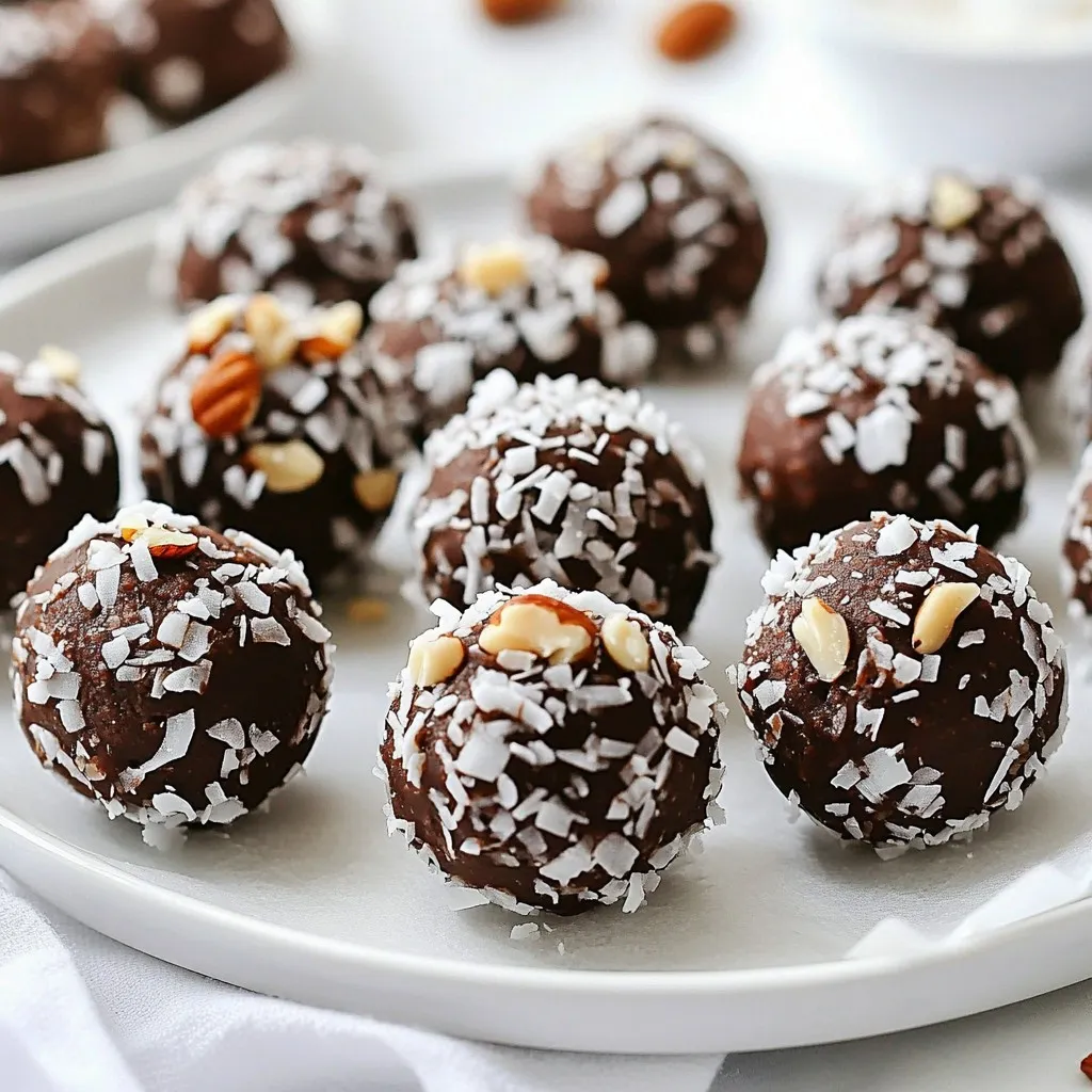 To make these no-bake brownie bites, gather these simple and healthy ingredients: - 1 cup almond flour - 1/2 cup unsweetened cocoa powder - 1/2 cup pure maple syrup - 1/4 cup nut butter (choose from almond or peanut butter) - 1/4 cup dairy-free dark chocolate chips (optional) - 1 teaspoon pure vanilla extract - A pinch of fine sea salt - Optional toppings: finely chopped nuts, shredded coconut, or cacao nibs Each ingredient serves a purpose. Almond flour gives a nice base. Cocoa powder adds rich chocolate flavor. Maple syrup sweetens without refined sugar. Nut butter adds creaminess and protein. Dark chocolate chips enhance indulgence. Feel free to customize this recipe. You can switch nut butter for your favorite. If you want more crunch, add nuts or coconut. Each bite can be a new treat based on your choice. These ingredients combine to create a tasty, healthy snack. You’ll enjoy making and eating these bites. {{ingredient_image_2}} Making no-bake brownie bites is quick and easy. You need about 10 minutes to prep. Gather all your ingredients first. This helps keep things organized. Start by mixing almond flour and cocoa powder. Add them to a medium bowl. Use a whisk to break up any lumps. This gives you a smooth base. Next, pour in the maple syrup and nut butter. Don’t forget the vanilla extract and a pinch of sea salt. Mix everything well until it looks like dough. If you want a bit of indulgence, fold in the dark chocolate chips. This adds bites of chocolate to your treats. Now it’s time to shape the brownie bites. Use damp hands to help prevent sticking. Take about a tablespoon of dough and roll it into a ball. Aim for 1 inch in size. This keeps them consistent. If you want more texture, roll the bites in nuts or coconut. It adds a great crunch and flavor. Place the formed bites on a parchment-lined tray. Leave space between them. This helps them keep their shape. For the best results, refrigerate the bites for at least 30 minutes. This helps them firm up nicely. Enjoy your tasty, healthy treats! To get the best texture for your brownie bites, mix well. Start by whisking almond flour and cocoa powder together. This step helps prevent lumps. When you add the wet ingredients, ensure they blend smoothly. The dough should feel thick and slightly sticky. If it's too dry, add a little more maple syrup or nut butter. This will make it easier to form the bites. You can customize your brownie bites in many ways. Try using different nut butters, like cashew or sunflower butter, for unique flavors. You can also add in flavors with extracts, such as almond or orange. For a crunch, fold in chopped nuts or seeds. If you love chocolate, use more chocolate chips. Roll the bites in toppings like shredded coconut or cacao nibs for extra style and taste. For a fun presentation, use mini paper cups for serving. This adds a nice touch to your table. Drizzling melted dark chocolate over the bites can make them look fancy. You can also arrange the bites on a platter with fresh fruit. This adds color and freshness, making your dessert even more appealing. Pro Tips Use Fresh Ingredients: Ensure your nut butter and maple syrup are fresh for the best flavor and texture in your brownie bites. Chill for Better Texture: Refrigerating the brownie bites not only helps them set but also enhances their rich, fudgy texture. Experiment with Flavors: Feel free to add spices like cinnamon or a pinch of sea salt to elevate the taste of your brownie bites. Storage Tips: Store leftover brownie bites in an airtight container in the fridge for up to a week for a quick and healthy snack. {{image_4}} You can change up the flavor of your No-Bake Brownie Bites easily. One way is by adding different nut butters. You could try cashew butter or sunflower seed butter. Each nut butter brings a unique taste. It is fun to experiment! Another great option is using flavored extracts. Besides vanilla, consider using almond or peppermint extracts. Just a few drops can add amazing depth to your bites. It’s all about finding flavors you love. If you need gluten-free options, this recipe is already a winner! Almond flour is naturally gluten-free. You can enjoy these bites without worry. For vegan adaptations, use maple syrup and dairy-free chocolate chips. This makes your brownie bites plant-based. You still get that rich taste without any animal products. Enjoy guilt-free treats that fit your needs! To keep your no-bake brownie bites fresh, store them in an airtight container. A glass jar or a plastic container works well. Place parchment paper between layers if you stack them. This helps prevent sticking. Always keep them in the fridge. They stay soft and tasty this way. You can freeze these brownie bites for later. First, place them on a tray in a single layer. Freeze for about an hour until firm. Then, move them to a freezer-safe bag or container. Label it with the date. This helps you track how long they’ve been frozen. These brownie bites last in the fridge for about one week. They remain fresh and delicious during this time. If frozen, they can last for up to three months. Just thaw them in the fridge before enjoying. This makes them a great treat to have on hand! Yes, you can try different flours. Coconut flour or oat flour work well. Just remember, each flour absorbs liquid differently. You may need to adjust the amount of syrup or nut butter. Start with small amounts and check the dough. You want it thick but not dry. If you want more sweetness, add more maple syrup. You can also mix in a bit of honey or agave syrup. Another option is to use a sweetener like stevia or monk fruit. Just remember to taste the dough as you go. You can always add more! This recipe is already gluten-free thanks to almond flour. If you use certified gluten-free chocolate chips, you keep them safe for those with gluten issues. Always check labels to ensure there are no hidden gluten ingredients. - Other common questions about No-Bake Brownie Bites include storage options, variations, and tips for making them more decadent. Feel free to experiment with ingredients to find your perfect bite! You learned how to make tasty no-bake brownie bites using simple ingredients. We covered each step, from mixing the base to forming bites. I shared tips for texture and variations to fit diets. You can store them well and enjoy for weeks. Try adding your twist and share them with friends. These brownie bites are fun, easy, and delicious. Enjoy the treats you create with this guide!