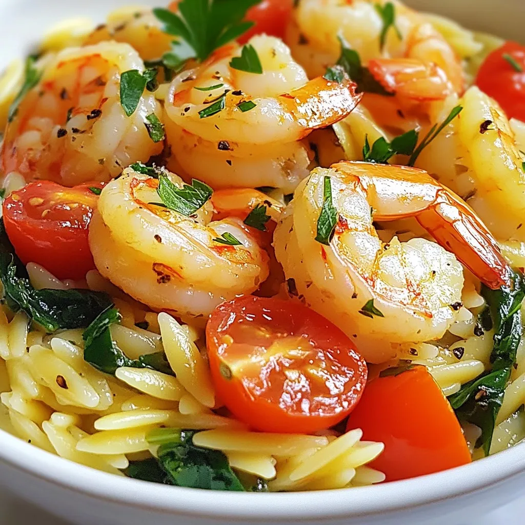 - 1 cup orzo pasta - 1 pound large shrimp, peeled and deveined - 3 tablespoons olive oil - 4 cloves garlic, minced - Zest and juice of 1 lemon - 2 cups vegetable broth - 1 cup cherry tomatoes, halved - 1 cup fresh spinach leaves - Salt and pepper to taste - 2 tablespoons fresh parsley, chopped (for garnish) - Crushed red pepper flakes (optional) Gathering these ingredients is simple and fun. Start with orzo pasta, which cooks quickly and absorbs flavors well. Fresh shrimp adds a nice protein boost. Olive oil is key for sautéing and adds richness. Garlic brings that lovely aroma and taste. The zest and juice of a lemon give brightness to the dish. Vegetable broth adds depth. Cherry tomatoes and spinach add color and nutrients. Don’t forget salt and pepper to enhance all the flavors. Lastly, parsley is perfect for garnish, and red pepper flakes can add a touch of heat if you like. Keep everything ready, and let’s cook! {{ingredient_image_2}} To start, heat 1 tablespoon of olive oil in a large skillet over medium heat. Add the shrimp to the hot oil. Season them with salt, pepper, and optional crushed red pepper flakes for a kick. Cook the shrimp for about 2-3 minutes on each side. Look for a pink and opaque color to know they are done. Once cooked, remove the shrimp from the skillet and place them on a plate. This step is key to getting juicy shrimp. Next, keep the skillet on the heat and add 2 more tablespoons of olive oil. Then, add the minced garlic. Stir the garlic for about 30 seconds. You want it fragrant but not browned. If it burns, it will taste bitter. After the garlic is ready, stir in the orzo pasta. Make sure the orzo is well-coated in the garlicky oil. This helps the orzo soak up flavor as it cooks. Now, pour in the vegetable broth and bring it to a boil. Once boiling, lower the heat and cover the skillet. Let it simmer for 10-12 minutes. Stir occasionally. Check the orzo for doneness; it should be al dente and most of the liquid should be absorbed. When it’s ready, add the lemon zest, lemon juice, halved cherry tomatoes, and fresh spinach. Gently stir to mix everything. Cook for another 2-3 minutes until the spinach wilts and the tomatoes soften. Finally, fold back in the sautéed shrimp, mixing everything well. Adjust the seasoning with salt and pepper as needed. To adjust salt and pepper, always taste as you go. Start with a pinch of salt. Add pepper for flavor. If you want heat, use crushed red pepper flakes. Just a sprinkle will do. These small changes make a big difference in taste. When cooking shrimp, use medium heat. This helps them cook evenly. Don't overcrowd the pan; it can steam the shrimp. Cook them for about 2-3 minutes on each side. They should turn pink and opaque. Heat control is key to prevent overcooking. For garnishing, use fresh parsley. A sprinkle on top adds color. Serve the dish in shallow bowls for a nice look. Add lemon wedges on the side for freshness. This makes your meal more appealing and fun to eat. Pro Tips Perfectly Cooked Shrimp: To ensure your shrimp are perfectly cooked, remove them from the heat as soon as they turn pink and opaque. Overcooking can make them rubbery. Flavorful Orzo: Toast the orzo in the skillet with the garlic for a minute before adding the broth. This adds depth of flavor to the dish. Lemon Zest Boost: For an extra burst of lemon flavor, consider adding the zest of an additional lemon just before serving. Customize with Veggies: Feel free to add other vegetables like zucchini or bell peppers to the orzo for added nutrition and color. {{image_4}} If you want to switch things up with orzo, try using rice or quinoa. These grains cook well and absorb flavors nicely. For proteins, chicken or scallops work great too. You can also try firm tofu for a plant-based option. Just make sure to cook them until tender. To boost flavor, add fresh herbs like basil or thyme. These herbs bring a lovely aroma and taste. You can also mix in vegetables like bell peppers or zucchini. These colorful veggies add nutrition and brightness to your dish. Making this dish gluten-free is simple. Just swap orzo for gluten-free pasta or rice. If you want a vegan version, use plant-based shrimp or chickpeas. You can also replace vegetable broth with water or a vegan broth for extra flavor. To keep your Lemon Garlic Shrimp Orzo fresh, store it in an airtight container. Place it in the fridge within two hours of cooking. This helps prevent bacteria growth. The dish stays good for about three days. Always check for any off smells or changes in texture before eating. To freeze your Lemon Garlic Shrimp Orzo, first cool it completely. Then, pack it into freezer-safe bags or containers. Remove as much air as possible before sealing. Label the bags with the date. This meal can be frozen for up to three months. For reheating frozen meals, let it thaw overnight in the fridge. To reheat, add a splash of vegetable broth or water to a skillet. Heat it over medium-low until it’s warm. Stir often to make sure it heats evenly. Enjoy your meal with fresh flavors, just like the first time! Shrimp cook quickly. You should sauté them for about 2-3 minutes on each side. Look for shrimp that turn pink and opaque. They are done when they curl into a C shape. Yes, you can use frozen shrimp. Just be sure to thaw them first. To thaw, place them in the fridge overnight or run them under cold water for about 15 minutes. This dish pairs well with a fresh salad or garlic bread. For drinks, try a crisp white wine or sparkling water with lemon. In this post, we explored making a delicious Lemon Garlic Shrimp Orzo Skillet. From ingredient selection to step-by-step cooking tips, you learned how to create a tasty dish. We also shared helpful storage tips and answers to common questions. This recipe is flexible, allowing you to substitute ingredients and adjust flavors to suit your taste. Cooking can be simple and fun, and this dish proves it. Try this recipe today and impress yourself and others with a great meal!