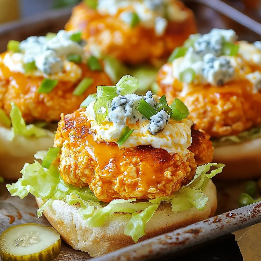 - 1 lb ground chicken - 1/2 cup buffalo sauce - 1/4 cup cream cheese - 1/4 cup finely minced green onions - 8 slider buns - 1 cup shredded lettuce - 1/2 cup sliced pickles - 1/2 cup crumbled blue cheese - 1 teaspoon garlic powder - 1 teaspoon onion powder - Salt and pepper to taste The main ingredients for spicy buffalo chicken sliders are simple but packed with flavor. You will need ground chicken to form the base. Buffalo sauce gives the sliders their kick. Cream cheese adds creaminess and helps bind everything together. I love adding green onions for a fresh taste. They really enhance the flavor and add a nice crunch. For a delightful touch, pickles and blue cheese are great options. They offer extra layers of flavor that many enjoy. For seasoning, garlic powder and onion powder are my go-tos. They blend well with the other ingredients. Don’t forget to add salt and pepper to taste. This will elevate the flavors and make each bite delicious. With these ingredients, you can create sliders that everyone will love! {{ingredient_image_2}} Mixing the chicken and sauce Start by grabbing a large mixing bowl. Add 1 pound of ground chicken to the bowl. Pour in 1/2 cup of buffalo sauce. Next, add 1/4 cup of softened cream cheese and 1/4 cup of finely minced green onions. Sprinkle in 1 teaspoon of garlic powder and 1 teaspoon of onion powder. Don't forget to add salt and pepper to taste. Use your hands or a spatula to mix everything until well combined. It should look thick and colorful. Forming the patties Now, shape the chicken mixture into small patties. Each patty should be about the size of your slider buns. Aim to make around 8 patties. Make sure they are even to ensure they cook evenly. Preheating the skillet Next, preheat your skillet over medium heat. Lightly coat it with cooking spray or a little oil. This step helps prevent the patties from sticking. Cooking the patties Once your skillet is hot, carefully place the patties in it. Cook for about 4-5 minutes on each side. Flip them only once to keep them intact. You want them to turn a lovely golden brown and cook all the way through. Preparing the slider buns While the patties cook, prepare your slider buns. You can toast them lightly in a separate skillet or the oven for extra flavor. This adds a nice crunch. Adding toppings and serving suggestions After cooking, it’s time to assemble the sliders. Place one chicken patty on each bun. Top with shredded lettuce, a few slices of pickles, and crumbled blue cheese if you like. For extra spice, drizzle more buffalo sauce on top. Serve your sliders hot for a tasty meal! To get great sliders, make sure to cook them evenly. Use a medium heat when cooking. This helps the patties cook through without burning. Flip them carefully after about 4 to 5 minutes. They should look golden brown. Keep your sliders moist by mixing in cream cheese. The cream cheese adds a nice creaminess. You can also avoid overcooking the patties. Cook them just until they reach an internal temp of 165°F. Adjust the spice levels in your buffalo sauce to match your taste. If you want it hotter, add more sauce. For a milder flavor, use less. You can mix in honey for a sweet twist. Add texture to your sliders with crispy lettuce or crunchy pickles. Shredded lettuce gives a nice crunch. Pickles can add a tangy flavor that pairs well with the spice. For a stunning plate arrangement, use a large platter. Line the sliders up neatly. This makes them look inviting. Garnish your sliders with extra green onions or fresh herbs. It adds color and makes them pop. You can also serve extra buffalo sauce on the side for dipping. Pro Tips Adjust the Spice Level: Taste the buffalo sauce before adding it to the mixture. If you prefer less heat, start with a smaller amount and gradually add more until you reach your desired spice level. Perfectly Cooked Patties: To ensure your chicken patties are cooked through without drying out, use a meat thermometer. The internal temperature should reach 165°F (75°C). Make-Ahead Option: You can prepare the chicken mixture a day in advance and store it in the refrigerator. This not only saves time but also allows the flavors to meld together beautifully. Creative Toppings: Experiment with different toppings like avocado slices, jalapeños, or ranch dressing for a unique twist on your sliders and to enhance the flavor profile. {{image_4}} You can swap ground chicken for several options. Ground turkey works well too. You can even use shredded rotisserie chicken for a faster meal. If you want a plant-based choice, try using lentils or chickpeas. Dairy-free options are easy to find. Replace cream cheese with a dairy-free alternative. You can use cashew cream or a nut-based cheese spread. This keeps your sliders creamy without milk products. For a sweet and spicy kick, mix honey with buffalo sauce. This adds a balance of flavors that many love. You can also try adding a dash of maple syrup for a unique twist. Cheese can change the whole slider experience. Swap blue cheese for cheddar or pepper jack for extra heat. Each cheese brings its own taste and texture, making your sliders special. Pair your sliders with tasty side dishes. Crispy sweet potato fries or a fresh salad work great. You could also serve them with coleslaw for a crunch. Dipping sauces can enhance the flavor too. Ranch dressing or creamy sriracha offers a cool counter to the heat. You can even serve extra buffalo sauce for those who crave more spice. To keep your sliders fresh, store them in an airtight container. This helps prevent them from drying out. Place a paper towel in the container to absorb excess moisture. Refrigerate them within two hours of cooking. For reheating, you can use the oven or a skillet. Heat the oven to 350°F (175°C) and bake for about 10 minutes. If using a skillet, warm them over medium heat for about 3-4 minutes on each side. If you want to save sliders for later, freezing is a great option. First, let the sliders cool completely. Wrap each slider tightly in plastic wrap. Then, place them in a freezer-safe bag or container. This prevents freezer burn. To thaw, move them to the fridge overnight. For reheating, use the same methods as for refrigerated sliders. Just add a few extra minutes to ensure they're heated through. In the fridge, these sliders last about 3 days. Always keep an eye out for signs of spoilage. If they smell off or have a strange color, it’s best to toss them. Enjoy your spicy buffalo chicken sliders while they're fresh for the best flavor! You can use ground turkey or shredded rotisserie chicken. Both options will work well. Ground turkey is lean and has a mild flavor. Shredded chicken adds great texture. You can also try plant-based options like lentils or chickpeas for a vegetarian choice. Yes, you can prepare the chicken mixture ahead of time. Mix the ingredients and store them in the fridge. Shape the patties just before cooking. This way, they stay fresh and flavorful. You can also cook the patties in advance and reheat them later. Just make sure not to overcook them when reheating. To reduce the spice, use less buffalo sauce. You can also mix in more cream cheese. This will mellow the heat nicely. Adding toppings like lettuce and pickles can help balance the spice too. If you like, try using a milder sauce, like BBQ sauce, for a different flavor. This article covers how to make tasty buffalo chicken sliders. We discussed key ingredients like ground chicken and buffalo sauce, plus optional toppings. You learned simple steps for prepping, cooking, and serving these sliders. I also shared tips to perfect your patties and variations for different flavors. These sliders are not just easy to make but also fun to customize. Enjoy them with sides or sauces that match your taste! Now, it’s your turn to get cooking. Use the tips here for your best sliders yet.