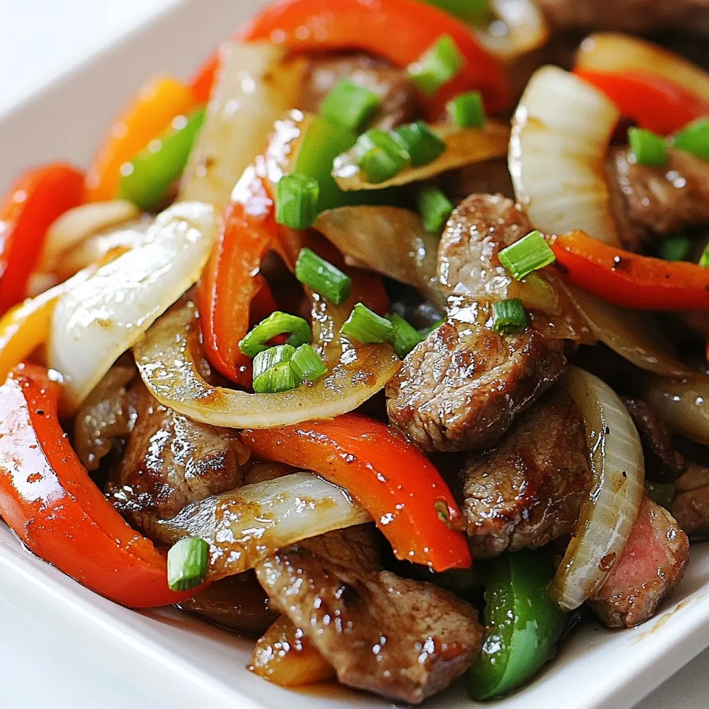 - 1 pound flank steak, thinly sliced against the grain - 1 bell pepper (choose red, green, or yellow), sliced into strips - 1 medium onion, sliced into rings - 3 cloves garlic, minced - 1-inch piece ginger, finely minced - 2 tablespoons soy sauce - 2 tablespoons cornstarch - 2 tablespoons vegetable oil - 1 tablespoon oyster sauce - 1 tablespoon sugar - ¼ cup beef broth - ¼ teaspoon black pepper You need fresh ingredients for this dish. Start with flank steak. It is tender and flavorful. Slice it thin against the grain. This helps it stay juicy. Next, grab a bell pepper. You can choose any color. Red, green, or yellow will work great. Slice it into strips. Now, take a medium onion. Slice it into rings for the stir-fry. The onion adds sweetness. You will also need garlic and ginger. Mince them finely. They give the dish its signature flavor. For the marinade, soy sauce is key. It adds saltiness and depth. Mix it with cornstarch for a nice coating. The vegetable oil helps everything cook evenly. Finally, the sauce needs oyster sauce for richness. Sugar helps balance the flavors. Beef broth adds moisture and flavor. Don’t forget black pepper for a hint of spice. These ingredients come together for a tasty meal. Prepare them fresh for the best results. {{ingredient_image_2}} - Combine steak with soy sauce and cornstarch. - Allow steak to marinate for 15 minutes. Start by taking your flank steak. Slice it thinly against the grain. This helps keep it tender. In a medium mixing bowl, add the sliced steak. Pour in the soy sauce and cornstarch. Mix well until each piece is coated. Let it sit for 15 minutes. This step boosts the flavor and makes the steak melt in your mouth. - Slice bell pepper and onion. - Mince garlic and ginger. While the steak marinates, turn your focus to the veggies. Grab a bell pepper and an onion. Slice the bell pepper into strips. Cut the onion into rings. Next, take 3 cloves of garlic and mince them finely. Don’t forget about the ginger. You only need a small piece, about an inch. Mince that too. Keep these veggies separate on a plate until you are ready. - Heat the oil. - Sear the steak. - Stir-fry the vegetables. - Add sauce and combine. Now, let's get cooking! In a large skillet or wok, heat 2 tablespoons of vegetable oil over medium-high heat. Wait until the oil is hot but not smoking. Carefully add the marinated steak. Spread it out evenly in the pan. Let it sear for about 2-3 minutes. You want a nice crust on one side. After that, stir-fry the steak for another minute until it turns brown and is cooked through. Remove the steak and place it on a plate. In the same skillet, toss in the sliced onion and bell pepper. Stir-fry them for 2-3 minutes. You want them to be tender but still crunchy. Next, add the minced garlic and ginger. Stir for 30 seconds until fragrant. Return the cooked steak to the skillet. In a small bowl, mix the oyster sauce, sugar, black pepper, and beef broth. Pour this sauce over the steak and veggies. Toss everything together. Cook for another 2 minutes until the sauce thickens and coats every piece. Now you're ready to serve! Choosing flank steak is key. This cut is lean, tender, and full of flavor. Other cuts may not give you the same taste. When slicing, always cut against the grain. This means you go across the lines of muscle. Doing this makes the meat more tender and easier to chew. To make your dish pop, think about adding more veggies. Try snap peas, mushrooms, or carrots. These add color and crunch. You can also adjust your sauce. If you like it sweeter, add more sugar. If you want more depth, increase the oyster sauce. This is your dish, so make it your own. Getting the right doneness is important. For medium-rare, aim for 130°F. Use a meat thermometer to check. Avoid overcooking the steak. Cook it just until it's browned. Then, remove it from the heat. The meat will continue to cook a bit after you take it off the stove. Remember, you want it juicy and tender—not tough and dry. Pro Tips Slice Against the Grain: Cutting the flank steak against the grain helps to break down the muscle fibers, resulting in a more tender bite. Use High Heat: Cooking over high heat allows for a great sear on the steak and keeps the vegetables crisp, enhancing both texture and flavor. Let It Rest: After searing the steak, let it rest for a few minutes before slicing. This helps retain the juices, making the meat more flavorful. Add Spice: For an extra kick, consider adding some sliced jalapeños or a dash of chili flakes when stir-frying the vegetables. {{image_4}} You can switch flank steak for chicken or tofu. Chicken works well when sliced into thin strips. Use skinless chicken breast or thighs for the best flavor. Tofu is a great plant-based option. Press it to remove excess water, then cut it into cubes. Marinate it just like the beef to soak up those great flavors. Feel free to change up the veggies. Broccoli adds a nice crunch and color. Just chop it into small florets and add it with the bell peppers. Snap peas are another tasty choice. They add sweetness and a crisp bite. Toss in any veggies you like for a fun twist! If you love heat, make it spicy! Add chili flakes or a splash of hot sauce to the sauce mix. Start with a little and taste as you go. You can also toss in sliced fresh chilies during the stir-fry. This will give it a nice kick that wakes up your taste buds! To store your Chinese pepper steak and onions, first let it cool. Place it in an airtight container. This keeps it fresh longer. It lasts in the fridge for up to three days. Make sure to label the container with the date. This helps you track how long it has been stored. If you want to freeze the dish, first let it cool completely. Use a freezer-safe container or a zip-lock bag. Press out as much air as possible to prevent freezer burn. This dish can last up to three months in the freezer. When you're ready to eat, thaw it overnight in the fridge. Reheat it in a pan over medium heat until hot. Serve your Chinese pepper steak with steamed rice or noodles. These sides soak up the sauce well. You can also add a side of stir-fried vegetables for more color and nutrients. A simple salad can round out the meal nicely. Enjoy your delicious dish! To make Chinese Pepper Steak & Onions, follow these steps: 1. Marinate the Steak: Mix thinly sliced flank steak with soy sauce and cornstarch. Let it sit for 15 minutes. 2. Prepare the Vegetables: Slice the bell pepper and onion. Mince the garlic and ginger. 3. Heat the Oil: Warm vegetable oil in a large skillet over medium-high heat. 4. Sear the Steak: Add the marinated steak to the skillet. Sear for 2-3 minutes. Stir-fry for another minute. 5. Stir-Fry the Vegetables: Add sliced onion and bell pepper. Cook for 2-3 minutes. Add garlic and ginger, cooking for 30 seconds. 6. Add the Sauce: Return the steak to the skillet. Mix oyster sauce, sugar, black pepper, and beef broth. Pour over ingredients. Cook for 2 minutes. 7. Finish and Serve: Remove from heat. Garnish with green onions. Serve hot over rice or noodles. Yes, you can use frozen steak. However, consider these tips: - Thaw Properly: Always thaw the steak in the fridge overnight. This keeps it safe. - Slice Thinly: Once thawed, slice the steak against the grain. This helps keep it tender. - Marinate Longer: If using frozen steak, marinate for a bit longer to enhance flavor. If you cannot use oyster sauce, try these alternatives: - Soy Sauce: Use additional soy sauce for a similar flavor. - Hoisin Sauce: This adds sweetness and depth. - Vegetarian Oyster Sauce: Made from mushrooms, this is great for a plant-based option. Yes, Chinese Pepper Steak & Onions works well for meal prep. Here’s how: - Portioning: Divide into servings before storing. This makes it easy to grab and go. - Reheating: Reheat gently in a skillet or microwave. Add a splash of water to keep it moist. - Storage: Store in airtight containers. It lasts up to 4 days in the fridge. This recipe for Chinese Pepper Steak & Onions highlights key ingredients like flank steak, bell pepper, and garlic. You learned how to marinate the steak and prepare the vegetables. We discussed tips for selecting the best cuts and variations to try. You can store leftovers properly for later enjoyment. In conclusion, this dish is a delicious option for any meal. With a few simple steps, you can bring tasty flavors to your table. Enjoy cooking and try new ideas to make this dish your own!