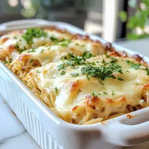 To make French Onion Chicken Orzo Casserole, gather these key items: - 2 cups cooked orzo pasta - 2 tablespoons olive oil - 1 large onion, thinly sliced - 3 cloves garlic, minced - 2 cups cooked chicken, shredded - 4 cups chicken broth - 1 teaspoon dried thyme - 1 teaspoon dried rosemary - 1 cup shredded Gruy&egrave;re cheese - 1 cup shredded mozzarella cheese - 1 tablespoon soy sauce - Salt and pepper to taste - &frac14; cup fresh parsley, chopped (for garnish) You can enhance this dish with a few extra ingredients: - Sliced mushrooms for added earthiness - Baby spinach for a burst of color and nutrition - Chopped bell peppers for extra crunch - A dash of hot sauce for a spicy kick If you need to swap out some items, here are a few ideas: - Use quinoa instead of orzo for a gluten-free option. - Swap chicken with cooked turkey or rotisserie chicken. - Replace Gruy&egrave;re with Swiss or cheddar cheese for different flavors. - Use vegetable broth instead of chicken broth for a vegetarian option. These adjustments make the casserole fit your taste and pantry. Happy cooking! {{ingredient_image_2}} Start by gathering your ingredients. You will need: - 2 cups cooked orzo pasta - 2 tablespoons olive oil - 1 large onion, thinly sliced - 3 cloves garlic, minced - 2 cups cooked chicken, shredded - 4 cups chicken broth - 1 teaspoon dried thyme - 1 teaspoon dried rosemary - 1 cup shredded Gruy&egrave;re cheese - 1 cup shredded mozzarella cheese - 1 tablespoon soy sauce - Salt and pepper to taste - &frac14; cup fresh parsley, chopped Make sure everything is ready. This helps the cooking go smoothly. First, preheat the oven to 375&deg;F (190&deg;C). In a large skillet, add the olive oil. Heat it over medium heat. Once hot, add the sliced onion. Stir it often. Cook until the onion is deep golden brown, about 15 to 20 minutes. This step is key for that sweet flavor. When the onion is ready, stir in the minced garlic. Cook for an additional 2 to 3 minutes. The garlic should smell great and be lightly golden. In a large mixing bowl, combine the cooked orzo, shredded chicken, and the onion and garlic mixture. Pour in the chicken broth next. Then add the dried thyme, dried rosemary, and soy sauce. Season with salt and pepper to taste. Mix everything well. Ensure the orzo is coated in all those tasty flavors. Next, transfer the mixture into a greased 9x13-inch baking dish. Spread it out evenly. Now, it&rsquo;s time for the cheese! Sprinkle the shredded Gruy&egrave;re and mozzarella on top. This will create a delightful, cheesy crust. Place the baking dish in your preheated oven. Bake for 25 to 30 minutes. Look for bubbling cheese that has turned a lovely golden color. When it&rsquo;s done, take it out and let it cool for a few minutes. Finally, garnish with fresh parsley to add a pop of color. Enjoy your tasty casserole! To get the best cheese layer, use a mix of Gruy&egrave;re and mozzarella. Gruy&egrave;re gives a rich flavor, while mozzarella adds nice stretch. Sprinkle the cheese evenly over the top before baking. This helps it melt nicely. For an extra crispy layer, broil the casserole for a few minutes at the end. Watch it closely to prevent burning. To ensure even cooking, spread the orzo and chicken mix evenly in the dish. Mix well before transferring it to the baking dish. This helps all ingredients heat up together. Keep the oven temperature steady at 375&deg;F (190&deg;C). Also, let it cool slightly after baking. This helps it set and makes serving easier. Serve the casserole in warm bowls. Scrape some of the cheesy crust for each plate. This adds a nice touch. Garnish with fresh parsley for color and flavor. You can pair it with a simple green salad or crusty bread. A glass of white wine also complements the dish nicely. Pro Tips Caramelize the Onions Properly: Take your time when caramelizing the onions; the deeper the golden color, the richer the flavor you'll develop for your casserole. Use Fresh Herbs: For an enhanced aroma and flavor, consider using fresh thyme and rosemary instead of dried, if available. Cheese Variations: Feel free to experiment with different cheese combinations, like adding sharp cheddar or fontina for a unique twist on the cheese layer. Rest Before Serving: Allow the casserole to rest for about 5 minutes after baking; this helps the flavors meld and makes serving easier. {{image_4}} You can make this dish vegetarian. Start by omitting the chicken. Use veggie broth instead of chicken broth. Add more vegetables like bell peppers or mushrooms. Saut&eacute; them with the onions and garlic. This keeps the flavor rich and hearty. Cheese can change the taste of the casserole. Gruy&egrave;re and mozzarella are great choices, but you can try others. Cheddar adds a sharp taste. Fontina gives a creamy texture. Mix and match to find your favorite combo. Just remember to use about two cups of cheese total. Add extra spices for more flavor. A dash of smoked paprika can bring warmth. If you like spice, try red pepper flakes. Fresh herbs like thyme or basil can enhance the taste. A splash of white wine can add depth, too. Each tweak makes this dish your own! After cooking, let your casserole cool down. Once cool, cover it tightly with plastic wrap or aluminum foil. Store it in the fridge for up to three days. This keeps the flavors fresh and tasty. You can freeze this casserole for later. First, let it cool completely. Then, transfer it to an airtight container. You can also use a freezer bag. Make sure to remove as much air as possible. This dish will stay good in the freezer for up to three months. To reheat, take the casserole out of the fridge or freezer. If frozen, thaw it overnight in the fridge. Preheat your oven to 350&deg;F (175&deg;C). Cover the dish with foil to prevent drying out. Heat for about 25-30 minutes or until it's hot all the way through. You can also use a microwave for quicker reheating. Just heat it in short bursts, stirring in between. Enjoy your creamy, cheesy delight again! Yes, you can make this casserole ahead. Prepare it up to the baking step. Store it in the fridge for up to 24 hours. When you are ready to bake, just add a few extra minutes to the cooking time. This makes it easy for busy days. You have many options for sides. Here are some ideas: - A simple green salad with vinaigrette. - Steamed green beans or broccoli. - Crusty bread slices for dipping. - A light soup like tomato or vegetable. These sides complement the casserole well and add color to your meal. Watch for the cheese to bubble and turn golden brown. This usually takes about 25 to 30 minutes in the oven. You can also use a food thermometer. The center should reach 165&deg;F (74&deg;C). Let it cool for a few minutes before serving. This helps it set and makes it easier to serve. This blog post covered all you need for a great French Onion Chicken Orzo Casserole. We looked at the ingredients, step-by-step instructions, and helpful tips. You learned about variations, storage info, and common questions. In the end, enjoy your cooking. Make it your own. A few tweaks can create a meal just for you!