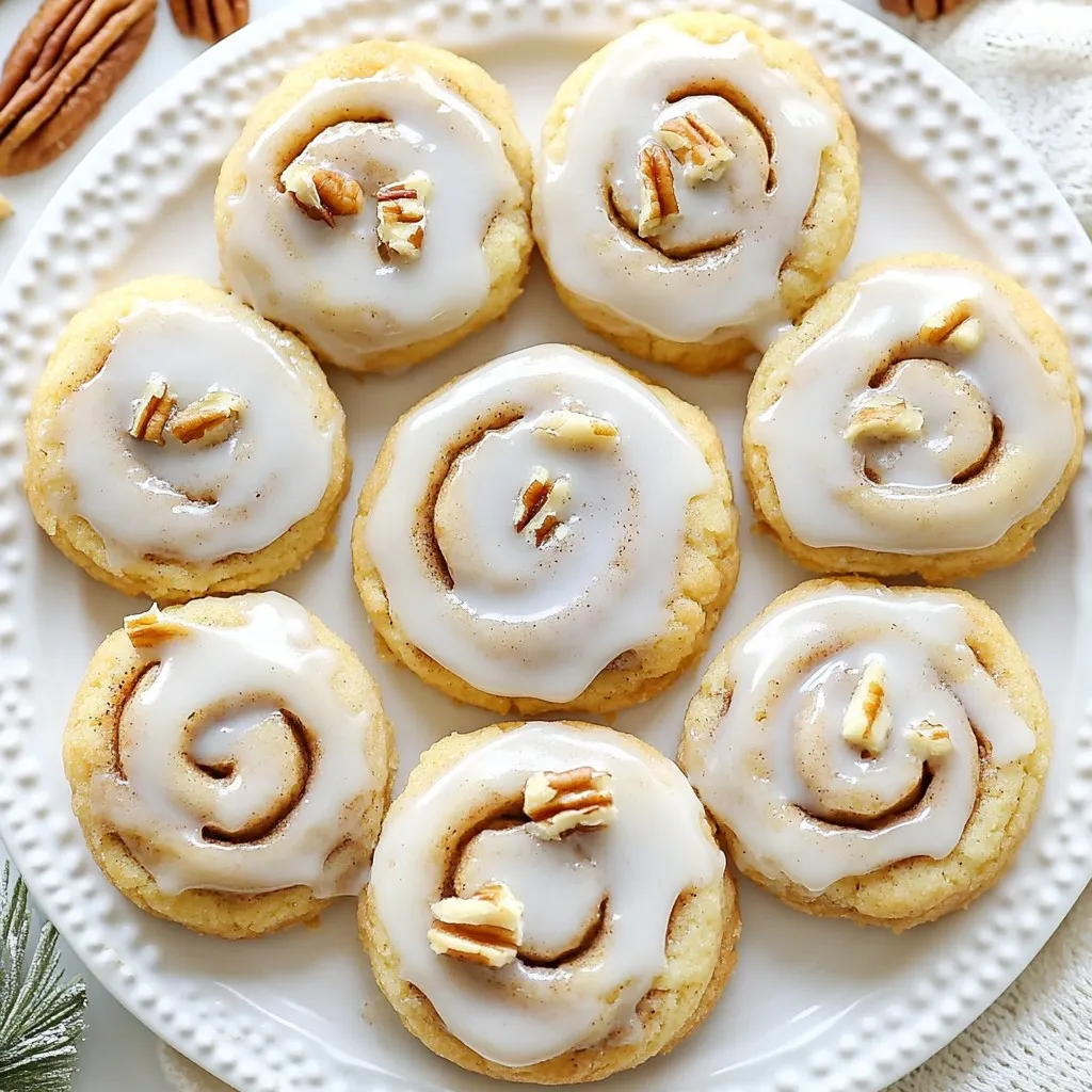 - 2 ¾ cups all-purpose flour - 1 teaspoon baking soda - ¼ teaspoon salt - 1 teaspoon ground cinnamon - 1 cup unsalted butter, softened - 1 cup granulated sugar - 1 cup packed brown sugar - 2 large eggs - 1 teaspoon pure vanilla extract - 1 cup chopped pecans or walnuts (optional) - ½ cup powdered sugar (for glaze) - 1 tablespoon milk (for glaze) - ½ teaspoon vanilla extract (for glaze) Each ingredient plays a key role in making these cookies soft and tasty. The all-purpose flour gives the cookies structure. The baking soda helps them rise, making them fluffy. Salt brings out all the flavors, while cinnamon adds that warm, cozy spice. Unsalted butter is crucial. It makes the cookies rich and smooth. The mix of granulated and brown sugar gives sweetness and a lovely chewiness. Eggs add moisture and bind everything together. Vanilla extract gives a nice aroma and flavor. Chopped nuts, if you choose to use them, add a delightful crunch. The glaze, made from powdered sugar, milk, and vanilla, adds a sweet finish. Each ingredient is vital in creating cinnamon roll cookies that people will love! {{ingredient_image_2}} - Preheat the oven to 350°F (175°C). - Prepare two baking sheets by lining them with parchment paper. - In a large bowl, whisk together the flour, baking soda, salt, and cinnamon. Mix these dry ingredients well. This step is key. It helps the spices mix evenly into the cookies. Set this bowl aside for later. - In a new bowl, cream the butter, granulated sugar, and brown sugar. - Use an electric mixer for about 2 to 3 minutes, until it’s light and fluffy. - Add the eggs one at a time, mixing well each time. - Then, add the vanilla extract and mix until fully combined. This creaming step makes your cookies soft. Remember, a good mix helps trap air, making them rise nicely. - Gradually add the dry mixture to the wet mixture, stirring gently. - If you like, fold in the chopped pecans or walnuts for extra crunch. - Use a cookie scoop to shape the dough into balls, about 1.5 inches wide. - Place the balls on the baking sheets, leaving about 2 inches between each. Bake these cookies for 10 to 12 minutes. You want the edges to turn lightly golden. - After baking, let the cookies cool on the sheets for 5 minutes. - Then, transfer them to a wire rack to cool completely. While they cool, prepare the glaze: - In a small bowl, whisk together the powdered sugar, milk, and vanilla extract. - Make sure the glaze is smooth and lump-free. Once the cookies are cool, drizzle the glaze over the tops. Use a spoon or piping bag for more control. Enjoy your cinnamon roll cookies! - Bake the cookies at 350°F (175°C) for the best results. - Aim for 10 to 12 minutes of baking time. - Look for edges that turn a light golden brown. - Let cookies cool for about 5 minutes on the sheet. - They stay soft if you do not over-bake them. - Use gluten-free flour blends for a gluten-free option. - Almond flour or coconut flour can work too. - For vegan cookies, swap butter for coconut oil. - Use flax eggs instead of regular eggs, one flax egg equals one egg. - Serve cookies on a nice decorative plate. - Lightly dust with cinnamon for a pretty touch. - Garnish with chopped nuts for extra flair. - Pair cookies with coffee or tea for delight. - Enjoy them with a glass of cold milk too. Pro Tips Chill the Dough: For thicker cookies, chill the dough for at least 30 minutes before baking. This helps the cookies maintain their shape and enhances the flavors. Use Fresh Spices: For the best flavor, ensure your ground cinnamon is fresh. Old spices can lose their potency and affect the taste of your cookies. Don’t Overmix: When combining the wet and dry ingredients, mix just until combined. Overmixing can lead to tough cookies. Customize the Nuts: If you’re not a fan of pecans or walnuts, feel free to substitute with your favorite nuts or omit them entirely for a nut-free version. {{image_4}} You can make these cookies even more fun by adding chocolate chips. Just fold in about a cup of your favorite chips when mixing the dough. This twist gives a rich taste that pairs perfectly with the cinnamon flavor. Seasonal flavors also bring a new vibe to these cookies. Try adding pumpkin spice for a fall treat. A splash of almond extract can bring a sweet, nutty taste. Each flavor option creates a unique cookie experience! Changing up the nuts can add a great crunch. Pecans and walnuts are classic choices, but try almonds or hazelnuts too. You can chop them finely or leave them chunkier for more bite. Incorporating dried fruits can add sweetness and chewiness. Consider raisins, cranberries, or even chopped dates. These additions can make the cookies feel homemade and special. For a vegan version, swap the butter for coconut oil. Use flax eggs instead of regular eggs. This keeps the cookies soft and tasty while being plant-based. If you want a low-sugar version, substitute half the sugars with a sugar alternative. You can also reduce the overall sugar in the dough without losing flavor. Enjoy your soft delight while staying mindful of sugar intake! To keep your cinnamon roll cookies fresh, store them in an airtight container. A simple plastic or glass container works well. Make sure to place parchment paper between layers to prevent sticking. This method helps maintain their soft texture. You can freeze unbaked cookie dough. First, scoop the dough into balls and place them on a baking sheet. Freeze them until firm, then transfer to a zip-top bag. This way, you can bake fresh cookies anytime. When ready, bake straight from the freezer. Just add a minute or two to the baking time. Fresh cookies last up to one week at room temperature. Keep them in a cool, dry place. Check for signs of spoilage, like an off smell or dry texture. If they feel hard or crumbly, it’s time to toss them. Enjoy your cookies while they are at their best! How can I make my cookies chewier? To make your cookies chewier, use brown sugar instead of white sugar. Brown sugar holds more moisture. You can also add an extra egg yolk to boost the richness. Try baking them for a shorter time, just until the edges turn golden. This keeps the center soft and chewy. Can I make these cookies ahead of time? Yes, you can make these cookies ahead of time. You can prepare the dough and chill it in the fridge for up to 3 days. This helps the flavors blend well. You can also freeze the dough for up to 3 months. Just thaw it in the fridge before baking. Why did my cookies spread too much? Cookies spread too much if the dough is too warm or if there’s too little flour. Always measure flour correctly by spooning it into the cup and leveling it off. If your butter is too soft, chill the dough for 30 minutes before baking. How do I fix dry cookie dough? To fix dry cookie dough, add a little milk, one tablespoon at a time. Mix it gently until the dough comes together. You can also add a bit of softened butter if needed. Be careful not to overmix, as that can make the cookies tough. How to adjust for high altitude baking? At high altitudes, you may need to add more flour and decrease sugar. Try adding 1 to 2 tablespoons of flour for every cup. You might also need to increase the oven temperature by 15°F to 25°F. This helps the cookies set before they spread too much. Can I double the recipe? Yes, you can double the recipe. Just use twice the amount of each ingredient listed. Make sure you have enough space on your baking sheets. It’s best to bake in batches to ensure even cooking. This blog post covers all you need to make delicious cookies. We explored ingredients, step-by-step instructions, and clever baking tips. I shared variations for different flavors and textures that can transform your cookies. You now have perfect ways to store and freeze cookies for later. Baking should bring joy and creativity. Use these insights to bake tasty treats that everyone will love. Happy baking!