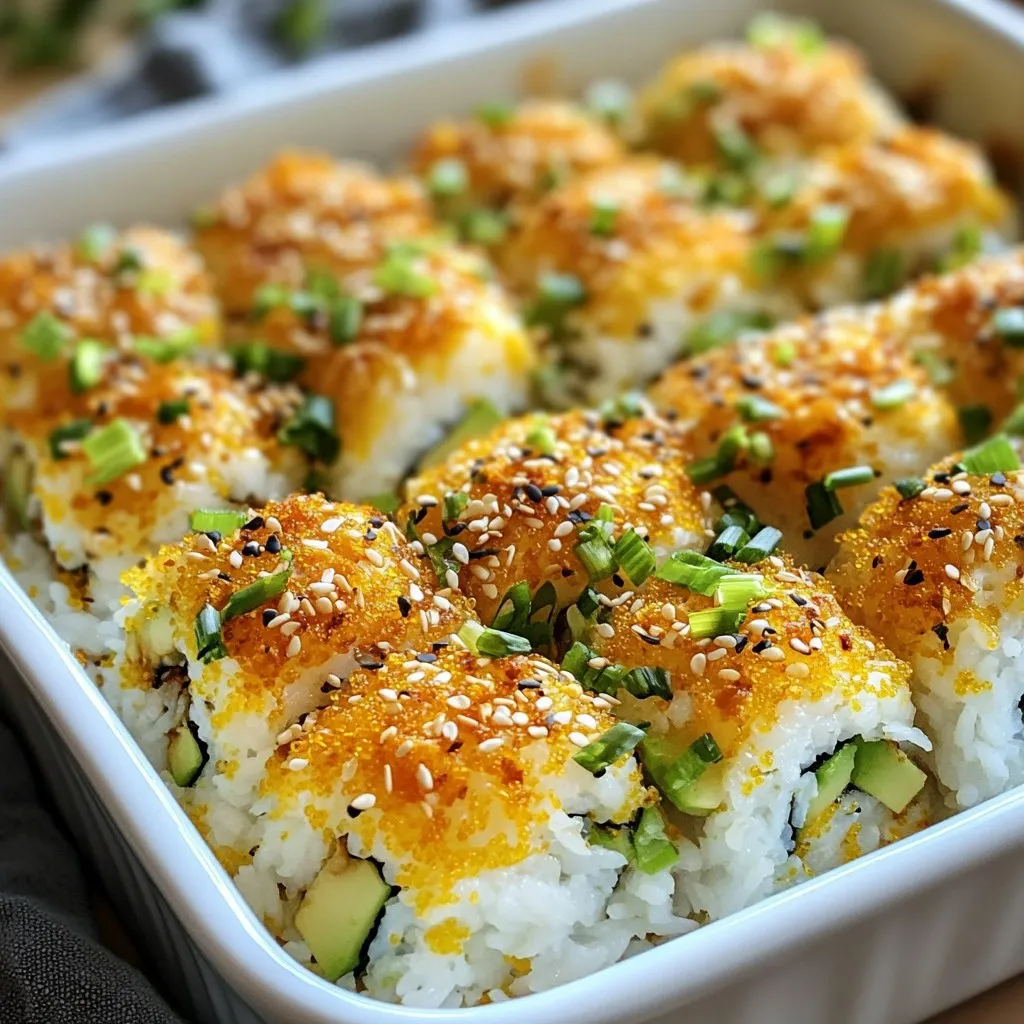 - Sushi Rice Essentials - 1 ½ cups sushi rice - 2 cups water - Fillings and Toppings - 1 pound imitation crab meat, shredded - 1 avocado, diced - ½ cucumber, finely chopped - 1 cup cream cheese, softened to room temperature - 2 tablespoons mayonnaise - 1 tablespoon sriracha (adjust based on your spice preference) - 2 tablespoons green onions, chopped for garnish - Sesame seeds for garnish - Seasoning Components - 1 tablespoon rice vinegar - 1 tablespoon sugar - ½ teaspoon salt The sushi bake relies on simple yet fresh ingredients. First, the sushi rice forms the base. It gives a nice chewy texture. Then, the fillings add flavor and creaminess. The crab meat and cream cheese blend well together. The avocado and cucumber bring a nice crunch. For seasoning, rice vinegar, sugar, and salt balance the flavors. You can adjust the sriracha based on your spice level. This recipe allows for easy customization. You can swap out ingredients to match your taste. Enjoy the fun of making this dish! {{ingredient_image_2}} Rinsing and Cooking the Rice Start by rinsing 1 ½ cups of sushi rice under cold water. Keep rinsing until the water runs clear. This step removes excess starch. Next, place the rinsed rice in a pot and add 2 cups of water. Bring it to a boil over medium-high heat. Once it boils, lower the heat and cover the pot. Let it cook for 18-20 minutes. Check that the rice is tender and all water is gone. After cooking, turn off the heat and let the rice sit, covered, for 10 minutes. This makes the rice fluffy. Seasoning the Rice In a small bowl, mix 1 tablespoon of rice vinegar, 1 tablespoon of sugar, and ½ teaspoon of salt. Stir until the sugar and salt dissolve. Once the rice is cooked, move it to a large bowl. Gently fold the vinegar mix into the rice using a spatula. Be careful not to mash the grains. Let the rice cool a bit at room temperature. Combining Ingredients In another bowl, mix together 1 pound of shredded imitation crab meat, 1 diced avocado, and ½ finely chopped cucumber. Add 1 cup of softened cream cheese and 2 tablespoons of mayonnaise. Finally, add 1 tablespoon of sriracha. This is where you can control the heat! Mix everything well until combined. Adjusting Spice Levels Taste your filling. If you want more heat, add more sriracha. This is your sushi bake, so make it how you like! Layering the Ingredients First, preheat your oven to 350°F (175°C). Grease a 9x9 inch baking dish to prevent sticking. Spread the seasoned sushi rice evenly on the bottom of the dish. Press it down gently to make a solid layer. Then, spread the crab filling evenly over the rice. Use a spatula to smooth it out. Baking Time and Temperature Put the dish in the preheated oven. Bake for 20-25 minutes. Look for a golden brown and bubbly top. This shows it’s ready to eat. Achieving Fluffiness in Sushi Rice To make fluffy sushi rice, start by rinsing the rice well. Rinse until the water is clear. This step removes extra starch. Next, cook the rice with just the right amount of water. Use 1 ½ cups of sushi rice and 2 cups of water. After cooking, let it steam for 10 more minutes. This will help the rice become light and airy. Tips for a Golden Brown Top For a golden brown top, bake the sushi for 20-25 minutes at 350°F. Check the dish halfway through. If it’s not golden yet, leave it a bit longer. Keep an eye on it to avoid burning. You can also broil it for a minute at the end for extra color. How to Serve with Nori Cut nori sheets into strips for serving. Each person can take a strip and scoop some sushi bake. This makes it fun and interactive. It’s like sushi but easier to eat! You can also serve the sushi bake straight from the dish. Pairing with Dipping Sauces Pair your sushi bake with dipping sauces. Sriracha adds a nice kick. You can also try soy sauce or a creamy sauce. Offer a few options on the side. This way, everyone can pick their favorite! Pro Tips Perfectly Cooked Rice: Ensure your sushi rice is perfectly cooked by letting it steam for an additional 10 minutes after the heat is turned off. This step ensures fluffy rice without any excess moisture. Balance Your Flavors: Adjust the sriracha in the filling to match your desired spice level, and taste as you go. This allows you to find the perfect balance of flavors for your palate. Use Fresh Ingredients: Always opt for the freshest ingredients, especially the avocado and cucumber, as they significantly enhance the overall taste and texture of your sushi bake. Serving Suggestions: For an extra kick, serve the sushi bake with a side of soy sauce or additional sriracha for dipping. This adds an exciting layer of flavor to each bite. {{image_4}} You can switch up the filling for your sushi bake. Here are some great ideas: - Vegetarian Options: Use tofu instead of crab. Add chopped bell peppers, carrots, and spinach for crunch and color. You can also use cream cheese with herbs for extra flavor. - Seafood Variations: If you love seafood, try shrimp or salmon. Cook the shrimp and chop it before adding. For salmon, use canned or cooked chunks. Both options give a tasty twist. Changing the seasonings can make your sushi bake unique. Consider these options: - Sriracha Substitutes: If you want less heat, use sweet chili sauce. It gives a nice flavor without much spice. You can also use hoisin sauce for a sweet touch. - Flavor Enhancements: Add sesame oil for a nutty flavor. Mixing in lime juice can also brighten the taste. Try adding chopped cilantro for a fresh twist. To keep your sushi bake fresh, store leftovers in the fridge. First, let it cool to room temperature. Then, cover it tightly with plastic wrap or transfer it to an airtight container. It will stay good for up to three days. When ready to eat, you can reheat it. Place the sushi bake in the oven at 350°F (175°C) for about 15 minutes. This warms it up evenly and helps keep the top crispy. If you want to save some for later, freezing is a great option. Cut the sushi bake into portions. Wrap each piece in plastic wrap, then place them in a freezer bag. This way, they won’t stick together. The sushi bake will last in the freezer for about a month. For thawing, move a portion to the fridge the night before. Once it's thawed, you can reheat it in the oven at 350°F (175°C) for about 15 to 20 minutes until it’s hot. Enjoy your tasty treat again! Sushi bake is a fun twist on traditional sushi. It combines sushi rice with tasty fillings and bakes it in the oven. This dish became popular on TikTok due to its ease and deliciousness. You can prepare it quickly for parties or family dinners. The warm, creamy filling makes it a crowd-pleaser. Plus, you can scoop it up with nori strips, making it interactive. Yes, you can prep sushi bake ahead of time. Cook the sushi rice and prepare the filling earlier in the day. Keep each part in the fridge separately. When you are ready to eat, just assemble and bake. This will save time and stress. You can also bake it the night before and reheat it when needed. To make sushi bake for fewer servings, simply scale down the ingredients. For example: - Use 1 cup of sushi rice instead of 1 ½ cups. - Halve the crab meat and cream cheese. - Adjust the other ingredients accordingly. This way, you can enjoy the dish without waste. Just remember to keep the baking time similar, checking for that golden brown top. You now have all the key ingredients and steps to make a delicious sushi bake. We covered the rice, fillings, and tasty seasonings. I shared tips for the best texture and how to serve it. You learned about variations and smart storage options. Sushi bake is fun and easy to make at home. With these guidelines, you can impress family and friends. Enjoy experimenting with your own unique flavors and presentations!