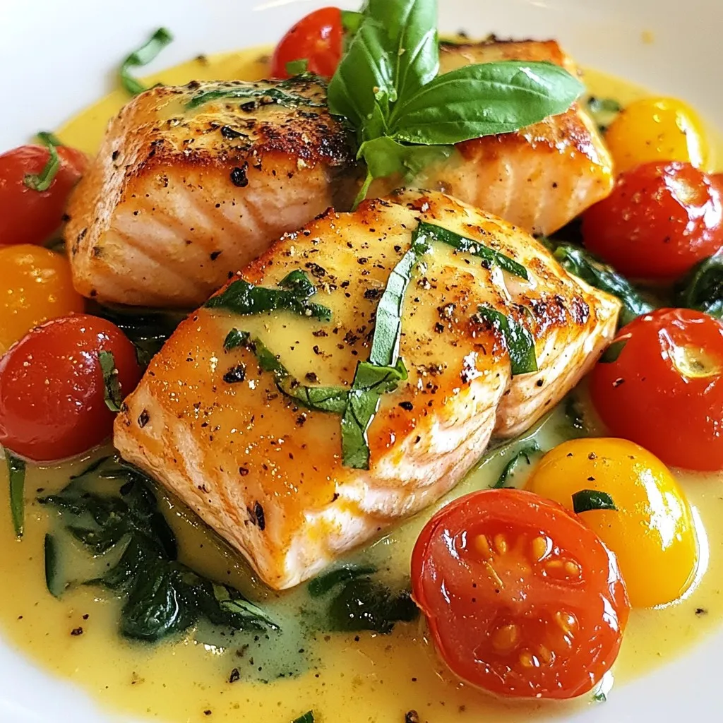 - 4 salmon fillets - 2 tablespoons olive oil - 3 cloves garlic, finely minced - Fresh basil leaves, torn, for garnish - Additional seasonings (salt and pepper) - 1 cup cherry tomatoes, halved - 1 cup fresh spinach leaves - 1 cup heavy cream - 1/2 cup freshly grated Parmesan cheese - 1 teaspoon dried Italian herbs (oregano, basil, thyme) To make Creamy Tuscan Salmon, you'll need fresh and simple ingredients. The main star is the salmon, which brings a rich flavor. You will also need olive oil for searing. Garlic adds a great aroma and taste. For the sauce, cherry tomatoes bring sweetness. Fresh spinach adds color and nutrients. Heavy cream delivers that creamy texture we all love. Grated Parmesan cheese gives it a nice depth. The dried Italian herbs enhance the overall flavor, making this dish irresistible. Optional ingredients like torn basil leaves make the dish look pretty. You can also adjust the taste with salt and pepper. Gather these ingredients, and you will be ready to cook a delicious meal! {{ingredient_image_2}} To start, heat 2 tablespoons of olive oil in a large skillet on medium heat. Wait until it shimmers. Next, place 4 salmon fillets skin-side down. Season them with salt and freshly ground black pepper. Sear each fillet for about 4-5 minutes. You'll know it's ready when the fish looks opaque and has a golden brown crust. When done, carefully remove the salmon from the skillet and set it aside on a warm plate. In the same skillet, add 3 finely minced cloves of garlic. Sauté for around 30 seconds. Stir constantly to avoid burning the garlic. Once fragrant, add 1 cup of halved cherry tomatoes. Let them cook for 3-4 minutes. This will help them soften and release their juices. Next, stir in 1 cup of fresh spinach leaves. Cook until they wilt. This should take about 1-2 minutes. Now, pour in 1 cup of heavy cream. Bring the mixture to a gentle simmer. Reduce the heat, then add 1/2 cup of freshly grated Parmesan cheese and 1 teaspoon of dried Italian herbs. Stir until the cheese melts and the sauce is creamy. Carefully return the seared salmon fillets to the skillet. Spoon the creamy sauce over each fillet. Allow everything to simmer for an additional 2-3 minutes. This will help the flavors meld together. Taste the sauce and adjust with more salt and freshly ground black pepper if needed. Serve the creamy Tuscan salmon on warm plates, topped with the sauce and garnished with torn fresh basil leaves for a burst of color. To get the best sear on your salmon, start with a hot skillet. Warm the olive oil until it shimmers. Place the salmon skin-side down. This helps keep it moist. Cook for 4-5 minutes per side. Look for a nice golden crust. For doneness, check the center. It should be opaque and flake easily with a fork. Want to switch things up? You can swap salmon for trout or even chicken. If you like a lighter sauce, try half-and-half instead of heavy cream. To boost flavor, use more garlic or add lemon juice. You can also mix in fresh herbs like dill or parsley. Adjust the seasoning by adding more salt or pepper to your taste. For a beautiful plate, serve the salmon over creamy mashed potatoes or pasta. Drizzle the sauce on top and sprinkle with extra Parmesan. Add fresh basil leaves for color. You can also use a lemon wedge on the side. This adds a nice pop and makes the dish look vibrant. Pro Tips Use Fresh Ingredients: Opt for fresh spinach and ripe cherry tomatoes for the best flavor. Fresh produce enhances the dish’s overall taste and texture. Perfectly Sear the Salmon: Ensure the skillet is hot enough before adding the salmon to achieve a nice golden crust. This adds a delicious depth of flavor. Adjust Creaminess: If you prefer a lighter sauce, you can substitute half of the heavy cream with chicken or vegetable broth while maintaining the richness with the Parmesan cheese. Garnish with Flair: Adding torn fresh basil right before serving not only adds a pop of color but also elevates the dish's aroma and flavor profile. {{image_4}} You can switch up the salmon for other fish like trout. Trout has a nice flavor and cooks fast. If you want a lighter option, use chicken. Just make sure to cook it until it's safe to eat. For a plant-based dish, use tofu or tempeh. Both soak up flavors well and add great texture. Feel free to play with the herbs in this dish. Try adding fresh dill or parsley for a new twist. You can also add red pepper flakes for some heat. A squeeze of lemon juice brightens the dish and adds a fresh taste. Just mix it in before serving for a zesty kick. This creamy salmon pairs well with many sides. Try serving it over creamy mashed potatoes or with pasta. Both soak up the sauce nicely. For a fresh touch, add a salad with mixed greens and a light vinaigrette. You can also serve it with crusty bread to mop up the creamy sauce. To store leftover salmon, let it cool first. Then, place the salmon in an airtight container. It keeps well in the fridge for up to three days. For the creamy sauce, store it separately in its own container. This helps to keep it fresh and tasty. When you’re ready to eat, reheat the salmon gently. Use a skillet on low heat. Add a splash of cream to keep it moist. Heat for about 5-7 minutes. You want it warm but not overcooked. You can also microwave it on medium for 2-3 minutes. Just cover it with a damp paper towel to keep it from drying out. Yes, you can freeze creamy Tuscan salmon! Place the salmon and sauce in a freezer-safe container. Make sure to leave some space for expansion. It can stay good for up to three months. To thaw, move it to the fridge overnight. Reheat it slowly as mentioned before. This way, you enjoy great flavor even after freezing. Making Creamy Tuscan Salmon takes about 25 minutes in total. The prep time is quick, just 10 minutes. Searing the salmon takes about 10 minutes. Cooking the sauce with garlic, tomatoes, and spinach takes another 5 to 7 minutes. This dish is fast and fits well into a busy schedule. Yes, you can make this recipe ahead of time! You can cook the salmon and sauce separately. Store them in the fridge for up to two days. When you are ready to serve, reheat the salmon gently. Warm the sauce on low heat. This method keeps the flavors fresh and tasty. Creamy Tuscan Salmon goes well with many side dishes. Here are some tasty options: - Creamy mashed potatoes - Al dente pasta - Steamed vegetables like broccoli or asparagus - A fresh green salad with a light dressing - Garlic bread for a crunchy side These pairings enhance the meal and add variety to your plate. Enjoy exploring different combinations! This blog post covered how to make delicious Creamy Tuscan Salmon. We looked at key ingredients, step-by-step cooking instructions, and helpful tips. You learned how to create a flavorful sauce and achieve the perfect sear on salmon. Remember, you can customize this dish with different ingredients or sides. Whether you add herbs or swap proteins, the options are endless. Enjoy making and sharing this tasty meal with others!