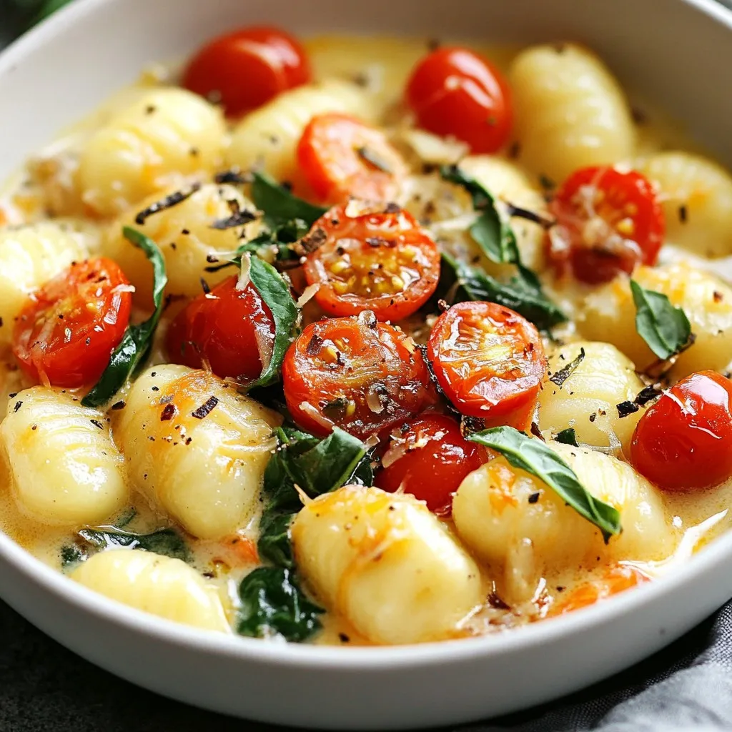 To make One-Pot Creamy Tuscan Gnocchi, you will need: - 1 package (16 oz) potato gnocchi - 1 tablespoon extra virgin olive oil - 1 small onion, finely diced - 3 cloves garlic, minced - 1 cup cherry tomatoes, halved - 2 cups fresh baby spinach - 1 cup vegetable broth - 1 cup heavy cream (substitute with a dairy-free alternative, if desired) - ½ cup grated Parmesan cheese (or nutritional yeast for a vegan option) - 1 teaspoon of dried Italian herbs (basil, oregano, thyme) - Salt and freshly ground pepper, to taste - Fresh basil leaves, for garnish You can swap some ingredients if needed. Here are some ideas: - Use gluten-free gnocchi for a gluten-free meal. - Replace heavy cream with coconut milk for a dairy-free option. - Use any leafy green instead of spinach, like kale or arugula. - If you don’t have cherry tomatoes, diced regular tomatoes work well too. - Nutritional yeast can replace Parmesan cheese for a vegan dish. Each serving of this dish provides balanced nutrition. Here's a rough estimate: - Calories: 450 - Protein: 12g - Carbohydrates: 60g - Fat: 20g - Fiber: 3g This meal is rich in flavor and nutrients. It offers a comforting blend of carbs, healthy fats, and vitamins from the vegetables. Enjoy knowing you’re serving something both tasty and good for you! {{ingredient_image_2}} 1. Sauté Onions: Heat the olive oil in a large pot over medium heat. Add the diced onion. Cook for about 5 minutes until the onion is soft and see-through. 2. Add Garlic: Mix in the minced garlic. Cook for about 1 minute until it smells great. 3. Cook Tomatoes: Toss in the halved cherry tomatoes. Stir gently for 3-4 minutes. The tomatoes should soften and release their juice. 4. Simmer Broth: Pour in the vegetable broth. Stir to blend all the flavors. Bring this to a gentle simmer. 5. Incorporate Gnocchi: Add the potato gnocchi. Stir carefully to cover them in broth. Cook for 3-4 minutes. The gnocchi will float when done. 6. Make it Creamy: Lower the heat. Mix in the heavy cream and grated Parmesan cheese. Stir until the cheese melts and the sauce becomes creamy. 7. Add Spinach and Season: Add the fresh spinach and dried Italian herbs. Stir until the spinach wilts. Season with salt and pepper to your taste. 8. Thicken: Take the pot off the heat. Let it sit for a minute. This helps the sauce thicken a bit. 9. Serve: Spoon the creamy gnocchi into bowls. Garnish with fresh basil leaves. Serve hot and enjoy! - Onion Cooking: Make sure to stir the onions often. This helps them cook evenly and not burn. - Garlic Timing: Don’t overcook the garlic. It can turn bitter if cooked too long. - Tomato Juices: Press the tomatoes gently while cooking. This releases more juice for your sauce. - Gnocchi Cooking: Keep an eye on the gnocchi. They cook quickly. Overcooking can make them mushy. - Cream Mixing: Stir the cream in slowly. This helps it blend better with the sauce. - Prep Ahead: Chop the onion and garlic before starting. This saves time when cooking. - Simultaneous Steps: While the onions cook, wash the spinach. This way, you save a few minutes. - One-Pot Advantage: Use one pot for the whole dish. This cuts down on cleanup time. - Serving Tips: Serve right after cooking. This keeps the gnocchi warm and tasty. When cooking One-Pot Creamy Tuscan Gnocchi, some mistakes can ruin your dish. Here are key tips to keep in mind: - Overcooking the Gnocchi: Gnocchi cooks quickly. If you cook it too long, it can turn mushy. Watch for them to float, which means they are done. - Skipping the Sauté Step: Sautéing the onion and garlic builds flavor. Don’t skip this step, as it adds depth to your meal. - Using Cold Cream: Always add cream at low heat. Cold cream can curdle and ruin the sauce's smooth texture. To boost the flavor of your gnocchi, try these ideas: - Fresh Herbs: Adding fresh herbs like basil or parsley can brighten the dish. Sprinkle them on top before serving for an extra boost. - Cheese Variations: Besides Parmesan, try using pecorino or feta for a unique taste. Each cheese brings its own richness. - Spicy Kick: If you like heat, add red pepper flakes when cooking the onions. This adds a nice warmth to the dish. Using the right tools makes cooking easier and more fun. Here are my top picks: - Deep Pot: A large, deep pot allows for mixing without spills. A Dutch oven works great for this recipe. - Wooden Spoon: A sturdy wooden spoon helps stir without scratching your pot. It also withstands high heat. - Measuring Cups: Precise measurements help ensure the right balance of flavors. Use them for liquids and dry ingredients alike. Pro Tips Use Fresh Ingredients: Fresh spinach and ripe cherry tomatoes enhance the flavor and nutritional value of the dish. Always opt for fresh produce when possible. Choose the Right Gnocchi: For the best texture, use high-quality potato gnocchi. Look for those made with real potatoes for a light and fluffy result. Adjust Creaminess: Feel free to adjust the amount of cream and cheese based on your preference. For a lighter dish, reduce the cream or use a dairy-free alternative. Garnish Creatively: Add a burst of flavor and color by garnishing with fresh basil, a drizzle of balsamic glaze, or a sprinkle of red pepper flakes for a spicy kick. {{image_4}} You can make this dish vegan! Use a dairy-free cream instead of heavy cream. Coconut cream or cashew cream works well. Replace Parmesan cheese with nutritional yeast. This gives a nice cheesy taste without dairy. Want to add more protein? You can include cooked chicken or shrimp. Tofu is also a great choice for a plant-based option. Just sauté it with the onions. For a hearty touch, add white beans or chickpeas. These mix well with the creamy sauce. Use what’s in season! In spring, add peas or asparagus. In summer, try zucchini or bell peppers. For fall, include butternut squash or kale. These swaps keep the dish fresh and fun. Plus, they enhance the flavor and nutrition. After enjoying your One-Pot Creamy Tuscan Gnocchi, store any leftovers in an airtight container. Make sure the dish cools down to room temperature first. This prevents moisture buildup, which can make your gnocchi soggy. Keep the container in the fridge and eat the leftovers within three days for the best taste. When reheating, use a pan on low heat. Add a splash of vegetable broth or cream to keep it creamy. Stir often to warm it evenly. If you use the microwave, heat it in 30-second bursts. Stir in between to avoid hot spots. This way, your gnocchi stays rich and smooth. For longer storage, freeze the gnocchi. Place it in a freezer-safe container after cooling. Use a layer of parchment paper to separate portions if you plan to eat it in parts. It can last up to three months in the freezer. When ready to eat, thaw it in the fridge overnight and follow the reheating tips for the best results. To make gnocchi from scratch, you need a few simple ingredients. You’ll want: - 2 pounds of potatoes - 1 cup of all-purpose flour - 1 egg - Salt 1. Cook the Potatoes: Boil the potatoes until tender. 2. Mash: Peel and mash the potatoes until smooth. 3. Mix: Combine mashed potatoes, flour, egg, and salt. 4. Knead: Gently knead the dough until smooth. 5. Shape: Roll into small logs and cut into pieces. 6. Form: Use a fork to shape each piece. Fresh gnocchi cooks quickly. Just drop them in boiling water. They float when done! Yes, you can use frozen gnocchi! Just add them directly to the pot without thawing. They will cook in the broth. Keep an eye on them. They may take a minute longer than fresh gnocchi. This saves time and makes meal prep easy! One-Pot Creamy Tuscan Gnocchi pairs well with many sides. Here are some tasty options: - A crisp green salad - Garlic bread for dipping - Steamed vegetables like broccoli or green beans These sides add color and crunch to your meal. Enjoy! This blog post covers everything you need for One-Pot Creamy Tuscan Gnocchi. We explored the key ingredients and easy substitutes to fit your needs. I shared step-by-step cooking tips and time management tricks to help you in the kitchen. We also discussed common mistakes and how to enhance flavors. Plus, I offered storage tips for keeping leftovers fresh. You now have the tools to make this dish your own. Enjoy cooking and tasting each delicious bite!