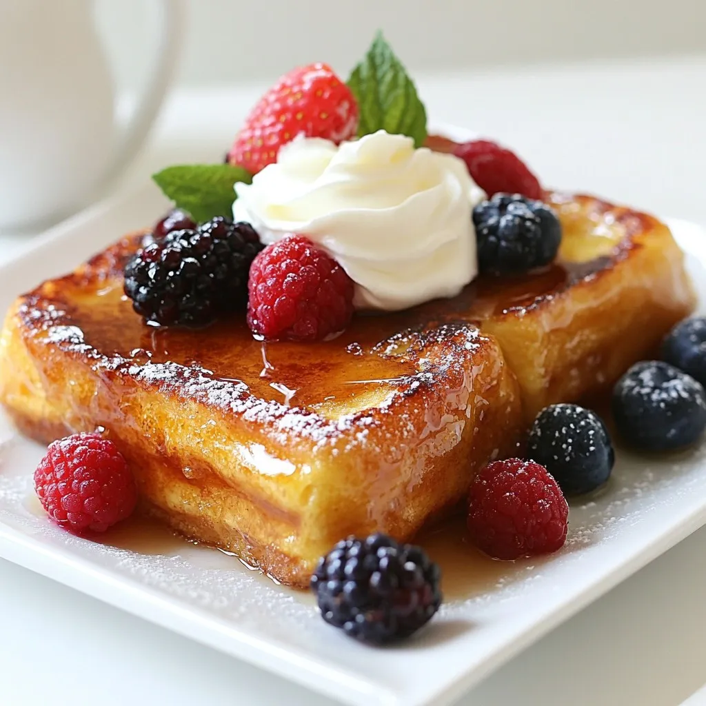 To make Crème Brûlée French Toast, gather these ingredients: - 6 thick slices of brioche or challah bread - 4 large eggs - 1 cup whole milk - 1/2 cup heavy cream - 1 teaspoon pure vanilla extract - 1/4 teaspoon almond extract - 1/4 cup granulated sugar (plus extra for caramelizing) - 1/2 teaspoon ground cinnamon - 1/4 teaspoon freshly grated nutmeg - Pinch of salt - Fresh berries (like strawberries, blueberries, or raspberries, for garnish) - Whipped cream (optional, for serving) You can change things up if needed. Here are some ideas: - Use any soft bread like sourdough or even gluten-free bread. - Swap heavy cream with coconut cream for a dairy-free twist. - If you lack almond extract, use more vanilla extract instead. - For a sweeter taste, consider adding maple syrup to the egg mix. Quality ingredients make a big difference in flavor. Always choose fresh eggs and rich cream. The bread should be soft and slightly sweet. Fresh berries add color and taste. If you use good ingredients, your French toast will be a delightful treat. Trust me, it’s worth it! {{ingredient_image_2}} First, gather your ingredients. You will need eggs, whole milk, heavy cream, vanilla extract, almond extract, sugar, cinnamon, nutmeg, and salt. In a large bowl, whisk the eggs until smooth. Then, add milk and cream. Mix in vanilla and almond extracts, sugar, cinnamon, nutmeg, and a pinch of salt. Whisk until everything blends well. This custard mixture gives the French toast its rich flavor. Next, take your brioche or challah bread. Arrange the slices in a large baking dish in one layer. Pour the custard mixture evenly over the bread. Make sure each slice is soaked. Cover the dish with plastic wrap. Refrigerate for at least 30 minutes or overnight for the best taste. Soaking the bread allows it to soak up all that tasty custard. Preheat your oven to 350°F (175°C). After your bread has soaked, take the dish out of the fridge. Remove the cover and place the dish in the oven. Bake for 25-30 minutes. You want the French toast to turn golden brown and puffed. This step makes it warm and fluffy. Once baked, carefully remove the dish from the oven. Let it cool for about 5-10 minutes. This helps it set. Now, for the crème brûlée topping, sprinkle a thin layer of sugar over the warm French toast. Use a kitchen torch to caramelize the sugar until it forms a crispy crust. If you don’t have a torch, place the dish under the broiler for 1-2 minutes. Watch closely to avoid burning. Slice the French toast into generous pieces. Serve it warm for the best taste. Add fresh berries on top for a pop of color. You can also add whipped cream if you like. For an elegant touch, use decorative plates. Drizzle with maple syrup or dust with powdered sugar for extra sweetness. Enjoy this delightful morning treat! To get the best texture, use thick slices of brioche or challah bread. These breads soak up the custard well. Let the bread sit in the egg mixture for at least 30 minutes. For even better results, soak overnight. This helps the bread become soft and creamy inside while staying crispy on top. When you bake it, aim for a golden brown color. This shows it's perfectly cooked. One mistake is using thin bread. Thin slices do not soak enough and can turn dry. Another issue is not soaking long enough. If the bread isn't soaked well, it won’t absorb the custard. Also, be careful with the sugar when caramelizing. Too much sugar can burn quickly, ruining the crunchy top. Lastly, avoid opening the oven too soon. It can lower the temperature and affect baking. To make this dish, you need a few key tools. A large mixing bowl is a must for the custard. A whisk helps blend the ingredients smoothly. Use a baking dish that fits your bread slices well. An oven-safe dish works best. A kitchen torch is great for caramelizing the sugar. If you don’t have one, a broiler can also do the job. Lastly, have a sharp knife ready for slicing the French toast into portions. Pro Tips Choose Fresh Bread: Using fresh brioche or challah will yield the best texture. Stale bread absorbs the custard better, but freshly baked bread provides a delightful contrast. Soaking Time Matters: Allowing the bread to soak overnight in the custard mixture enhances the flavors and helps achieve a creamy, custardy center. Perfect Caramelization: When caramelizing the sugar, ensure it's an even layer and keep the torch moving to avoid burning. If broiling, watch closely to achieve the perfect golden crust. Garnish Creatively: Fresh berries not only add flavor but also a vibrant color to your dish. Consider adding a sprinkle of mint or a drizzle of chocolate for an extra touch of elegance. {{image_4}} You can make this dish even better with simple add-ins. Try adding chocolate chips for a sweet surprise. Nuts like pecans or walnuts add crunch and flavor. You could also mix in some orange zest for a bright taste. Fresh berries on top give color and freshness. Drizzle with maple syrup for added sweetness. If you need gluten-free French toast, use gluten-free bread. Look for one that is soft and thick. For a dairy-free version, swap the milk and cream for almond milk or coconut milk. Use a dairy-free butter for cooking. This way, everyone can enjoy this tasty treat without worry. You can change the flavors with the seasons. In autumn, add pumpkin spice and top with caramel sauce. During winter, try peppermint extract mixed in. For spring, use fresh fruits like peaches or cherries. In summer, berries shine as the main topping. These changes keep the dish exciting and fun for every season. To keep leftover crème brûlée French toast fresh, store it in an airtight container. Allow it to cool to room temperature first. Place a piece of parchment paper between the layers to prevent sticking. This way, it stays fluffy and tasty. Store it in the fridge for up to three days. To reheat your French toast, you have a few options. The oven works best for keeping it crispy. Preheat the oven to 350°F (175°C). Place the toast on a baking sheet and warm it for about 10-15 minutes. Make sure to cover it loosely with foil to avoid drying it out. If you're in a rush, use the microwave. Heat it in 30-second bursts, checking often to avoid overheating. If you want to save some for later, freezing works well too. Wrap individual slices tightly in plastic wrap. Then place them in a freezer bag or container. Remove as much air as possible to prevent freezer burn. You can freeze it for up to two months. When ready to enjoy, thaw in the fridge overnight and reheat as mentioned above. The best bread for this dish is thick and soft. I recommend using brioche or challah bread. These breads soak up the custard well. Their rich flavor adds to the overall taste. If you want a twist, you can try sourdough for a tangy kick. You can prepare this recipe ahead. It’s best to soak the bread overnight. Just mix the custard and pour it over the bread. Cover the dish and refrigerate. This allows the bread to soak up the flavors. You can bake it fresh in the morning for a warm treat! To avoid soggy French toast, use thick slices of bread. Brioche and challah are perfect. Ensure you soak the bread just long enough. Too much soaking makes it soggy. Bake it until golden brown and puffed. This gives you a nice texture on the outside. If you don’t have a kitchen torch, don’t worry! You can use your oven's broiler. Sprinkle sugar on top and place it under the broiler for 1-2 minutes. Keep an eye on it to prevent burning. This method still gives you a nice caramelized top! This blog post covered all the key steps to make delicious French toast. We explored the right ingredients, how to prepare them, and baking tips for the best texture. I shared helpful tricks and variations to suit everyone’s tastes. Plus, I outlined easy storage methods to keep leftovers fresh. In the end, making French toast is fun and rewarding. Follow these steps, and you’ll have a tasty dish ready for any meal! Enjoy your cooking journey and savor every bite!