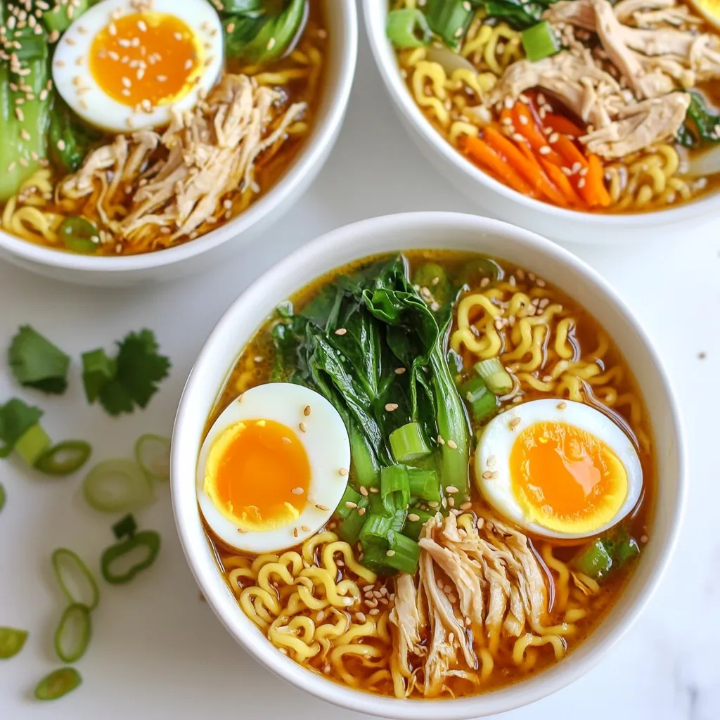 - 2 boneless, skinless chicken thighs - 4 cups chicken broth - 2 packs of instant ramen noodles (discard seasoning packets) - 1 tablespoon sesame oil - 2 tablespoons chili paste (adjust for spice) - 1 tablespoon soy sauce - 1 teaspoon ginger, freshly grated - 2 cloves garlic, finely minced - 1 cup bok choy, chopped - 1 medium carrot, julienned - 2 green onions, sliced thinly - 2 soft-boiled eggs (optional, for garnish) - Sesame seeds (for garnish) - Fresh cilantro leaves (for garnish) These ingredients combine to create a warm, spicy bowl of joy. The chicken thighs bring rich flavor and protein. The chicken broth serves as the heart of the dish, adding depth. Instant ramen noodles cook quickly and soak up the broth. Flavor enhancers like sesame oil, chili paste, and soy sauce add complexity. They create heat and umami, making each bite exciting. Fresh garlic and ginger provide aromatic notes that brighten the dish. The vegetables add color and crunch. Bok choy and carrots deliver nutrients and texture. Green onions bring a fresh bite, while soft-boiled eggs add creaminess. Don't forget the garnishes! Sesame seeds and cilantro give a pop of flavor and look great. Together, these ingredients create a fiery, comforting meal that warms the soul. {{ingredient_image_2}} To start, heat sesame oil in a medium pot over medium heat. Once the oil is hot, add the chicken thighs. Sear them for 5 to 7 minutes. You want them golden brown on both sides. After cooking, remove the chicken from the pot and set it aside on a plate. In the same pot, add minced garlic and freshly grated ginger. Sauté them for about 1 minute. Stir often to keep the garlic fragrant. Watch closely so the garlic does not burn. Next, pour in the chicken broth. Turn up the heat just a bit to bring it to a gentle simmer. Mix in chili paste and soy sauce, ensuring they combine well. Taste as you go to adjust the chili paste based on your spice preference. Now, return the seared chicken thighs to the pot. Let it simmer for 10 to 15 minutes. The chicken should be tender and fully cooked. After that, take the chicken out and shred it using two forks. Set the chicken aside. Bring the broth back to a gentle boil. Add instant ramen noodles, bok choy, and julienned carrots. Cook according to the noodle package, usually about 3 to 4 minutes until the noodles are al dente. Divide the cooked noodles and vegetables among serving bowls. Ladle the hot broth over each bowl. Make sure everyone gets a good mix of noodles and veggies. Next, top each bowl with shredded chicken. If you like, slice soft-boiled eggs in half and add them as a garnish. Finally, sprinkle sliced green onions, sesame seeds, and fresh cilantro leaves on top for flavor and color. You can easily change the spice in your ramen. To do this, modify the chili paste amount. If you want it less spicy, use less chili paste. For more heat, add a little more. Remember, taste as you go to get it just right. If you want a milder version, you can also use sweet chili sauce. This adds flavor without too much heat. Cooking the noodles correctly is key. Follow the package instructions, which usually say to cook them for about 3-4 minutes. You want them soft but not mushy. It’s also important to keep your vegetables crisp. Add the bok choy and carrots to the broth just before the noodles are done. This will help them stay fresh and crunchy. For serving, choose deep, wide bowls. This makes your ramen look inviting. Make sure the soft-boiled egg yolk is slightly runny for a rich touch. To enhance the look, add a drizzle of chili paste on top. This gives your dish a fiery and appealing finish. Don't forget to garnish with green onions, sesame seeds, and cilantro for added color! Pro Tips Adjust the Spice Level: When adding chili paste, start with a small amount and gradually increase it to your desired heat level. This way, you can control the spice without overpowering the dish. Perfecting Soft-Boiled Eggs: To achieve the ideal soft-boiled egg, boil them for about 6-7 minutes, then plunge them into ice water immediately. This stops the cooking process and helps maintain a runny yolk. Enhance the Broth Flavor: For a richer broth, consider adding a splash of mirin or a teaspoon of miso paste while simmering. This addition adds depth and umami to your ramen. Customize Your Toppings: Feel free to experiment with various toppings such as sliced mushrooms, nori, or bean sprouts. This not only enhances the flavor but also adds texture and visual appeal to your ramen bowl. {{image_4}} For a vegetarian twist, you can swap chicken for tofu. Firm tofu works best. Cut it into cubes and sauté until golden. You can also add mushrooms for texture. Try shiitake or portobello for a rich flavor. Other good veggies include bell peppers and snap peas. These add color and crunch to your dish. You can adjust the heat to fit your taste. For a mild version, use less chili paste. Start with one teaspoon and add more if needed. For a fiery kick, use fresh chilies like jalapeños or Thai bird chilies. Combining different chilies gives depth to the flavor. Experiment with dried red pepper flakes for added warmth. Add variety with different proteins. Sliced beef or shrimp can be great choices. For a unique touch, try adding grilled pineapple or crispy shallots. These ingredients enhance the flavor and make your ramen special. Don’t forget the garnishes! Add pickled ginger or nori strips for extra flair. After you finish your delicious ramen, store leftovers in an airtight container. This keeps the flavors fresh. Try to eat your ramen within three days. The broth can stay tasty for this long. If you wait longer, it might lose its great taste. To reheat ramen, the best method is using a pot on the stove. Heat it gently over low heat. This warms it up evenly. Stir often to avoid hot spots. If you use a microwave, try heating in short bursts. Check every minute to keep the noodles from getting soggy. You can freeze broth and noodles separately. This keeps the noodles from getting mushy. Pour broth into freezer-safe bags. Label them with the date. For noodles, place them in a separate bag. When you want to eat it later, thaw the broth overnight in the fridge. Reheat it on the stove, and then add fresh noodles. This keeps your ramen tasty and fresh! To make Fiery Chicken Ramen from scratch, you need fresh ingredients. Unlike instant ramen, this version has rich flavors. Instant ramen often lacks depth. You get that depth by cooking chicken, spices, and broth together. For substitutes, you can use vegetable broth instead of chicken broth. If you don’t have bok choy, spinach works well. You can swap chicken thighs for tofu for a vegetarian dish. You can find ramen noodles at most grocery stores. Popular brands include Nissin and Maruchan. Check the Asian food aisle for more options. For online shopping, Amazon and Walmart have great selections. You can also visit specialty Asian markets. They often stock unique brands you might not find elsewhere. Yes, you can make this dish gluten-free! Look for gluten-free ramen noodles made from rice or buckwheat. Many brands now offer these options. To adapt the recipe, use tamari instead of soy sauce. Check labels to ensure all ingredients are gluten-free. Enjoy your spicy comfort food without worries! This blog post showed you how to make delicious Fiery Chicken Ramen. We covered key ingredients, like chicken thighs and ramen noodles, and added flavor boosters such as chili paste and soy sauce. You learned step-by-step cooking methods and tips for great texture. We also explored variations for different diets and spice levels. Now you can enjoy a tasty bowl of ramen at home. With these easy steps, impress your friends or enjoy a cozy meal alone. Happy cooking!