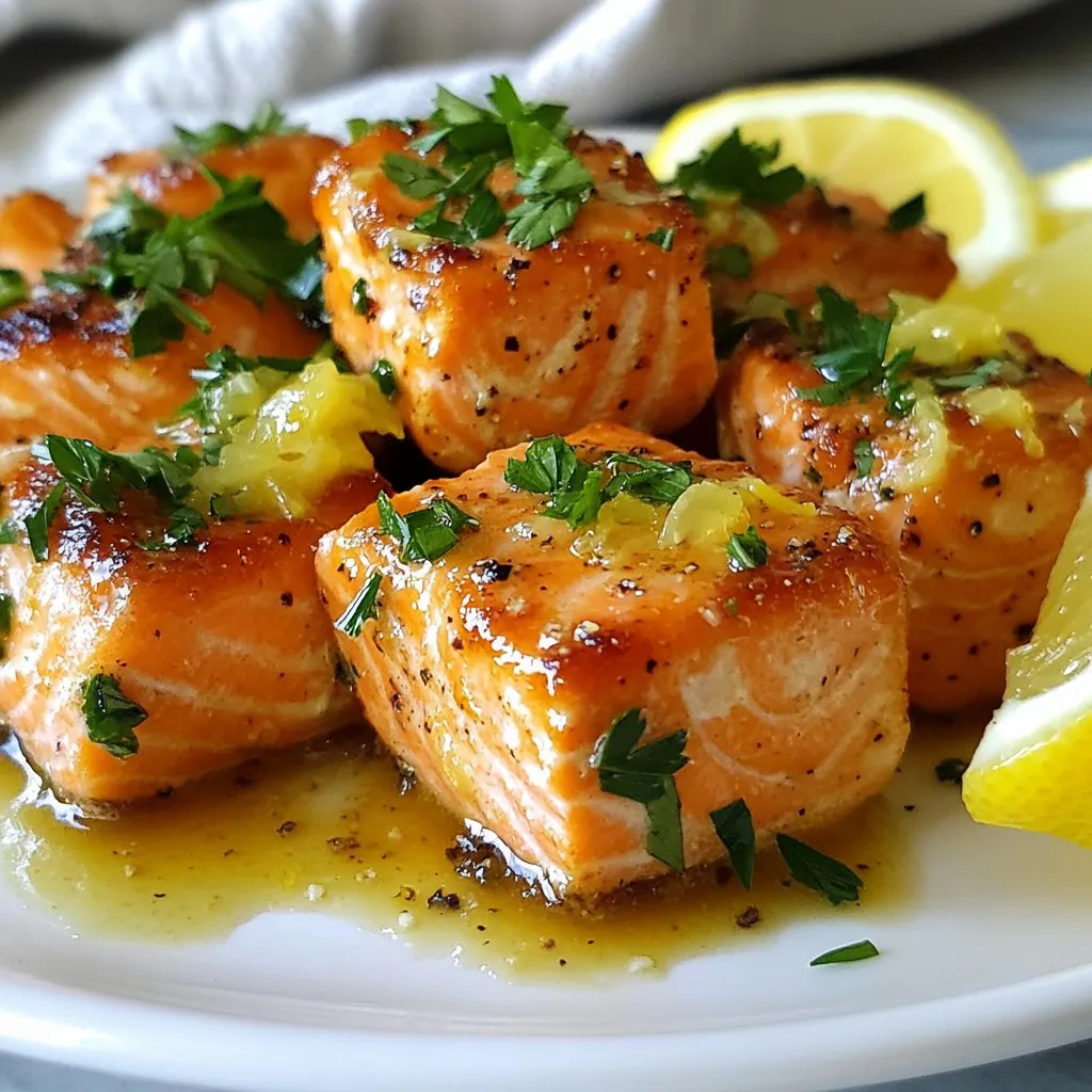 - 1 lb skinless salmon fillet, cut into 1-inch cubes - 3 tablespoons unsalted butter - 4 cloves garlic, finely minced - Juice and zest of 1 large lemon - 1 tablespoon fresh parsley, finely chopped (plus extra for garnish) - Salt and freshly ground black pepper to taste - Lemon wedges for serving The key to making Lemon Garlic Butter Salmon Bites is using fresh ingredients. Salmon is full of healthy fats and protein, making it a great choice. I love using skinless salmon fillets. They cook nicely and are easy to cut into cubes. Butter adds rich flavor. Unsalted butter lets you control the salt. Fresh garlic gives a sweet, aromatic touch. Make sure to mince the garlic finely for even cooking. For brightness, lemon juice and zest are essential. They balance the fat and enhance the dish. Chopped parsley adds a fresh note. It also makes the dish look pretty. For seasoning, I suggest using salt and freshly ground black pepper. These simple seasonings let the salmon shine. Finally, serve with lemon wedges on the side. They add a zing and can brighten up each bite. Enjoy this dish with your favorite sides for a complete meal! {{ingredient_image_2}} First, rinse the salmon cubes under cool running water. This helps remove any residue. Next, gently pat the salmon dry using paper towels. Drying is key for a nice sear. Now, season the salmon cubes with salt and freshly ground black pepper. Make sure to coat all sides well for great flavor. In a large non-stick skillet, melt the unsalted butter over medium heat. Wait until it bubbles, then add the finely minced garlic. Sauté the garlic for about 1-2 minutes. Stir often until it becomes fragrant and lightly golden. Be careful not to burn it, as that can ruin the taste. Next, increase the heat to medium-high. Add the seasoned salmon cubes in a single layer. Make sure they have space to cook. Let them sear undisturbed for about 2-3 minutes. Look for a golden-brown crust on one side. Now, gently flip each salmon bite over using a spatula. Lower the heat back to medium. Squeeze fresh lemon juice over the salmon, then add the lemon zest and chopped parsley. Cook for another 2-3 minutes. The salmon should be opaque and flake easily with a fork. This keeps it moist and tender. Once the salmon bites are done, remove the skillet from heat. Let the bites rest for about a minute. This helps the flavors settle. For a nice finish, garnish with more chopped parsley. Serve right away with fresh lemon wedges on the side. The lemon adds a bright, zesty flavor that pairs perfectly. To make these salmon bites truly shine, start with the right seasoning. Use a good amount of salt and freshly ground black pepper. This helps enhance the salmon's natural flavor. I recommend seasoning the salmon cubes well on all sides before cooking. This small step makes a big difference. For cooking time, aim for 2-3 minutes per side. You want a golden-brown crust. After flipping, cook for another 2-3 minutes. The salmon should be opaque and flake easily. This ensures a moist and tender bite. To take the flavor up a notch, consider adding spices or herbs. A pinch of cayenne can add a nice kick. Fresh dill or thyme could also work well. Experiment with what you like! For sides, I suggest serving these salmon bites with a fresh salad or steamed veggies. Rice or quinoa also pairs nicely. These options balance the rich butter and lemon flavors. Presentation matters, especially for a dish like this. Use a clean white plate to show off the colors. Arrange the salmon bites in a neat line or cluster. For garnishing, sprinkle extra parsley on top. You can also add a lemon wedge on the side. This not only looks good but also gives a fresh burst of flavor. Pro Tips Choose Fresh Salmon: Always opt for fresh salmon for the best flavor and texture. Look for bright, shiny skin and a mild scent. Perfectly Melted Butter: Make sure the butter is completely melted before adding garlic to prevent it from burning and developing a bitter taste. Don’t Overcrowd the Pan: Cook the salmon in batches if necessary to ensure proper searing and to achieve that golden-brown crust. Rest Before Serving: Allow the salmon bites to rest for a minute after cooking. This helps to lock in the juices for a more flavorful bite. {{image_4}} You can change the taste of your lemon garlic butter salmon bites. One way is to make a spicy lemon garlic butter. Add some red pepper flakes or cayenne pepper to the butter and garlic mix. This will give your dish a nice kick. Another option is to use herbs de Provence. This mix has dried herbs like thyme, rosemary, and basil. Just sprinkle some into your butter and garlic before cooking the salmon. It gives a lovely herbal flavor that pairs well with the fish. If you want to switch things up, try using shrimp or chicken bites. For shrimp, cook until they turn pink and opaque. They will take less time than salmon, so watch them closely. You can also try a vegetarian option with tofu. Use firm tofu and cut it into cubes. Marinate it in the lemon garlic butter mix before cooking. This gives the tofu a burst of flavor while keeping it light. You can cook these salmon bites in an air fryer for a quicker option. Set the air fryer to 400°F (200°C). Cook the salmon bites for about 8-10 minutes, turning halfway through. This method makes them crispy and delicious. Grilling is another fantastic way to prepare these bites. Preheat your grill to medium heat. Thread the salmon onto skewers for easy handling. Grill for about 3-4 minutes on each side. This will add a smoky flavor that enhances the dish. To keep your Lemon Garlic Butter Salmon Bites fresh, store them in an airtight container. Make sure the container seals well to prevent air from entering. Place the salmon bites in the fridge within two hours of cooking. They will stay fresh for up to three days. If you notice any off smells or changes in color, it's best to discard them. When it’s time to enjoy leftovers, the best method to reheat salmon bites is using a skillet. Heat a small amount of butter or oil over medium heat. Add the salmon bites and cook for about two to three minutes on each side. This method helps keep the texture nice and flaky. Avoid using the microwave, as it can make the salmon rubbery. If you must use a microwave, heat on low power for short bursts. Freezing is a great way to save leftover salmon bites. Start by letting them cool completely. Then, arrange the bites in a single layer on a baking sheet and freeze them for one to two hours. Once frozen, transfer the bites to a freezer-safe bag or container. They can last up to three months in the freezer. When you're ready to eat, thaw the salmon bites in the fridge overnight. Reheat them using the skillet method for the best results. Yes, you can use frozen salmon. Just remember to thaw it first. The best way to thaw salmon is in the fridge overnight. If you're short on time, you can seal it in a bag and place it under cold water for about an hour. Make sure it’s fully thawed before cooking. This way, the salmon cooks evenly and tastes great. Lemon Garlic Butter Salmon Bites taste great with many sides. Here are a few quick ideas: - Steamed broccoli or asparagus - Garlic mashed potatoes - A fresh green salad with lemon vinaigrette - Quinoa or rice for a filling option These sides add color and flavor to your meal. To check if your salmon is done, look for a few signs: - The salmon should turn opaque and flake easily with a fork. - The center should not be translucent. - You can also use a food thermometer. It should read 145°F (63°C) for safe eating. These tips help ensure your salmon is perfect every time. This blog post covered how to make delicious Lemon Garlic Butter Salmon Bites. We discussed the key ingredients, including salmon, butter, and garlic, and shared step-by-step instructions for perfect preparation. I provided tips for enhancing flavor and offered ideas for presentation. You also learned about different variations, proper storage, and reheating methods. In conclusion, salmon bites are easy to make and full of flavor. Enjoy experimenting with different spices and sides to make this dish your own. Your kitchen will soon smell amazing, and your taste buds will thank you!