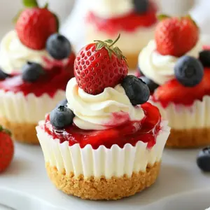 - 1 cup graham cracker crumbs - 16 oz cream cheese, softened to room temperature - 1 cup mixed fresh berries For mini cheesecakes, the main ingredients create a creamy and rich dessert. I love using graham cracker crumbs for the crust. They give a nice sweet crunch. The cream cheese is the star of the show. It makes the filling smooth and rich. I add mixed fresh berries for a pop of flavor and color. Strawberries, blueberries, and raspberries work best. They add freshness and a hint of tartness. - 1/2 cup unsalted butter, melted - 1 tablespoon fresh lemon juice - 1 tablespoon cornstarch The berry swirl adds a fun twist to your mini cheesecakes. I melt unsalted butter to mix with the graham cracker crumbs. This helps the crust hold together. The fresh lemon juice brightens up the berry flavor. It makes the taste more lively. Cornstarch thickens the berry mixture. This creates a lovely swirl that blends with the cream cheese. - Whipped cream - Additional fresh berries for garnish Toppings make your mini cheesecakes look even more inviting. I often serve mine with whipped cream. It adds a light and airy feel. Fresh berries on top not only look pretty, but they also add extra flavor. You can mix and match these toppings for fun and tasty results. {{ingredient_image_2}} 1. Preheat your oven to 325&deg;F (160&deg;C). Line a muffin tin with paper liners. This helps with easy removal later. 2. In a medium bowl, mix 1 cup of graham cracker crumbs and 1/4 cup of sugar. Pour in 1/2 cup of melted butter. Stir until the crumbs look like wet sand. 3. Take about one tablespoon of this mixture and press it down into each muffin cup. Use the back of a spoon to flatten it. Bake for 10 minutes. Let the crust cool completely. 1. In a new bowl, beat 16 oz of softened cream cheese with a mixer. Make it smooth and creamy. 2. Gradually add 1 cup of sugar and 1 teaspoon of pure vanilla extract. Mix until it&rsquo;s all combined. 3. Add 2 large eggs one at a time. Mix on low speed just until each egg is mixed in. Be careful not to overmix; this helps avoid cracks in your cheesecakes. 1. In a small saucepan, combine 1 cup of mixed fresh berries and 1 tablespoon of fresh lemon juice. Cook over medium heat. Stir gently until the berries soften, about 5 minutes. 2. Once the berries bubble, add 1 tablespoon of cornstarch. Stir until the mixture thickens. Remove it from heat and let it cool slightly. 3. Carefully pour the cream cheese mixture over the cooled crusts in the muffin tin. Fill each cup about two-thirds full. 4. Drop spoonfuls of the berry mixture on top of the cream cheese. Use a toothpick to swirl the berry mixture into the cream cheese for a beautiful marbled look. 5. Bake for 18-20 minutes. The centers should be set but still a bit jiggly. Let the cheesecakes cool to room temperature in the tin. Then, move them to the fridge to chill for at least 4 hours or overnight. To keep your mini cheesecakes crack-free, mix at low speed once you add the eggs. Overmixing can bring in too much air. Air makes cracks appear as the cheesecake bakes. After baking, cool the cheesecakes slowly at room temperature. Rapid temperature changes can also cause cracks. For a smooth and creamy texture, use room temperature cream cheese. Cold cream cheese can lead to lumps. Beat it well until smooth before adding other ingredients. Chill your cheesecakes adequately before serving. A good chill helps the texture firm up nicely. Serve your mini cheesecakes with a generous dollop of whipped cream and fresh berries. This adds color and a fresh taste. Use a decorative platter for serving. A beautiful display makes these treats even more inviting for guests. Pro Tips Chill for Best Flavor: Allow the mini cheesecakes to chill overnight in the refrigerator. This not only enhances their flavor but also helps achieve the perfect creamy texture. Mix Berries Wisely: Use a variety of berries to create a colorful and flavorful swirl. Strawberries, blueberries, and raspberries complement each other beautifully. Avoid Overmixing: When combining the eggs with the cream cheese mixture, mix on low speed to prevent incorporating too much air, which can lead to cracks in your cheesecakes. Perfect Portioning: Use a cookie scoop to evenly distribute the cream cheese mixture and berry swirl for consistent sizes, ensuring even baking and presentation. {{image_4}} One great way to mix things up is by creating different flavors of mini cheesecakes. Here are two of my favorites: - Chocolate Mini Cheesecakes: Start with the same crust and cream cheese base. Melt dark chocolate and fold it into the cream cheese mix. This will give you a rich and creamy chocolate flavor that is hard to resist. - Pumpkin Spice Mini Cheesecakes: For a fall twist, add pumpkin puree and pumpkin spice to the cream cheese mixture. This gives you a warm, cozy flavor that is perfect for autumn gatherings. Toppings can make your mini cheesecakes even more delightful. Here are some tasty ideas: - Caramel sauce drizzled on top: A drizzle of warm caramel adds sweetness and a lovely look. It pairs well with both chocolate and plain cheesecakes. - Nut toppings for added crunch: Chopped nuts, like pecans or walnuts, give a nice crunch. They also add a nice contrast to the creamy texture of the cheesecake. You can make these mini cheesecakes gluten-free with some easy swaps: - Use gluten-free graham crackers: Many brands offer gluten-free options. They work just like regular graham crackers in the crust. - Alternative crust options such as almond flour or oats: If you want to get creative, use almond flour or oats for the crust. Both options taste great and ensure everyone can enjoy these treats! To keep your mini cheesecakes fresh, store them in the fridge. Place the cheesecakes in an airtight container. Cover them with a lid or plastic wrap to prevent them from drying out. This keeps their creamy texture and rich flavor intact. You can freeze mini cheesecakes for longer storage. To do this, first, let them cool completely. Then, wrap each cheesecake in plastic wrap tightly. Place the wrapped cheesecakes in a freezer-safe container. To serve, thaw them in the fridge overnight. This helps maintain their texture. Mini cheesecakes last about one week in the fridge. After that, they may start to spoil. Look for signs like a sour smell or a change in texture. If you see any mold, it&rsquo;s best to toss them. Enjoy your cheesecakes while they are fresh for the best taste! Yes, you can make mini cheesecakes ahead of time. They taste even better after chilling. To prepare them in advance, bake and cool the cheesecakes. After cooling, cover them well with plastic wrap or store them in an airtight container. Refrigerate them for up to three days. If you want to store them longer, freeze them. Wrap each cheesecake in plastic wrap, then place them in a freezer-safe bag. They will stay fresh for up to two months. To keep your crust from getting soggy, bake it properly. Make sure to pre-bake the crust for about ten minutes. This helps it set. After baking, let it cool completely before adding the filling. Cooling allows the crust to harden. Also, avoid overfilling your cups with the cream cheese mixture. Leave a little space at the top. This helps the steam escape during baking, keeping the crust crisp. If you don't have muffin liners, you have options. You can use parchment paper cut into circles. Just place the circles in the muffin tin to help with removal. Another choice is to grease the muffin tin well with butter or cooking spray. This method works well too. You can also use silicone muffin cups. They are reusable and help the cheesecakes pop out easily. You learned how to make delicious mini cheesecakes with fresh berries. We covered the key ingredients for the crust and filling, plus tips for a creamy texture. I shared steps to create a perfect berry swirl and options for tasty variations. Storing your mini cheesecakes properly is easy with the right methods. With these techniques, you'll impress everyone at your next gathering. Baking should be fun and rewarding, so enjoy every bite of your tasty treat!