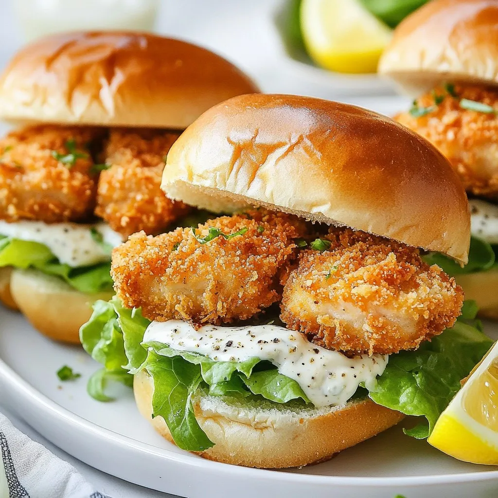 - Chicken breasts - Buttermilk - Panko breadcrumbs - Parmesan cheese - Seasonings (garlic powder, onion powder, salt, pepper) - Sandwich rolls - Romaine lettuce - Caesar dressing - Garnishes (black pepper, lemon wedges) You need the right mix of tasty items to make Crispy Chicken Caesar Sandwiches. Start with chicken breasts. They provide a juicy base. Next, grab buttermilk. Soaking the chicken in buttermilk makes it tender. For crunch, use panko breadcrumbs. They give a nice, crispy texture. Don't forget Parmesan cheese. It adds rich flavor to your breading. You will also need seasonings. Garlic powder and onion powder bring depth. Salt and pepper add warmth. For the sandwich, choose soft sandwich rolls. They hold everything together. Add some romaine lettuce for crunch and freshness. You can use Caesar dressing for that classic taste. Finally, use garnishes like black pepper and lemon wedges. They brighten up each bite. These ingredients come together to make a fantastic lunch. Enjoy mixing and matching flavors! {{ingredient_image_2}} Start by cutting the chicken breasts in half. This makes them thinner and helps them cook faster. Place the chicken fillets in a bowl and add the buttermilk. Make sure the chicken is fully covered. Cover the bowl and refrigerate for at least one hour. You can also marinate it overnight for extra flavor. In a shallow dish, mix the panko breadcrumbs with the grated Parmesan cheese. Add the garlic powder, onion powder, and a pinch of salt and pepper. Stir well to ensure all the seasonings are evenly blended. This mix will give your chicken a nice, crunchy coating. Heat a good amount of oil in a large skillet over medium-high heat. Once the oil is hot, carefully add the breaded chicken fillets. Cook them for about 4-5 minutes on each side until they turn golden brown. Use a meat thermometer to check that the chicken reaches an internal temperature of 165°F. While the chicken cooks, slice the sandwich rolls in half. You can toast them in another skillet or under a broiler if you want. On the bottom half of each roll, spread a tablespoon of Caesar dressing. Place the crispy chicken fillets on top, then add a handful of chopped romaine lettuce. Finish the sandwiches with more Caesar dressing on the lettuce. Sprinkle some freshly cracked black pepper on top. Serve the sandwiches on plates with lemon wedges on the side. The lemon juice adds a nice touch to each bite! Marinating the chicken is key. I suggest soaking the chicken for at least one hour. If you have more time, marinate overnight. This makes the chicken juicy and full of flavor. Pressing the breadcrumbs is very important. When you coat the chicken, press down firmly. This helps the breadcrumbs stick well. A good coat gives you that crispy crunch. Choose a Caesar dressing that you love. A good dressing makes a big difference. You can also try adding spices. A little cayenne pepper or smoked paprika can boost the taste. Consider adding fresh herbs, like parsley or basil. They add a pop of color and flavor. You could also sprinkle some extra Parmesan cheese for richness. Pair your sandwich with crispy fries or a fresh salad. A cold drink, like lemonade, goes great with this meal. For presentation, cut the sandwiches in half. This makes them easier to eat and looks nice on a plate. Add lemon wedges on the side for a zesty touch. Pro Tips Choose the Right Chicken: Opt for organic or free-range chicken breasts for better flavor and texture. Perfectly Crunchy Breading: Double-dip the chicken in buttermilk and breadcrumbs for an extra crispy coating. Let the Chicken Rest: After frying, let the chicken rest for a few minutes to retain its juiciness. Fresh Ingredients Matter: Use fresh romaine and high-quality Caesar dressing for the best flavor in your sandwiches. {{image_4}} You can switch out the chicken for turkey or tofu. Turkey gives a rich taste with fewer calories. It cooks well and stays juicy. Tofu is great if you want a plant-based option. Just press it to remove extra water, then marinate like chicken. Both options keep the sandwich tasty and fun. Adding avocado or bacon can change the game. Avocado makes it creamy and smooth. Try slicing it thin and layering it on top of the chicken. Bacon adds a crispy, salty crunch. Cook it until it’s nice and crispy. You can also experiment with dressings. Instead of Caesar, try ranch or a spicy aioli for a new twist. You can make this sandwich into a wrap or a salad. For a wrap, use a large tortilla. Spread the dressing, add chicken and veggies, then roll it up. It’s easy to grab and eat on the go! For a salad, chop the chicken and mix it with romaine, dressing, and toppings. This way, you enjoy the same great flavors while keeping it light. To keep your Crispy Chicken Caesar Sandwiches fresh, store them properly. Wrap each sandwich in plastic wrap or foil. You can also use an airtight container. Place them in the fridge. They will stay good for about 2 to 3 days. Make sure to separate the chicken from the lettuce and sauce. This prevents soggy bread. When reheating breaded chicken, keep it crispy. Use an oven for the best results. Preheat the oven to 375°F (190°C). Place the chicken on a baking sheet. Heat for about 10 to 15 minutes. This keeps the crust crunchy. You can also use a toaster oven. Avoid the microwave, as it makes the chicken soggy. Freezing is great for meal prep. You can freeze the chicken before cooking. Place the breaded chicken in a freezer bag. Remove as much air as possible. It can last up to 3 months. You can also freeze the cooked chicken. Just let it cool first. For best results, freeze the chicken and rolls separately. Assemble the sandwiches after thawing. You can marinate chicken in buttermilk for 1 hour to overnight. The longer, the better! It makes the chicken juicy and tender. If you're short on time, even an hour will help. Yes, you can prepare many parts ahead. Marinate the chicken the night before. You can also bread the chicken and store it in the fridge. Just cook it fresh when ready to serve. If you need a substitute for Caesar dressing, try ranch or blue cheese. You can also mix yogurt with garlic and lemon juice for a fresh taste. Each option gives a nice twist to the sandwich. Absolutely! Baking is a great option for a healthier choice. Preheat your oven to 425°F (220°C). Place the breaded chicken on a baking sheet and bake for about 20 minutes or until golden brown. Some tasty sides include crispy fries or a fresh green salad. You can also serve coleslaw for a crunchy contrast. Pair with chips for a fun twist. Enjoy your meal! In this blog post, I shared how to make a Crispy Chicken Caesar Sandwich. We covered essential ingredients, marination, and cooking methods. I also provided tips for flavor and presentation. Remember, you can customize your sandwich with different proteins and toppings. Proper storage and reheating will keep your meal tasty. Enjoy trying these recipes and making them your own!