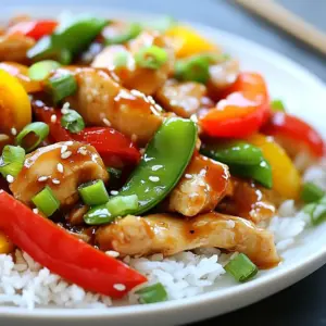 - 2 boneless, skinless chicken breasts, sliced thinly - 2 cups mixed bell peppers (red, yellow, and green), sliced into strips - 1 cup snap peas, trimmed of ends - 3 green onions, chopped into small pieces - 3 cloves garlic, minced finely - 1 inch fresh ginger, grated These main ingredients create a colorful and vibrant dish. The chicken adds protein, while bell peppers and snap peas provide crunch and color. Garlic and ginger enhance flavor, making your stir-fry aromatic and tasty. - 3 tablespoons soy sauce - 2 tablespoons honey - 1 tablespoon sesame oil - 1 tablespoon cornstarch mixed with 2 tablespoons water (slurry) - Salt and black pepper to taste The sauce brings everything together. Soy sauce gives a salty kick, and honey adds sweetness. Sesame oil adds a nutty flavor, while the cornstarch thickens the sauce for a perfect coating. - Cooked jasmine rice or quinoa, for serving - Garnish with additional sliced green onions - Sprinkle with sesame seeds for a finishing touch Serving your stir-fry over jasmine rice or quinoa makes it filling. The fresh green onions and sesame seeds add a nice look and extra flavor. Enjoy your meal hot for the best taste! {{ingredient_image_2}} To start, take 2 thinly sliced chicken breasts. In a medium bowl, mix the chicken with 1 tablespoon of soy sauce, a pinch of salt, and some black pepper. This simple mix adds flavor. Let the chicken marinate for about 10 minutes. This short time boosts the taste. Next, grab a large skillet or wok. Heat up 1 tablespoon of sesame oil over medium-high heat. You want the oil to shimmer but not smoke. Choosing sesame oil gives a nice nutty flavor to the dish. Now, add the marinated chicken to the hot skillet. Stir-fry it for 5 to 7 minutes. You want the chicken to turn golden brown and be fully cooked. Once done, take the chicken out and place it on a plate. In the same skillet, add 3 minced garlic cloves and 1 inch of grated ginger. Stir these for about 30 seconds. You should smell the lovely aroma. Be careful not to burn them, as burning will change the taste. Next, toss in 2 cups of mixed bell peppers and 1 cup of snap peas. Stir-fry these veggies for about 3 to 4 minutes. This keeps them tender yet crisp. You want them to be bright and colorful. Return the cooked chicken back into the skillet. Pour in the remaining 2 tablespoons of soy sauce and 2 tablespoons of honey. Stir everything well. To thicken the sauce, mix 1 tablespoon of cornstarch with 2 tablespoons of water. Add this to the skillet and stir for 1 to 2 minutes. Finally, stir in 3 chopped green onions and cook for another minute. This adds a fresh flavor. Serve your vibrant stir-fry hot over jasmine rice or quinoa. For a lovely touch, garnish with extra green onions or sesame seeds. Enjoy your meal! For the best stir-fry, use high heat. Aim for medium-high to get that perfect sizzle. This helps the chicken and veggies cook fast without getting soggy. Prep all your ingredients before cooking. Chop your chicken and veggies ahead of time. This makes it easy to toss them in the pan quickly. To make your dish even tastier, try adding spices like red pepper flakes or black sesame seeds. These can give your stir-fry a kick. If you like it sweeter, just add more honey or a dash of sugar. Taste as you go to get it just right. Prep your ingredients the night before. Cut your chicken and veggies and store them in the fridge. This way, you can whip up dinner in no time. You can also use pre-cooked rice or quinoa. Just heat it up while you cook the stir-fry, and you&rsquo;re set! Pro Tips Marinate for Maximum Flavor: Allow the chicken to marinate for at least 30 minutes if possible. This will enhance the flavor and tenderness of the meat. Use High Heat: Stir-frying works best at high temperatures, so make sure your skillet or wok is hot before adding the ingredients to achieve that perfect sear. Prep Vegetables in Advance: To make the cooking process quicker, slice your vegetables ahead of time. This will ensure that everything cooks evenly and efficiently. Customize Your Veggies: Feel free to add your favorite vegetables such as broccoli, carrots, or mushrooms to the stir-fry for added nutrition and flavor! {{image_4}} You can add many different vegetables to your stir-fry. Some great choices include: - Broccoli florets - Carrots, sliced thin - Zucchini, cut into half-moons - Mushrooms, sliced These veggies add color and flavor. You can also try seasonal vegetables. In the spring, use asparagus. In the fall, add squash. These choices keep your stir-fry fresh and exciting. If you want to change the protein, there are many options. You can use: - Thinly sliced beef or pork - Shrimp, peeled and deveined - Tofu, cubed For a vegan or vegetarian dish, tofu is a great choice. You can also use tempeh or seitan for added protein. Each option brings a different taste and texture. Sauce is key to a good stir-fry. You can experiment with different sauces. Try teriyaki sauce or hoisin sauce for a sweet twist. You can also use oyster sauce for a rich, savory flavor. If you love heat, add chili paste. It gives a nice kick to your meal. Adjust the amount based on your spice level. These sauce changes let you create new flavors every time. To keep your quick chicken stir-fry fresh, store it in an airtight container. Make sure it cools to room temperature first. Place it in the fridge where it can last for 3 to 4 days. If you want to enjoy it later, be sure to check for any signs of spoilage before eating. When it's time to reheat your leftovers, avoid using the microwave if possible. Instead, use a skillet on low heat. This helps keep the flavors intact. Stir gently to warm it evenly. If you must use the microwave, cover it with a damp paper towel to help retain moisture and avoid sogginess. To freeze your stir-fry, first, let it cool completely. Then, portion it into freezer-safe bags or containers. Remember to remove as much air as possible. The stir-fry can stay fresh in the freezer for up to 3 months. When ready to eat, thaw it in the fridge overnight before reheating. It takes about 30 minutes to cook a chicken stir-fry. Here&rsquo;s the breakdown: - Preparation time: 15 minutes for marinating and chopping. - Cooking time: 15 minutes to stir-fry the chicken and veggies. Yes, you can use other sauces. Here are some good alternatives: - Coconut aminos: A soy-free option with a mild flavor. - Teriyaki sauce: Adds sweetness and depth. - Oyster sauce: Offers a rich umami taste. Cut the chicken against the grain. This keeps it tender. Here&rsquo;s how: - Use a sharp knife for clean cuts. - Slice chicken into thin strips, about 1/4 inch thick. - Keep the slices uniform for even cooking. Yes, stir-fry is a healthy meal choice. Here&rsquo;s why: - Lean protein: Chicken breast is low in fat. - Colorful veggies: Bell peppers and snap peas add vitamins. - Quick cooking: Preserves nutrients, making it a wholesome option. This chicken stir-fry recipe is easy and tasty. You learned how to marinate chicken, saut&eacute; veggies, and mix a simple sauce. I shared tips to enhance flavor and save time. You can change up ingredients based on your taste and season. Storing and reheating leftovers is simple with the right methods. Enjoy trying this dish tonight! It&rsquo;s a fun way to cook. You&rsquo;ll impress your family or friends with these skills. Dive into this meal and make it your own!