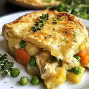 - 2 cups cooked chicken, shredded - 1 cup carrots, diced - 1 cup green peas, frozen - 1 cup potatoes, boiled and diced - 1/2 cup onion, finely chopped - 1/3 cup all-purpose flour - 2 cups low-sodium chicken broth - 1 cup whole milk - 2 tablespoons unsalted butter - 1 teaspoon dried thyme - 1 teaspoon garlic powder - Salt and black pepper to taste - 1 pre-made or homemade pie crust - 1 egg for egg wash Classic chicken pot pie is all about comfort. Each ingredient plays a role in making this dish warm and inviting. The main ingredients form the base. Cooked chicken brings protein and flavor. Diced carrots add a sweet crunch. Frozen peas add color and texture. Next, add potatoes for heartiness. Boiled and diced, they give a nice bite. Onions add depth to the flavor. Finely chopped, they blend well. The flour thickens the filling. It makes the sauce creamy and rich. The liquid ingredients are key. Low-sodium chicken broth offers a savory base. Whole milk adds creaminess, while butter enhances the flavor. For seasonings, thyme and garlic powder work wonders. They boost the taste and aroma. Salt and black pepper balance the flavors. The crust holds it all together. You can use a store-bought crust for ease or make your own for fun. An egg wash gives the crust a lovely golden color. Gather these ingredients, and you&rsquo;re ready to create a dish that warms the heart and soul. {{ingredient_image_2}} - Preheat the oven to 425&deg;F (220&deg;C). - In a large skillet, melt the butter over medium heat. - Add the chopped onions and saut&eacute; until tender, about 2-3 minutes. - Toss in the diced carrots and cook for another 3-4 minutes. - Sprinkle the flour over the veggies and stir well. - Cook this for 1-2 minutes to lightly toast the flour. - Gradually pour in the chicken broth and milk. - Whisk continuously to avoid lumps. - Bring the mixture to a gentle simmer. - Cook until it thickens to a creamy sauce, about 5 minutes. - Remove from heat and fold in the chicken, potatoes, peas, and seasonings. - Roll out your pie crust and fit it into a pie plate. - Pour the filling evenly into the crust. - Place another pie crust on top and seal the edges. - Cut small slits on the top for steam to escape. - Brush the top crust with the beaten egg for color. - Bake in the preheated oven for 25-30 minutes. - Look for a golden brown, flaky crust. - Let it cool for a few minutes before slicing. - How to ensure a flaky crust: For a flaky crust, keep your ingredients cold. Use cold butter and ice water when making the dough. If you're using a store-bought crust, let it chill before rolling. This helps the crust stay light and crispy. - Checking for doneness of the filling: To check if the filling is done, look for a creamy, thick texture. It should bubble slightly at the edges. Use a spoon to stir; it should coat the back of the spoon. If it seems too thin, let it simmer a bit longer. - Best sides to serve with pot pie: Pair your pot pie with a crisp side salad for freshness. A light vinaigrette works well. You can also serve it with steamed green beans or a side of mashed potatoes for added comfort. - Garnishing ideas for presentation: For a beautiful finish, sprinkle freshly chopped parsley on top of the pie just before serving. You can also add some cracked black pepper or a dusting of paprika to enhance the look. - Preventing a soggy bottom crust: To avoid a soggy crust, pre-bake the bottom crust for about 5 to 10 minutes before adding the filling. This helps set it and keeps it crisp. - Ensuring filling doesn&rsquo;t overflow: To prevent overflow, do not overfill the pie. Leave about half an inch from the top of the crust. Also, make sure to cut slits in the top crust for steam to escape. This keeps the filling from bubbling over. Pro Tips Use Rotisserie Chicken: For a quicker prep time, use store-bought rotisserie chicken. It adds flavor and cuts cooking time significantly. Mix Vegetables: Feel free to mix in other vegetables such as corn or green beans for added texture and flavor. Let it Rest: Allow the pot pie to cool for about 10 minutes after baking. This helps the filling set, making it easier to slice. Experiment with Spices: Customize your pot pie by adding spices like paprika or cayenne pepper for a bit of heat and extra depth of flavor. {{image_4}} You can switch up the protein in your pot pie. Try using turkey for a holiday twist. Beef is hearty and adds a rich flavor. If you want a vegetarian option, use mushrooms and lentils. They create a satisfying filling. Seasonal vegetables can enhance your dish. Use butternut squash in fall or asparagus in spring. These veggies add color and nutrition. You can also mix in spinach or kale for extra greens. Feel free to experiment with your favorites! When it comes to the crust, you can choose between homemade and store-bought. A homemade crust is flaky and warm. It takes a bit more time but adds a personal touch. Store-bought crusts are quick and simple, perfect for busy days. If you need a gluten-free option, look for gluten-free pie crusts. Many brands offer tasty alternatives. You can also make your own using almond or oat flour. It&rsquo;s a great way to enjoy pot pie without gluten. To make your pot pie special, think about adding herbs and spices. Fresh thyme or rosemary can elevate the flavor. You might even try smoked paprika for a hint of smokiness. Small changes can make a big difference! Incorporating cheese into the filling adds creaminess. Cheddar cheese melts beautifully and brings a rich taste. You can also use Gruy&egrave;re for a nutty flavor. Mixing in a little cheese changes the dish and makes it even more comforting. To keep your leftover pot pie fresh, first let it cool down. Then, cover it tightly with plastic wrap or foil. This helps keep moisture in and odors out. Store it in the fridge for short-term use. For best results, eat it within three days. If you want to store it for longer, freezing is a great option. First, let the pot pie cool completely. Wrap it well with plastic wrap. Then, place it in a freezer-safe bag or container. Make sure to label it with the date. This way, you will know how long it has been in there. When you're ready to eat, thaw the pot pie in the fridge overnight. Reheat it in the oven at 350&deg;F (175&deg;C) for about 20-30 minutes. This helps it warm evenly and keeps the crust nice and crispy. In the refrigerator, your pot pie lasts about three days. After that, the taste and quality start to fade. If you freeze it, it can last up to three months. Just remember that freezing may affect the texture slightly. To maintain flavor after freezing, avoid opening the container often. Each time you open it, air gets in, which can dry it out. When reheating, cover it to keep moisture in. This will help your pot pie taste fresh and yummy, just like when it was first baked. Classic Chicken Pot Pie is a mix of simple ingredients. Here&rsquo;s what you need: - 2 cups cooked chicken, shredded: This is the main protein. - 1 cup carrots, diced: They add sweetness and color. - 1 cup green peas, frozen: They give a nice burst of flavor. - 1 cup potatoes, boiled and diced: These make the filling hearty. - 1/2 cup onion, finely chopped: It gives a savory base. - 1/3 cup all-purpose flour: This thickens the sauce. - 2 cups low-sodium chicken broth: It adds moisture and flavor. - 1 cup whole milk: This makes the filling creamy. - 2 tablespoons unsalted butter: It helps with saut&eacute;ing the veggies. - 1 teaspoon dried thyme: This herb adds depth. - 1 teaspoon garlic powder: It enhances the taste. - Salt and black pepper to taste: These bring out all the flavors. - 1 pre-made pie crust: This saves time but homemade is great too. - 1 egg, beaten: This gives the crust a golden finish. Each ingredient plays a key role to create a tasty and comforting meal. You can use frozen chicken if you prepare it right. If you have pre-cooked frozen chicken, just thaw it and shred it. This saves time and makes the dish quick. If using raw chicken, cook it first. Boil or roast it, then shred. This ensures your filling is safe and delicious. To keep your chicken pot pie from being watery, follow these tips: - Use enough flour: When you saut&eacute; the veggies, add flour to thicken. - Cook the filling well: Let it simmer until thick before adding to the crust. - Don't overfill: Leave some space in the crust. This helps steam escape. - Use a good crust: A flaky crust can help soak up excess moisture. These steps will help you achieve a perfect consistency without excess liquid. Yes, you can make chicken pot pie ahead of time! Here&rsquo;s how: - Prepare the filling: Make it and let it cool completely. - Store in the fridge: Keep it in an airtight container for up to 2 days. - Assemble later: Roll out the crust and add the filling when ready. - Freeze for longer storage: If you want to freeze it, wrap it tightly. It lasts up to 3 months. By prepping in advance, you can enjoy this comfort food at your convenience! In this article, we explored the classic chicken pot pie. We discussed the main ingredients, like chicken, carrots, and peas, along with tips for a perfect flaky crust. Step-by-step, I shared how to prepare and bake a delicious pie. Remember to get creative with variations to suit your taste. Whether you stick to tradition or try something new, this dish warms the heart. Enjoy your cooking, and savor the comfort of homemade chicken pot pie. It&rsquo;s worth every bite.