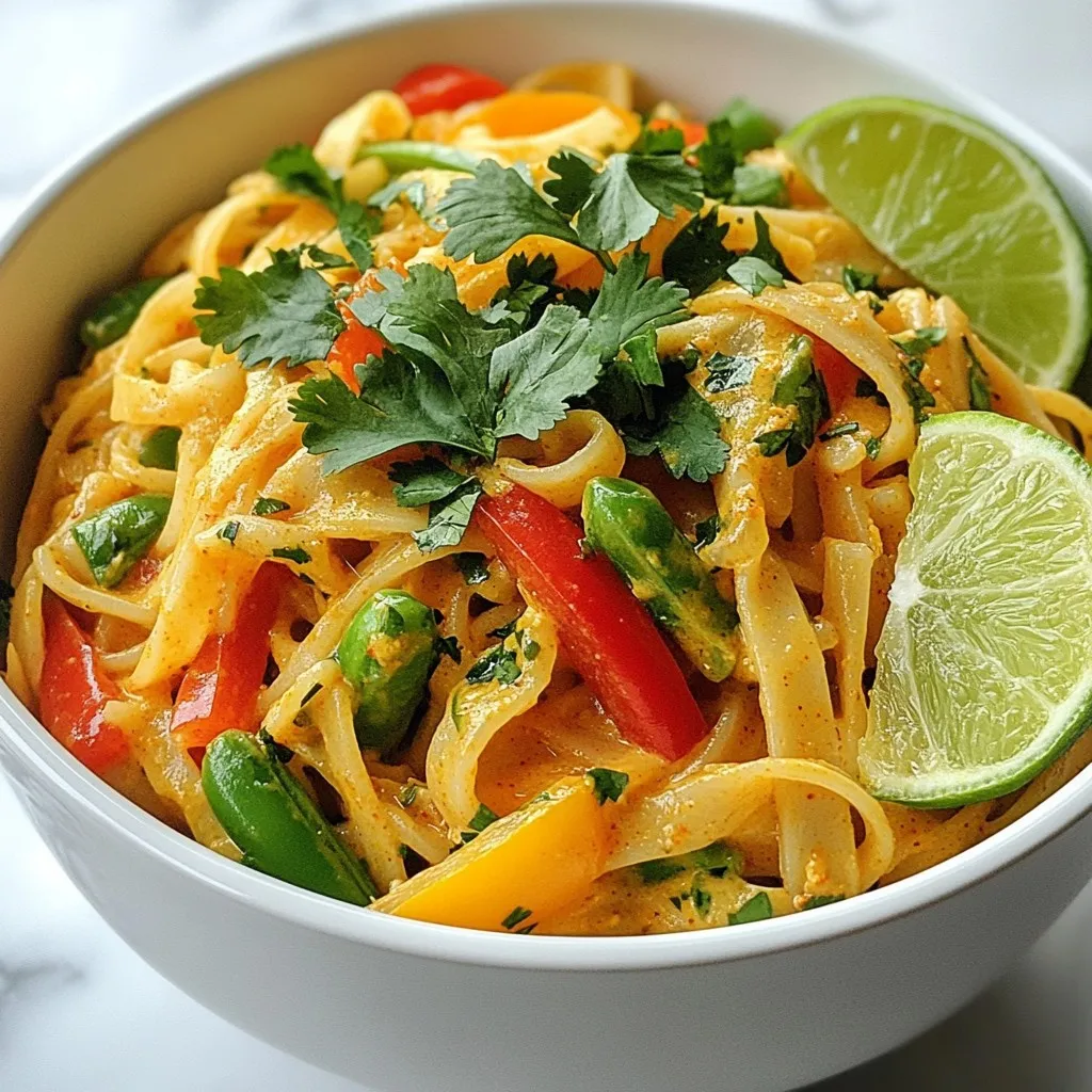 To make Thai Coconut Curry Noodles, you will need these fresh and simple ingredients: - 200g rice noodles - 1 can (400ml) coconut milk - 2 tablespoons red curry paste - 1 tablespoon vegetable oil - 1 medium onion, thinly sliced - 3 cloves garlic, minced - 1 tablespoon fresh ginger, grated - 1 bell pepper, julienned - 1 carrot, julienned - 150g snap peas, trimmed - 2 tablespoons soy sauce - 1 tablespoon fresh lime juice - Fresh cilantro leaves for garnish - Lime wedges for serving - Salt and freshly cracked pepper to taste Each ingredient plays a key role in building the dish's rich flavors. The rice noodles provide a soft base. Coconut milk gives a creamy texture. Red curry paste adds heat and depth. Fresh veggies like bell peppers and snap peas bring color and crunch. Make sure to prepare everything before you start cooking. This way, you manage your time well and keep the process easy. Enjoy the journey of making this tasty dish! {{ingredient_image_2}} 1. Bringing water to a boil: Start by putting a large pot of water on your stove. Turn the heat to high and wait for it to boil. This step is crucial for cooking your noodles just right. 2. Cooking noodles to al dente: When the water is boiling, add the rice noodles. Cook them according to the package instructions. You want them tender but still firm, which is called al dente. 3. Draining and tossing with oil: Once the noodles are cooked, drain them in a colander. Toss them in a little oil to keep them from sticking together. Set them aside while you prepare the sauce. 1. Heating oil in pan: In a large skillet or wok, add vegetable oil and heat it over medium heat. This oil will help flavor your dish. 2. Cooking onion until translucent: Add the thinly sliced onion to the pan. Stir it for 3-4 minutes until it turns soft and clear. This step builds a great base for your flavors. 1. Incorporating garlic and ginger: Now, add the minced garlic and grated ginger to the pan. Cook them for 1-2 minutes. Stir often so they don't burn. Their smell will fill your kitchen! 2. Mixing in curry paste: Next, stir in the red curry paste. Mix it well with the onions, garlic, and ginger. Let it cook for about a minute. This helps the spices get nice and fragrant. 3. Adding julienned vegetables: Toss in the julienned bell pepper, carrot, and snap peas. Stir-fry everything for 2-3 minutes. You want the veggies to stay bright and slightly crisp. 4. Mixing in coconut milk and simmering: Pour the coconut milk into the skillet. Stir it all together and bring it to a gentle simmer. Let it cook for about 5 minutes. This lets all the flavors blend beautifully. 1. Combining noodles with sauce: Carefully add the cooked noodles to the skillet. Then, pour in the soy sauce and fresh lime juice. Gently stir until the noodles are coated in that tasty curry sauce. 2. Adjusting seasoning: Taste your dish and add salt and freshly cracked pepper. Adjust to your liking for the perfect balance of flavors. 3. Serving and garnishing: Remove the pan from heat. Dish out the noodles into bowls. Garnish with fresh cilantro leaves and serve with lime wedges. The lime adds a refreshing zing that makes this dish shine! To get the best texture for your noodles, cook them until they are just tender. This is called al dente. Follow the package instructions for timing. Keep an eye on them, as they can cook quickly. Once done, drain them right away. Toss the noodles with a little oil to keep them from sticking. When using coconut milk, shake the can well before opening. This helps mix the cream and liquid. Pour it into your pan gently to avoid splattering. Stir it in slowly for a smooth blend with your spices and vegetables. Adding the right spices can really boost the flavor of your dish. Besides red curry paste, you can add a bit of cumin or coriander for extra warmth. A dash of turmeric can add a nice color and flavor too. For vegetables, choose ones that add crunch and color. Bell peppers and snap peas work great. You can also try zucchini or broccoli for more variety. They hold up well in the curry and add nutrients. To make your dish look appealing, serve the noodles in deep bowls. Twisting the noodles into a nest shape adds height. Top them with colorful veggies for a vibrant look. Garnishing is key for appeal. Use fresh cilantro leaves for a pop of green. Add lime wedges on the side. A squeeze of lime right before eating brightens all the flavors. Enjoy your beautiful and tasty creation! Pro Tips Perfect Noodle Texture: Ensure the rice noodles are cooked al dente; they will continue to cook slightly when combined with the hot curry sauce. Custom Spice Level: Adjust the amount of red curry paste based on your spice preference; start with less and add more if you like it spicier. Vegetable Variations: Feel free to swap in your favorite vegetables like zucchini or broccoli for a unique twist on the dish. Garnish for Freshness: Always use fresh cilantro and lime wedges for garnish to enhance the flavor and presentation of your dish. {{image_4}} You can switch up your vegetables in Thai Coconut Curry Noodles easily. Here are some ideas: - Broccoli florets - Zucchini slices - Baby corn - Spinach or kale These swaps keep the dish fresh and colorful. You can also try different noodles. Instead of rice noodles, you can use: - Udon noodles for a chewy texture - Soba noodles for a nutty flavor Experimenting with these options adds fun to your cooking. If you want to make this dish vegan, just replace the soy sauce with tamari. This keeps the flavor rich without animal products. To make it gluten-free, choose gluten-free noodles and check the soy sauce label. Also, you can use coconut aminos instead of soy sauce. This will give you a sweet and savory taste. Thai cuisine varies by region. In the north, you'll find a milder curry. They might use different herbs like mint or lemongrass. In the south, the dishes are spicier. They often add shrimp or fish sauce for a deeper flavor. You can also see influences from neighboring countries. For example, Malaysia has similar curries but might include more coconut or turmeric. These variations make the dish exciting and show the rich history of Thai cooking. For storing leftovers, use airtight containers. Glass or plastic containers work well. This dish lasts up to three days in the fridge. Make sure it cools down before sealing it up. The best way to reheat is on the stove. Use low heat and add a splash of water. This keeps the noodles moist. Avoid the microwave, as it can make the noodles soggy. Stir often to heat evenly. Yes, you can freeze this dish! To freeze effectively, let it cool completely first. Then, place it in freezer-safe bags or containers. Remove as much air as possible to prevent freezer burn. It can last up to three months in the freezer. When ready to eat, thaw it in the fridge overnight and reheat on the stove. The best type of noodle for Thai curry is rice noodles. They soak up the curry flavors well. They also have a nice chewy texture. You can find them in various widths. Thin rice vermicelli works great too! Yes, you can make Thai Coconut Curry Noodles ahead of time. Cook the noodles and sauce separately. Store them in airtight containers. When you're ready to eat, mix them together and heat. This keeps the noodles from getting mushy. To adjust the spice level, add less red curry paste. You can start with one tablespoon. Taste and add more if needed. For a milder option, use coconut milk with added creaminess. You can also add sugar to balance the heat. Yes, if you don&rsquo;t have coconut milk, you can use almond milk. It won't have the same rich flavor, but it works. Another option is using cashew cream. Blend soaked cashews with water for a creamy texture. To thicken the curry sauce, you can add cornstarch. Mix one tablespoon of cornstarch with water. Stir this mixture into the sauce while it simmers. Another option is to let it cook longer, allowing it to reduce. You can serve Thai Coconut Curry Noodles with lime wedges. They add a nice zing! Fresh cilantro also makes a great garnish. Pairing it with a light salad or spring rolls is a delicious option too. This blog post covered the key ingredients for Thai Coconut Curry Noodles and the steps to make them. We explored tips to perfect texture and flavor, how to customize the dish, and storage methods. Remember, cooking is about creativity and joy. With these simple steps, you can create a dish that bursts with flavor. Enjoy experimenting with new ingredients and make this recipe your own. Dive into your kitchen and have fun making this hearty meal!