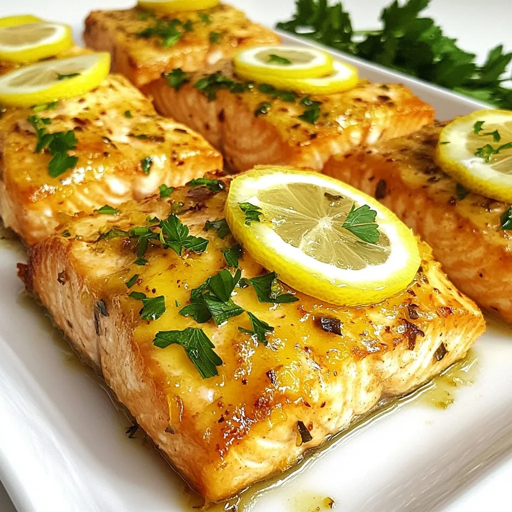 - 4 salmon fillets (about 6 ounces each) - 4 tablespoons unsalted butter - 4 cloves garlic, finely minced - Zest of 1 lemon - Juice of 1 lemon - 2 tablespoons fresh parsley, finely chopped - Salt and freshly ground black pepper, to taste - Thin lemon slices The main ingredients for this recipe are simple yet flavorful. Salmon fillets give a rich taste and healthy fats. Unsalted butter adds creaminess. Fresh garlic gives a nice kick. For flavor enhancers, lemon zest and juice bring a bright, zesty note. Fresh parsley adds a pop of color and freshness. Salt and pepper help to balance the flavors. If you want, you can add thin lemon slices as a garnish. They look great and add more lemony flavor. This mix of ingredients makes the dish both tasty and easy to prepare. {{ingredient_image_2}} 1. Preheat the oven to 400&deg;F (200&deg;C). This temperature helps cook the salmon perfectly. 2. Line a baking sheet with parchment paper. This makes cleanup easy and keeps the fish from sticking. 1. In a small saucepan, melt 4 tablespoons of unsalted butter over medium heat. This takes just a few minutes. 2. Once melted, add 4 cloves of finely minced garlic. Saut&eacute; for 1-2 minutes. The garlic should smell good but not brown. 1. Place the 4 salmon fillets on the lined baking sheet, skin side down. This helps them cook evenly. 2. Brush the garlic butter mixture over the salmon. Make sure to cover each fillet well for the best flavor. 3. Bake the salmon in the oven for 12-15 minutes. It&rsquo;s done when it flakes easily with a fork. 4. Remove the salmon from the oven. Sprinkle fresh parsley on top for color. 5. Serve right away, adding thin lemon slices for a bright touch. Enjoy your zesty meal! How do you achieve perfect salmon flakiness? To get that perfect flakiness, cook the salmon until it just flakes apart. The best way to check is to use a fork. Insert it gently into the thickest part of the fillet. If it breaks apart easily, it's done. Baking at 400&deg;F helps reach this goal quickly. How do you avoid overcooking? Keep an eye on the time. Salmon typically needs 12-15 minutes in the oven. Every oven is different, so check a minute early. Salmon is best when it's moist and tender. If it looks dry, you may have cooked it too long. What additional herbs and spices can you use? You can add fresh dill or thyme for extra flavor. Both herbs pair well with salmon. A pinch of red pepper flakes can add a nice kick. Feel free to experiment to find your favorite flavor combo. How do you adjust lemon intensity? If you love lemon, add more zest or juice. You can also try using lemon pepper seasoning. For a milder taste, reduce the lemon juice. Always taste your butter mix before using it on the salmon. What are some good plating suggestions? Place the salmon on a white plate for a beautiful contrast. Serve it with steamed veggies like asparagus or broccoli. This adds color and nutrition to your meal. What garnishing ideas can you try? Thin lemon slices look lovely on top of the salmon. Fresh parsley adds a nice green touch. You could also sprinkle some additional herbs around the plate for a pop of color. Pro Tips Use Fresh Ingredients: Opt for fresh salmon and garlic for the best flavor. Fresh ingredients elevate the dish and make it more vibrant. Perfectly Flaked Salmon: Check for doneness by gently flaking the salmon with a fork. It should separate easily and appear opaque in the center. Customize the Garlic Butter: Feel free to add herbs like dill or thyme to the garlic butter for an extra layer of flavor. Rest Before Serving: Let the salmon sit for a couple of minutes after baking. This allows the juices to redistribute, resulting in a juicier fillet. {{image_4}} You can switch up the fish to match your taste. Here are some ideas: - Using different fish varieties: Try trout or halibut. These fish have a similar texture and absorb flavors well. If you want a leaner option, choose cod or tilapia. - Dairy-free butter options: If you need a dairy-free version, use coconut oil or a plant-based butter. These options still give a rich flavor without the dairy. You can explore new tastes by changing the flavors. Here&rsquo;s how: - Asian-inspired garlic butter: Add soy sauce and ginger to the butter. This twist gives your salmon a savory Asian flair. You can also add sesame oil for richness. - Mediterranean additions: Mix in some olives or sun-dried tomatoes with the garlic butter. This will give the dish a fresh, bright flavor. Try adding oregano or thyme for an herby boost. You can cook salmon using different methods to change the texture and flavor. Here are two popular ways: - Grilling vs. baking: Grilling gives a smoky flavor and crispy skin. Brush the salmon with garlic butter and grill for about 6-8 minutes per side. Baking is easier and keeps the fish moist. Stick to the oven method if you prefer simple cooking. - Pan-searing instructions: For a crispy outside, heat a skillet over medium-high heat. Add a little oil, then place the salmon skin-side down. Cook for about 5-6 minutes, then flip and cook for another 3-4 minutes. This method gives you a nice crust while keeping the inside tender. To store leftovers, place the salmon in an airtight container. Make sure the container is sealed well. This keeps the salmon fresh and flavorful. You can store it in the fridge for up to three days. For best taste, eat it sooner rather than later. You can freeze cooked salmon if you want to save it for later. Wrap each salmon fillet tightly in plastic wrap. Then, place the wrapped fillets in a freezer bag. Label the bag with the date. You can freeze salmon for up to three months. When you are ready to eat, thaw the salmon overnight in the fridge. This helps keep its texture nice. When reheating, avoid drying out the salmon. The best way is to use the oven. Preheat it to 275&deg;F (135&deg;C). Place the salmon in a baking dish, cover it with foil, and heat for about 15 minutes. You can also use a microwave, but be careful. Heat in short bursts of 30 seconds. Check often to prevent overcooking. Enjoy your lemon garlic butter salmon just like it was fresh! Bake salmon for 12-15 minutes at 400&deg;F (200&deg;C). The fish should easily flake with a fork when done. Thicker fillets may take longer, so check them closely. Always aim for an internal temperature of 145&deg;F (63&deg;C) for safe eating. This method ensures juicy salmon with a slight crisp on top. Yes, you can use other fish. Good alternatives include trout, sea bass, or cod. These fish have similar textures and flavors. They also pair well with the lemon garlic butter. Just adjust the baking time based on the thickness of the fillets. Make sure to monitor closely to avoid overcooking. Great sides include steamed vegetables, rice, or a fresh salad. You might enjoy asparagus, broccoli, or green beans for color and nutrition. For a heartier meal, serve with quinoa or couscous. You can also add garlic bread for a fun twist. Each side enhances the salmon's bright flavors and creates a balanced plate. In this post, you learned how to prepare delicious lemon garlic butter salmon. We covered key ingredients, step-by-step cooking instructions, and helpful tips. You now know how to enhance flavor and present your dish beautifully. Remember, you can swap ingredients for variety or adjust cooking methods to suit your tastes. With proper storage and reheating, your leftovers can remain tasty. Enjoy making this dish and impressing everyone at your table!
