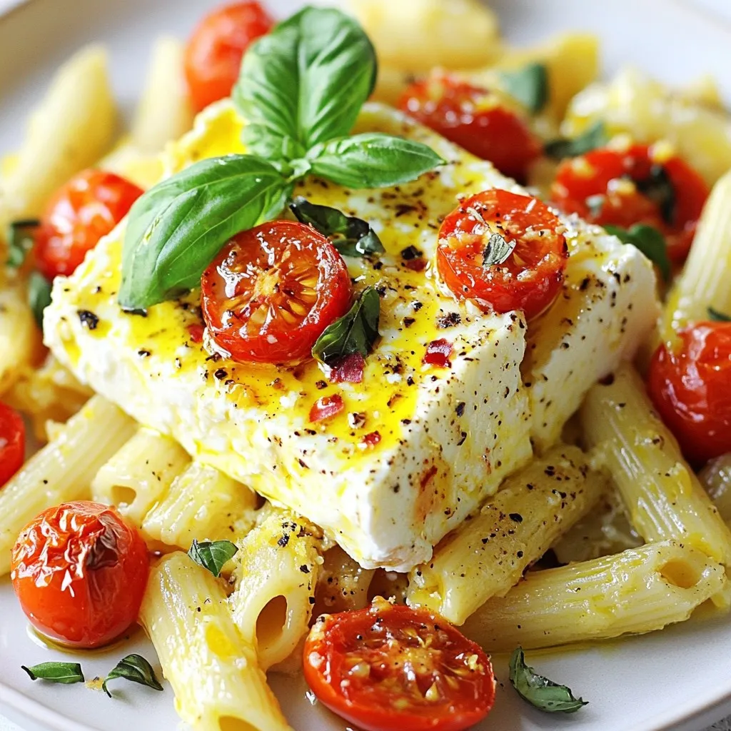 - Pasta options: You can use penne or fusilli. Both hold sauce well. - Feta cheese: This cheese is creamy and salty. It melts into a rich sauce. - Cherry tomatoes: They add sweetness and acidity. Roasting makes them burst with flavor. - Garlic: Minced garlic gives depth and aroma to the dish. - Extra virgin olive oil: This oil adds richness and helps with roasting. It enhances the flavors. - Dried oregano: This herb brings a classic Mediterranean taste. It pairs well with feta. - Red pepper flakes: Use these for heat. Adjust the amount to your spice liking. - Fresh basil: This herb adds freshness and color. It brightens the dish. - Lemon zest and juice: These add brightness. They balance the creaminess of the feta. {{ingredient_image_2}} 1. Preheat your oven to 400&deg;F (200&deg;C). This step is key for roasting. 2. Prepare your dish. Place a block of feta cheese in the center of a baking dish. 3. Arrange the tomatoes. Halve the cherry tomatoes and spread them around the feta. 4. Add garlic. Mince four cloves of garlic and sprinkle them over the mix. 5. Drizzle with olive oil. Use about 1/4 cup for a rich flavor. 6. Season generously. Add dried oregano, red pepper flakes, salt, and black pepper. 1. Salt your water. This adds flavor to the pasta as it cooks. 2. Bring a large pot of salted water to a boil. 3. Cook the pasta. Add 200g of penne or fusilli. Follow package instructions for al dente, usually around 8-10 minutes. 4. Reserve pasta water. Save 1/2 cup of the water before draining. 1. Mix the baked goods. When the feta and tomatoes are ready, mash them gently with a fork. 2. Add the pasta. Combine the drained pasta with the creamy mix in the baking dish. 3. Incorporate the pasta water. This helps create a smooth sauce. 4. Add lemon zest and juice. The zest of one lemon adds brightness. 5. Taste and adjust. Add more salt or pepper to ensure perfect flavor. The secret to great pasta is the cooking water. Always save some before draining. This water has starch, which helps the sauce stick. It also adds creaminess. You might need about 1/2 cup for this recipe. Adjust the spice level with red pepper flakes. If you like mild dishes, start with a pinch. If you love heat, add more. You can always sprinkle more on top when serving. For a striking presentation, use shallow bowls or a large platter. This lets the vibrant colors of the dish shine. A sprinkle of extra red pepper flakes on top adds a nice pop. Pair this pasta with a fresh salad or garlic bread. For drinks, a crisp white wine or sparkling water works well. Pro Tips Choose the Right Pasta: Opt for pasta shapes like penne or fusilli that hold the sauce well, enhancing every bite with flavor. Use High-Quality Feta: The quality of the feta cheese can significantly impact the dish. Look for a creamy, full-flavored feta for the best results. Customize Your Spice Level: Adjust the amount of red pepper flakes according to your spice preference for a dish that suits your taste. Add Freshness: Don&rsquo;t skip the fresh basil garnish; it adds a delightful freshness that complements the richness of the feta and tomatoes. {{image_4}} You can switch the feta cheese for other options to change the taste. Here are a few ideas: - Goat cheese: This gives a tangy flavor and creamy texture. - Cream cheese: For a richer, smoother sauce, try cream cheese. - Ricotta: If you want a lighter option, ricotta works well. Adding more veggies can boost nutrition and flavor. Consider these: - Spinach: Fresh or frozen spinach adds color and nutrients. - Zucchini: Sliced zucchini can add a nice crunch. - Bell peppers: Chopped bell peppers will give sweetness and color. You can control how spicy your dish is by adjusting the red pepper flakes. Here&rsquo;s how: - Less heat: Use only a pinch of red pepper flakes for a mild taste. - No spice: Omit the flakes entirely for a gentle flavor. Fresh herbs can elevate the dish. Here are a few suggestions: - Basil: Add more fresh basil for a sweet, fragrant taste. - Parsley: Chopped parsley offers a fresh and bright note. - Thyme: A sprinkle of thyme can add an earthy flavor. To store leftovers, let the pasta cool completely. Place it in an airtight container. This helps keep it fresh for up to three days in the fridge. When you&rsquo;re ready to eat, reheat the pasta in a skillet over medium heat. Add a splash of olive oil or a bit of water to keep it moist. Stir often until it&rsquo;s warm. You can also use a microwave for quick reheating. Just cover the dish to avoid drying out. Yes, you can freeze Baked Feta Pasta! It freezes well for up to three months. To freeze, let the pasta cool completely. Then, portion it into freezer-safe bags. Squeeze out the air before sealing. This helps prevent freezer burn. When you&rsquo;re ready to enjoy it, thaw the pasta overnight in the fridge. Reheat it in a skillet or microwave. Add some fresh herbs or a drizzle of olive oil for extra flavor. This keeps your dish tasty and fresh! Baked Feta Pasta went viral for its ease and taste. This dish uses simple ingredients that many people already have at home. The creamy feta and sweet tomatoes blend well, creating a rich sauce. Social media helped spread this recipe quickly. People love to share their results online. The dish looks great and tastes even better. It&rsquo;s perfect for busy weeknights or special gatherings. Yes, you can prepare some parts in advance. Cook the pasta and store it in the fridge. You can also bake the feta and tomatoes ahead. Just reheat them in the oven before mixing. If you store it properly, it lasts for about three days. Keep the pasta separate from the sauce to avoid sogginess. This makes it easy to enjoy fresh flavors later. Many sides pair well with Baked Feta Pasta. A simple green salad adds freshness. Garlic bread is also a great choice for dipping. Roasted vegetables bring added color and flavor. For something light, consider steamed broccoli or asparagus. You can also serve a light white wine for a nice touch. These sides enhance the meal and keep it balanced. In summary, the key to making viral baked feta pasta lies in simple, quality ingredients. You need the right pasta, flavorful feta, fresh tomatoes, and garlic. Season it well with olive oil, herbs, and spices for the best taste. Follow the steps to bake, cook pasta, and mix everything into a creamy delight. Remember, you can adapt this dish to suit your taste. With helpful tips for storage and serving, it's easy to make it your own. Enjoy sharing this tasty dish with friends and family!